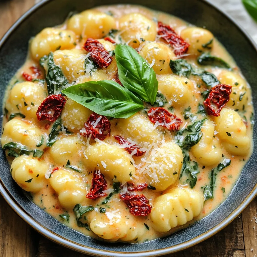 - 1 package (16 oz) gnocchi - 1 cup sun-dried tomatoes, chopped - 1 cup heavy cream - 1 cup fresh spinach - 1/2 cup grated Parmesan cheese - 2 tablespoons olive oil - 2 cloves garlic, minced - 1 teaspoon dried basil - 1/2 teaspoon red pepper flakes (optional) - Salt and pepper to taste - Fresh basil leaves for garnish Gather these ingredients before you start cooking. This will make your process smooth and fun. Gnocchi is a soft pasta made from potatoes, and it shines in this creamy dish. Sun-dried tomatoes add a tangy punch that pairs well with the cream. The heavy cream gives the dish its rich texture, while fresh spinach adds a pop of color and nutrients. The Parmesan cheese melts beautifully, enhancing the flavor. Olive oil and garlic create a lovely aroma when sautéed. Dried basil gives an herbaceous note, and red pepper flakes add a hint of heat, if you choose to use them. Salt and pepper round out the flavors, ensuring every bite is delicious. Finally, fresh basil leaves add a bright finish. This mix of ingredients creates a savory delight that you'll want to enjoy again and again. As you cook, feel free to taste and adjust the seasonings to match your preference. Happy cooking! To start, fill a large pot with water. Add a good amount of salt. Bring the water to a rolling boil. Once boiling, add the gnocchi. Cook them for about 2-3 minutes. They are done when they float to the top. Use a slotted spoon to remove them. Drain and set the gnocchi aside. Next, heat a large skillet over medium heat. Add 2 tablespoons of olive oil. Once the oil is hot, add 2 cloves of minced garlic. Sauté for 1-2 minutes. Watch the garlic closely to avoid burning. If it browns too much, it can taste bitter. Add 1 cup of chopped sun-dried tomatoes to the skillet. Stir for another minute. Then pour in 1 cup of heavy cream. Bring the mixture to a gentle simmer. This step is key. Simmering helps blend all the flavors nicely. Now, it’s time to add the cheese. Stir in 1/2 cup of grated Parmesan cheese. Mix until it melts into the sauce. The sauce should feel creamy and smooth. If it’s too thick, add a splash of cream or water. Next, toss in 1 cup of fresh spinach. Add 1 teaspoon of dried basil and red pepper flakes if you want some heat. Cook for about 2-3 minutes. The spinach will wilt down. Taste the sauce and adjust with salt and pepper as needed. Gently fold in the cooked gnocchi. Make sure each piece is well coated in the sauce. Use a spatula to be gentle. Finally, plate the gnocchi and top with fresh basil leaves. This adds a lovely touch and extra flavor. Enjoy your creamy sun-dried tomato gnocchi! To get the best creamy texture, start with heavy cream. This gives a rich base. If your sauce is too thick, add a splash of pasta water. This helps loosen it without losing flavor. If you want it creamier, stir in more heavy cream slowly. Adding fresh herbs like thyme or parsley brightens the dish. You can also sprinkle in dried herbs. For a spicy kick, use red pepper flakes. Just a pinch adds warmth. Add more if you like it hot! This dish pairs well with garlic bread or a fresh salad. A glass of white wine, like Sauvignon Blanc, complements it nicely. For garnishing, use fresh basil leaves. They add color and freshness, making your dish pop! {{image_2}} You can make this dish vegan by omitting the cheese. Instead, try using nutritional yeast for a cheesy flavor. You can also replace heavy cream with coconut milk. For veggies, add mushrooms or bell peppers. These changes keep the dish tasty and fresh. To make it more filling, add chicken or shrimp. For chicken, cook bite-sized pieces in the skillet for 6-8 minutes until golden. For shrimp, cook them for 3-4 minutes, until they turn pink. Both options blend well with the creamy sauce. If you need a gluten-free option, use gluten-free gnocchi. These are widely available in stores. To keep the flavor strong, add more herbs and spices. This way, you won’t miss the original taste. To keep leftovers fresh, store the gnocchi in an airtight container. This helps avoid moisture loss. I recommend using glass containers for best results. They do not retain odors and keep food safe. You can refrigerate it for up to three days. To freeze cooked gnocchi, let it cool completely. Spread it on a baking sheet in a single layer. Freeze for one hour, then transfer the gnocchi to a freezer bag. Remove as much air as possible. This method prevents sticking. You can freeze it for up to three months. To defrost, transfer the gnocchi to the fridge overnight. You can also defrost it in the microwave on low. This will save time and keep it soft. To reheat without losing texture, I recommend using the stovetop. Heat a non-stick skillet over medium heat. Add a splash of water or broth to help steam the gnocchi. Stir gently until heated through. You can also use a microwave. Place the gnocchi in a microwave-safe bowl. Add a splash of cream or water. Cover it loosely and heat for 1-2 minutes. Stir halfway through for even heating. You can serve this dish with many tasty sides. Here are some great options: - Garlic bread: It adds a crunchy texture. - Mixed green salad: Fresh greens balance the creamy sauce. - Roasted vegetables: Carrots or zucchini work well. - Wine: Pair it with a light white wine or a Pinot Grigio. Yes, you can prepare parts of this dish ahead of time. Follow these tips: - Cook the gnocchi and store it in the fridge for up to two days. - Make the creamy sauce in advance and refrigerate it. - Combine both just before serving for the best taste. Store your leftovers properly to keep them fresh. Here’s how: - Place the gnocchi in an airtight container. - Refrigerate for up to three days. - For longer storage, freeze it in a freezer-safe container for up to a month. You can use fresh or packaged gnocchi. Here’s what to consider: - Fresh gnocchi cooks faster and has a softer texture. - Packaged gnocchi is easy to find and still delicious. - Both types will soak up the creamy sauce well. This blog covered how to make creamy sun-dried tomato gnocchi. We explored the ingredients, cooking methods, and tips for perfect texture and flavor. Remember, you can customize this dish with proteins or vegetables. Leftovers can stay fresh, and reheating is easy. Enjoy making this dish for your next meal or gathering. It’s a great way to impress friends and family with your cooking skills!
