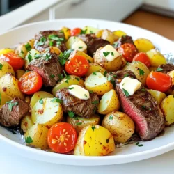 - 1 lb flank steak - 4 medium potatoes - 4 tablespoons unsalted butter - 4 cloves garlic Flank steak is a great choice for this dish. It cooks well and stays tender. Cut it into bite-sized pieces to make sure it cooks evenly. Potatoes add heartiness and balance the meal. Use medium potatoes and dice them for quick cooking. Butter makes everything rich and gives a nice flavor. Garlic adds a punch that everyone loves. - 1 teaspoon smoked paprika - 1 teaspoon dried thyme - Salt and pepper to taste Seasonings are key for bringing out flavors. Smoked paprika gives a hint of smokiness. Dried thyme adds a nice herbal touch. Don’t forget salt and pepper! They enhance all the other flavors in the pack. - 1 cup cherry tomatoes - Fresh parsley Cherry tomatoes add color and sweetness. Halve them for easy layering in your foil pack. Fresh parsley is a great garnish. It adds a pop of green and freshness to your meal. Plus, it makes your dish look fancy! - Preheat the grill to medium-high heat, around 400°F or 200°C. - In a large bowl, combine the diced potatoes, melted butter, minced garlic, smoked paprika, thyme, salt, and pepper. Toss well until the potatoes are coated. - Cut four large pieces of aluminum foil, about 12x18 inches each. - In the center of each piece, add some garlic butter potato mix, followed by the steak pieces and halved cherry tomatoes. - Place the foil packs on the grill. Cook for 20-25 minutes. Turn them occasionally. Check that the potatoes are tender and the steak is cooked to your liking. - Carefully open the packs, watching for steam. Garnish with fresh parsley before serving. - Choosing the right cut of steak: For this dish, flank steak works great. It has good flavor and cooks fast. You can also try sirloin or ribeye for extra tenderness. Always choose fresh meat for the best taste. - Enhancing garlic flavor: Use fresh garlic for a strong taste. Mince it well to release its oils. You can even add some garlic powder for more depth. Just remember, balance is key. Too much garlic can overpower other flavors. - Ensuring even cooking: When you cook the foil packs, make sure they are not too crowded. Space the steak and potatoes evenly. This helps everything cook at the same time. Turn the packs halfway through cooking for even heat. - Using a meat thermometer: To check doneness, use a meat thermometer. Cook the steak to about 135°F for medium-rare. This way, you avoid overcooking and keep it juicy. Always insert the thermometer in the thickest part of the meat. - Presentation tips: Serve the foil packs right on the plate. Let diners open them at the table. This adds excitement and lets the aroma fill the air. Sprinkle fresh parsley on top for a nice touch. - Pairing ideas: Pair these packs with a light salad or some grilled veggies. A cold drink or a nice wine can round out the meal. Feel free to experiment and find your favorite combinations! {{image_2}} You can change the steak type for this recipe. Try sirloin or ribeye for a richer taste. If you want a leaner option, go for tenderloin. These swaps give you more flavor choices. For veggies, swap potatoes with sweet potatoes or zucchini. You can also add bell peppers or carrots for a colorful mix. These changes let you customize the dish to your taste. Grilling is not the only way to cook these foil packs. You can bake them in the oven too. Set the oven to 400°F (200°C) and place the packs on a baking sheet. Bake for 25-30 minutes. The result will be just as tasty. If you're camping, foil packs can go over a campfire. Wrap them well to avoid leaks. Place them on hot coals for about 20-25 minutes. This method adds a smoky flavor that is hard to beat. Want to change the flavor? Add fresh herbs or spices. Try rosemary or basil for a fresh kick. You can also use red pepper flakes for some heat. Using flavored butters is another great way to enhance the taste. Look for garlic herb butter or chipotle butter at the store. These options can add a unique twist to your foil packs. To store leftovers, let the foil packs cool first. Then, transfer the contents to an airtight container. This keeps the flavors fresh and prevents spoilage. I recommend using glass or plastic containers with tight lids. They help maintain taste and keep the food safe. The best way to reheat your steak and potato packs is in the oven. Set it to 350°F (175°C). Place the contents in a baking dish and cover it with foil. This method warms the food evenly. You can also use a microwave if you're in a hurry. But be careful! Heat it in short bursts to avoid overcooking. You can freeze the foil packs both ways. For best results, freeze them before cooking. Just wrap them tightly in foil and place them in a freezer bag. When you're ready to cook, thaw them overnight in the fridge. If you freeze after cooking, store them in an airtight container. Thaw them before reheating to keep the texture right. To make Garlic Butter Steak & Potato Foil Packs, you start by preheating your grill. You need to mix diced potatoes, melted butter, minced garlic, smoked paprika, dried thyme, salt, and pepper in a bowl. Cut four large pieces of aluminum foil. In the center of each piece, add the potato mix, steak pieces, and cherry tomatoes. Fold the foil tightly to form packets. Grill the packs for 20-25 minutes, turning them occasionally until the steak is cooked and the potatoes are tender. Yes, you can use other types of potatoes. Options like red potatoes or Yukon gold work well. These potatoes have a creamy texture and great flavor. They also hold up well during cooking. Just remember to dice them into small pieces for even cooking. Flank steak is a great choice for foil packs. It cooks quickly and is very flavorful. You could also use sirloin or ribeye for even richer taste. Both options provide a tender bite. Just make sure to cut them into small pieces for easy cooking. Cook the foil packs on the grill for 20-25 minutes. Turn them occasionally to ensure even cooking. Check that the steak is at your preferred doneness. The potatoes should be soft when pierced with a fork. Yes, you can prepare this dish ahead of time. You can mix the potatoes and seasonings, then store them in the fridge. You can also cut the steak and prepare the foil packs. Just remember to cook them within 24 hours for the best flavor and texture. In summary, I covered how to make Garlic Butter Steak & Potato Foil Packs. You learned about key ingredients, from flank steak to seasonings. I shared step-by-step instructions for preparing and cooking. Tips on flavor and technique will boost your dish’s quality. Variations allow for endless creativity. Finally, storage tips keep leftovers fresh. Enjoy grilling and experimenting with this easy, tasty meal!