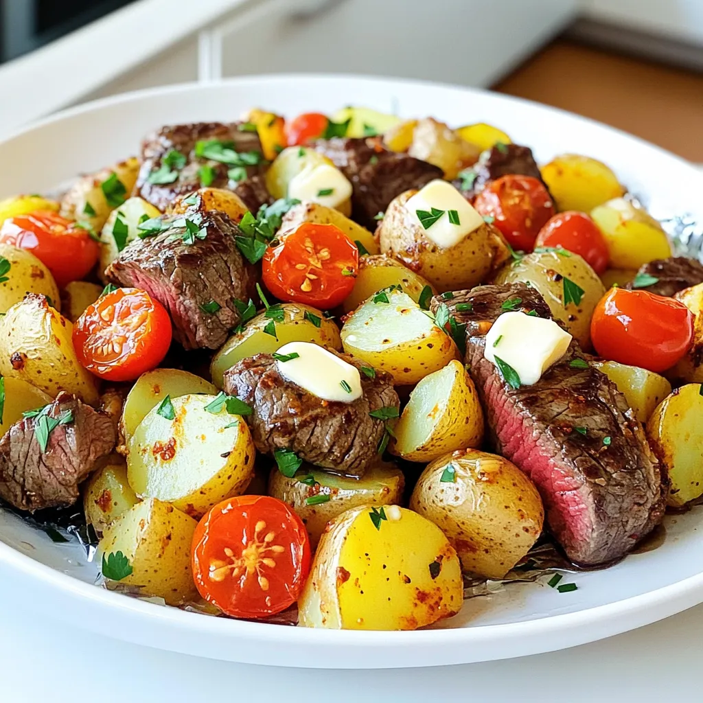 - 1 lb flank steak - 4 medium potatoes - 4 tablespoons unsalted butter - 4 cloves garlic Flank steak is a great choice for this dish. It cooks well and stays tender. Cut it into bite-sized pieces to make sure it cooks evenly. Potatoes add heartiness and balance the meal. Use medium potatoes and dice them for quick cooking. Butter makes everything rich and gives a nice flavor. Garlic adds a punch that everyone loves. - 1 teaspoon smoked paprika - 1 teaspoon dried thyme - Salt and pepper to taste Seasonings are key for bringing out flavors. Smoked paprika gives a hint of smokiness. Dried thyme adds a nice herbal touch. Don’t forget salt and pepper! They enhance all the other flavors in the pack. - 1 cup cherry tomatoes - Fresh parsley Cherry tomatoes add color and sweetness. Halve them for easy layering in your foil pack. Fresh parsley is a great garnish. It adds a pop of green and freshness to your meal. Plus, it makes your dish look fancy! - Preheat the grill to medium-high heat, around 400°F or 200°C. - In a large bowl, combine the diced potatoes, melted butter, minced garlic, smoked paprika, thyme, salt, and pepper. Toss well until the potatoes are coated. - Cut four large pieces of aluminum foil, about 12x18 inches each. - In the center of each piece, add some garlic butter potato mix, followed by the steak pieces and halved cherry tomatoes. - Place the foil packs on the grill. Cook for 20-25 minutes. Turn them occasionally. Check that the potatoes are tender and the steak is cooked to your liking. - Carefully open the packs, watching for steam. Garnish with fresh parsley before serving. - Choosing the right cut of steak: For this dish, flank steak works great. It has good flavor and cooks fast. You can also try sirloin or ribeye for extra tenderness. Always choose fresh meat for the best taste. - Enhancing garlic flavor: Use fresh garlic for a strong taste. Mince it well to release its oils. You can even add some garlic powder for more depth. Just remember, balance is key. Too much garlic can overpower other flavors. - Ensuring even cooking: When you cook the foil packs, make sure they are not too crowded. Space the steak and potatoes evenly. This helps everything cook at the same time. Turn the packs halfway through cooking for even heat. - Using a meat thermometer: To check doneness, use a meat thermometer. Cook the steak to about 135°F for medium-rare. This way, you avoid overcooking and keep it juicy. Always insert the thermometer in the thickest part of the meat. - Presentation tips: Serve the foil packs right on the plate. Let diners open them at the table. This adds excitement and lets the aroma fill the air. Sprinkle fresh parsley on top for a nice touch. - Pairing ideas: Pair these packs with a light salad or some grilled veggies. A cold drink or a nice wine can round out the meal. Feel free to experiment and find your favorite combinations! {{image_2}} You can change the steak type for this recipe. Try sirloin or ribeye for a richer taste. If you want a leaner option, go for tenderloin. These swaps give you more flavor choices. For veggies, swap potatoes with sweet potatoes or zucchini. You can also add bell peppers or carrots for a colorful mix. These changes let you customize the dish to your taste. Grilling is not the only way to cook these foil packs. You can bake them in the oven too. Set the oven to 400°F (200°C) and place the packs on a baking sheet. Bake for 25-30 minutes. The result will be just as tasty. If you're camping, foil packs can go over a campfire. Wrap them well to avoid leaks. Place them on hot coals for about 20-25 minutes. This method adds a smoky flavor that is hard to beat. Want to change the flavor? Add fresh herbs or spices. Try rosemary or basil for a fresh kick. You can also use red pepper flakes for some heat. Using flavored butters is another great way to enhance the taste. Look for garlic herb butter or chipotle butter at the store. These options can add a unique twist to your foil packs. To store leftovers, let the foil packs cool first. Then, transfer the contents to an airtight container. This keeps the flavors fresh and prevents spoilage. I recommend using glass or plastic containers with tight lids. They help maintain taste and keep the food safe. The best way to reheat your steak and potato packs is in the oven. Set it to 350°F (175°C). Place the contents in a baking dish and cover it with foil. This method warms the food evenly. You can also use a microwave if you're in a hurry. But be careful! Heat it in short bursts to avoid overcooking. You can freeze the foil packs both ways. For best results, freeze them before cooking. Just wrap them tightly in foil and place them in a freezer bag. When you're ready to cook, thaw them overnight in the fridge. If you freeze after cooking, store them in an airtight container. Thaw them before reheating to keep the texture right. To make Garlic Butter Steak & Potato Foil Packs, you start by preheating your grill. You need to mix diced potatoes, melted butter, minced garlic, smoked paprika, dried thyme, salt, and pepper in a bowl. Cut four large pieces of aluminum foil. In the center of each piece, add the potato mix, steak pieces, and cherry tomatoes. Fold the foil tightly to form packets. Grill the packs for 20-25 minutes, turning them occasionally until the steak is cooked and the potatoes are tender. Yes, you can use other types of potatoes. Options like red potatoes or Yukon gold work well. These potatoes have a creamy texture and great flavor. They also hold up well during cooking. Just remember to dice them into small pieces for even cooking. Flank steak is a great choice for foil packs. It cooks quickly and is very flavorful. You could also use sirloin or ribeye for even richer taste. Both options provide a tender bite. Just make sure to cut them into small pieces for easy cooking. Cook the foil packs on the grill for 20-25 minutes. Turn them occasionally to ensure even cooking. Check that the steak is at your preferred doneness. The potatoes should be soft when pierced with a fork. Yes, you can prepare this dish ahead of time. You can mix the potatoes and seasonings, then store them in the fridge. You can also cut the steak and prepare the foil packs. Just remember to cook them within 24 hours for the best flavor and texture. In summary, I covered how to make Garlic Butter Steak & Potato Foil Packs. You learned about key ingredients, from flank steak to seasonings. I shared step-by-step instructions for preparing and cooking. Tips on flavor and technique will boost your dish’s quality. Variations allow for endless creativity. Finally, storage tips keep leftovers fresh. Enjoy grilling and experimenting with this easy, tasty meal!