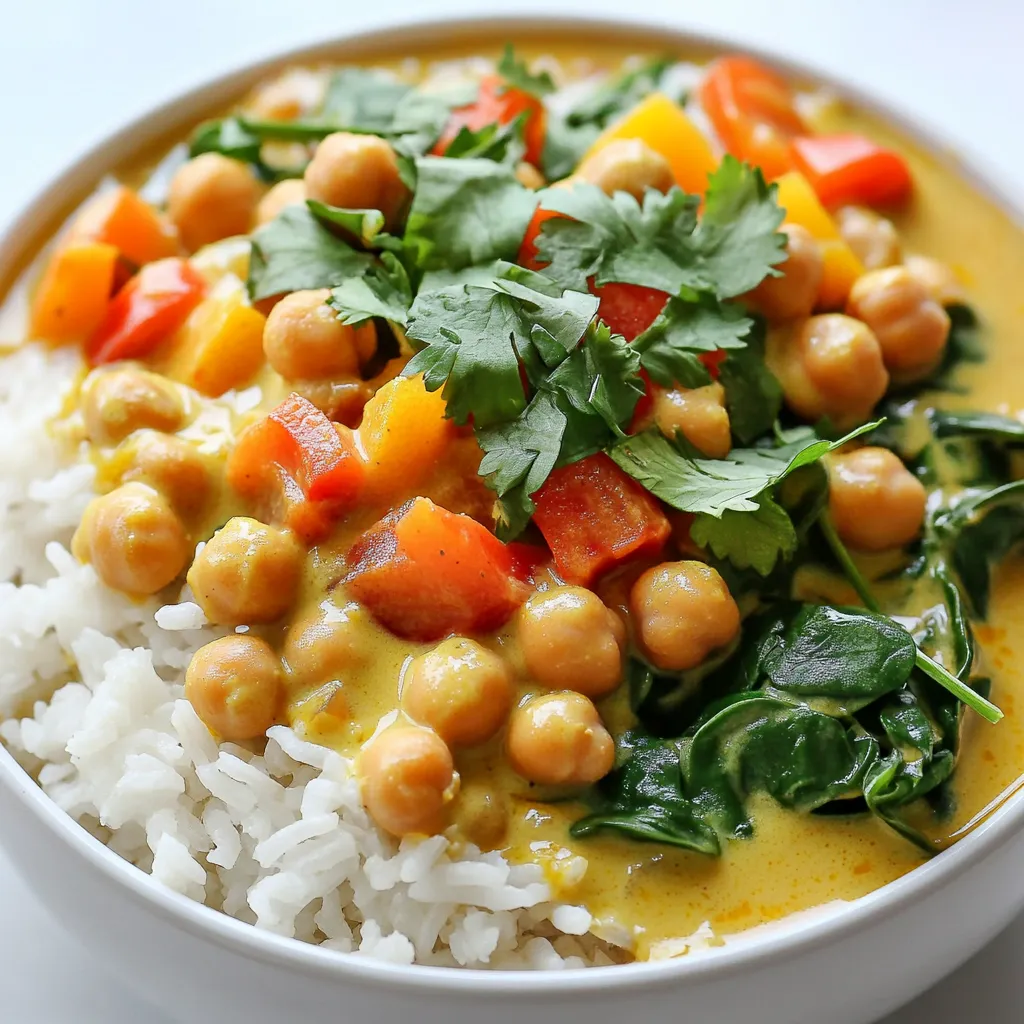 For a tasty Slow Cooker Coconut Curry Chickpeas dish, gather these main items: - 2 cups canned chickpeas, drained and rinsed - 1 can (14 oz) coconut milk - 1 medium onion, finely chopped - 3 cloves garlic, minced - 1-inch piece ginger, grated - 1 bell pepper (red or yellow), diced - 2 medium carrots, sliced - 2 cups baby spinach These ingredients create a rich and creamy base. The chickpeas add protein, while the coconut milk gives a smooth texture. You will also need some pantry staples for flavor: - 1 tablespoon curry powder - 1 teaspoon turmeric - 1 teaspoon cumin - 1 teaspoon coriander - 1 tablespoon soy sauce or tamari - Salt and pepper to taste These spices bring warmth and depth to the dish. They blend well with the coconut milk and veggies. To boost the taste even more, consider these optional ingredients: - 1 tablespoon maple syrup or honey (for sweetness) - Fresh cilantro for garnish - Cooked rice or quinoa for serving The sweetener balances the spices, and cilantro adds freshness. Serving with rice or quinoa makes it a complete meal. Start by chopping the onion into small pieces. Mince the garlic cloves and grate the ginger. These ingredients form the base of the curry. Next, slice the carrots into thin rounds. Dice the bell pepper into bite-sized pieces. This mix of colors will make the dish pop. Layer the chopped onion, minced garlic, and grated ginger at the bottom of the slow cooker. Then, add the drained chickpeas, diced bell pepper, and sliced carrots. In a bowl, whisk the coconut milk with curry powder, turmeric, cumin, coriander, soy sauce, and maple syrup. Pour this creamy mix over the veggies and chickpeas. Stir everything gently to coat the ingredients well. Finally, season with salt and pepper to taste. Cover the slow cooker and choose your cooking time. If you're short on time, set it to high heat for 3-4 hours. For a deeper flavor, use the low heat setting for 6-8 hours. The veggies should be soft and tender when done. About 15 minutes before you serve, stir in the baby spinach. It will wilt perfectly into the curry. Taste it and adjust the seasoning if needed. To boost the flavor of your coconut curry, use fresh spices. Fresh ginger and garlic add a nice kick. You can also toast the spices in a pan before adding them. This brings out their oils and flavors. A splash of lime juice before serving brightens the dish. If you like sweetness, add maple syrup or honey. It balances the spices nicely. For a creamy curry, use full-fat coconut milk. It gives a rich texture that is hard to beat. If your curry is too thick, add a bit of water. Stir it well to combine. To prevent curdling, don’t cook on high heat for too long. Stir gently when adding delicate ingredients like spinach. This keeps everything silky and smooth. Serve your coconut curry over fluffy rice or quinoa. This soaks up the delicious sauce well. Fresh cilantro adds a burst of color and flavor. You can also squeeze some lime juice on top for tanginess. For a complete meal, serve with naan or pita bread. It’s perfect for dipping into the curry. Enjoy your meal! {{image_2}} You can easily change this dish to fit your needs. If you want it gluten-free, use tamari instead of soy sauce. For a nut-free option, skip any nut-based toppings. If you are vegan, feel free to use maple syrup instead of honey. You can also swap out the coconut milk for a nut milk if you prefer. Each change can keep the flavor while making it fit your diet. This coconut curry is great with extra protein. You can add cooked lentils or tofu for more texture. If you want to add meat, chicken or shrimp can work well too. For veggies, try adding sweet potatoes, peas, or zucchini. These will make the dish heartier and more colorful. Just remember to adjust cooking times for any added ingredients. To spice things up, add chopped chili peppers, cayenne pepper, or a dash of hot sauce. If you prefer milder flavors, cut back on the curry powder or use a sweet curry blend. You can also add more coconut milk to tone down the spice. The beauty of this dish is in its flexibility; you can always adjust to suit your taste. To keep your slow cooker coconut curry chickpeas fresh, let them cool first. Use an airtight container for storage. This will help keep the flavors intact. Place the container in the fridge if you plan to eat them within a few days. For longer storage, you can freeze them. When you are ready to enjoy your leftovers, reheating is key. You can do this on the stove or in the microwave. If using the stove, add a splash of water or coconut milk to keep it moist. Heat it on low until warm. If using the microwave, heat in short bursts. Stir in between to ensure even warming. Freezing is a great option if you want to save some for later. Portion the chickpeas into smaller containers. Leave some space at the top for expansion. They can last in the freezer for up to three months. To thaw, simply move them to the fridge overnight before reheating. Yes, you can use dried chickpeas. However, you need to soak them first. Soak them overnight in water. After soaking, cook them until tender. This takes about 1 to 2 hours. Then, you can add them to your slow cooker. This method gives a nice texture to the dish. Coconut curry chickpeas last about 3 to 5 days in the fridge. Store it in an airtight container. Make sure it cools down before sealing. This will help keep the flavors fresh. Reheat it on the stove or in the microwave before serving. You can serve coconut curry chickpeas with rice or quinoa. Both soak up the sauce well. Naan or pita bread also works great. They add a nice touch and help you enjoy every bite. Don’t forget to sprinkle fresh cilantro on top for flavor. This dish is already vegan-friendly! Just use soy sauce or tamari. If you want to add sweetness, use maple syrup instead of honey. All other ingredients are plant-based. Enjoy this tasty meal without any animal products. In this post, we explored how to make coconut curry chickpeas. We looked at essential ingredients, prep steps, cooking methods, and tips for flavor. You learned about storage and tasty variations too. Coconut curry chickpeas are easy to enjoy any day. With simple swaps, you can cater to diets and spice levels. Remember, cooking should be fun and suit your taste. Enjoy your kitchen adventure!