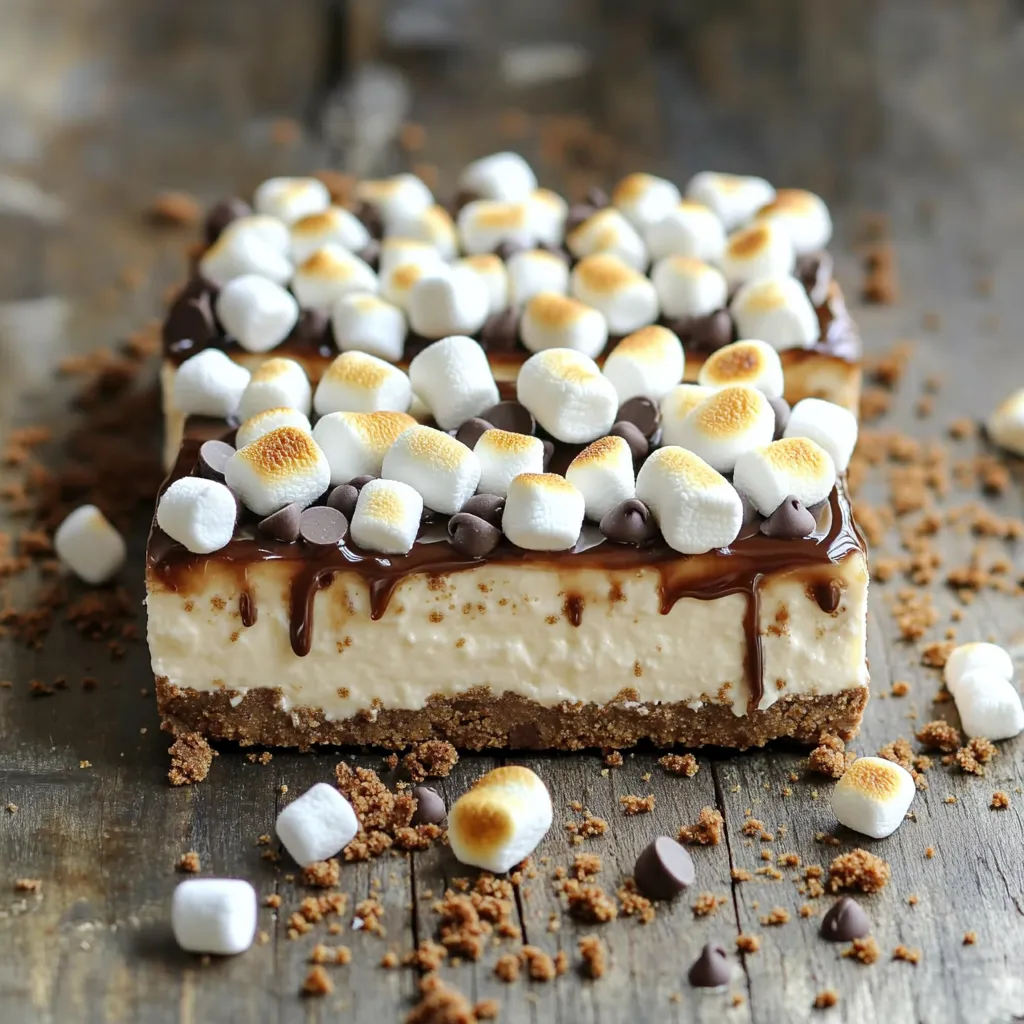 - 1 ½ cups graham cracker crumbs - ½ cup unsweetened cocoa powder - ½ cup unsalted butter, melted - 2 tablespoons sugar - 16 oz cream cheese, softened - 1 cup powdered sugar - 1 teaspoon vanilla extract - 1 cup heavy whipping cream - 1 cup mini marshmallows - ½ cup chocolate chips - ½ cup toasted mini marshmallows (for topping) - 9x9 inch square pan - Mixing bowls - Electric mixer or whisk - Rubber spatula Gathering these ingredients is key for your no-bake s'mores cheesecake bars. The graham cracker crumbs give a sweet crunch, while the cocoa powder adds rich chocolate flavor. Melting unsalted butter helps bind the crust. Cream cheese forms the base of the cheesecake, making it creamy and smooth. Make sure your cream cheese is softened. This step helps in mixing it easily with sugar and vanilla. Heavy whipping cream is crucial for lightness. Whipping it to stiff peaks gives your bars a fluffy texture. Mini marshmallows and chocolate chips are fun additions, giving each bite a delightful surprise. Toasted mini marshmallows on top add a nice finish and a classic s'mores look. You will also need a sturdy 9x9 inch square pan. This size is perfect for cutting bars. Mixing bowls are essential for combining ingredients. An electric mixer or whisk will help you mix the cream cheese smoothly. Finally, a rubber spatula is great for spreading the filling evenly. With these ingredients and tools, you're ready to create a delicious treat that will impress anyone! - In a large bowl, combine 1 ½ cups graham cracker crumbs, ½ cup unsweetened cocoa powder, ½ cup melted unsalted butter, and 2 tablespoons sugar. - Mix until the crumbs look like wet sand. - Press this mixture firmly into the bottom of a greased 9x9 inch square pan. Make sure it is even and compact. - In another bowl, beat 16 oz of softened cream cheese, 1 cup powdered sugar, and 1 teaspoon vanilla extract until smooth and creamy. - In a separate bowl, whip 1 cup of heavy whipping cream until stiff peaks form. - Gently fold this whipped cream into the cream cheese mixture until well mixed. - Fold in 1 cup of mini marshmallows and ½ cup of chocolate chips into the cream cheese mixture for fun textures. - Spread the creamy filling evenly over the prepared crust. - Use a spatula to smooth the top. - Sprinkle ½ cup of toasted mini marshmallows over the cheesecake layer. - Refrigerate the bars for at least 4 hours, or until they set firmly. - Once set, cut into squares and serve. Enjoy the delicious taste of s'mores in every bite! To get a creamy cheesecake filling, start with soft cream cheese. Let it sit at room temperature for about 30 minutes. This helps it blend well. When mixing, beat until smooth but don’t overdo it. You want it creamy, not airy. To fold in whipped cream without losing air, use a gentle motion. Start by adding a spoonful of whipped cream into the cream cheese mix. Stir to lighten the mixture. Then, gradually add the rest of the whipped cream. Use a rubber spatula to lift and fold. This keeps the filling light and fluffy. For a rustic s'mores look, serve each bar on a small plate. Drizzle chocolate syrup over them. Scatter some graham cracker crumbs on top. This adds a fun touch and makes it pretty! Pair these treats with a cold glass of milk. You can also serve them with coffee or a sweet dessert wine. They go well with ice cream, too. Make sure your cream cheese is at room temperature before mixing. Cold cream cheese will not blend smoothly. This can lead to lumps in your filling. Avoid overmixing the filling once you add the whipped cream. Overmixing can make the cheesecake dense. You want it to stay light and airy for the best taste and texture. {{image_2}} You can switch up the flavors in these cheesecake bars. Try using peanut butter instead of chocolate. It adds a great nutty taste. You can also swap chocolate for caramel. The sweet and salty mix is delightful. For toppings, consider adding nuts or fruits. Chopped pecans or almonds give crunch. Fresh berries can add a burst of flavor. Get creative with what you like! If you want a lighter version, use low-fat cream cheese. This keeps the flavor but cuts some calories. You can also use alternative sweeteners like stevia or honey. These can help reduce sugar content. For those needing gluten-free options, look for gluten-free graham crackers. Many brands offer tasty choices that work well. You can make individual servings by using small cups. Just follow the same steps as the bars. Press the crust into each cup. Then, fill with the cheesecake mix. Top with toasted mini marshmallows like usual. These mini cups are perfect for parties or gatherings. They make serving easy and fun! To keep your no-bake s'mores cheesecake bars fresh, store them in the refrigerator. Use an airtight container to prevent them from drying out. This method keeps the bars creamy and tasty. - Recommended airtight containers: - Glass containers with tight lids - Plastic containers with secure seals This way, your cheesecake bars stay delicious for up to a week. You can also freeze your s'mores cheesecake bars for longer storage. Cut the bars into squares before freezing. Wrap each square tightly in plastic wrap. Then place them in a freezer-safe container. - Tips for freezing: - Label the container with the date - Consume within three months for the best flavor When you're ready to enjoy, thaw the bars in the fridge overnight. This helps maintain the creamy texture. If you're in a hurry, you can let them sit at room temperature for about 30 minutes. Enjoy your treat when it's just right! Yes, you can. I recommend making these bars a day before you serve them. This gives them enough time to set up nicely in the fridge. They get even better as they chill. Leftovers will last about 3 to 5 days in the fridge. Make sure to store them in an airtight container. This keeps them fresh and tasty. Check for any changes in texture or smell before eating. Absolutely! You can swap the graham cracker crust for a cookie crust. Try using Oreos or digestive biscuits. Each crust adds a unique flavor, so feel free to experiment. Just remember, the taste will change with the crust you choose. Yes, you can make a vegan version! Use vegan cream cheese and coconut cream instead of heavy whipping cream. For the butter, replace it with coconut oil or vegan butter. These changes keep the taste delicious while making it dairy-free. This blog post shared how to make delicious s'mores cheesecake bars. You learned about the key ingredients and tools needed. I walked you through each step, from making the crust to chilling the bars. Tips helped ensure a perfect texture and added fun variations. Remember to store leftovers properly and consider healthier swaps. Embrace these ideas to create mouthwatering treats that wow your friends. Enjoy your baking adventure and share your tasty results!