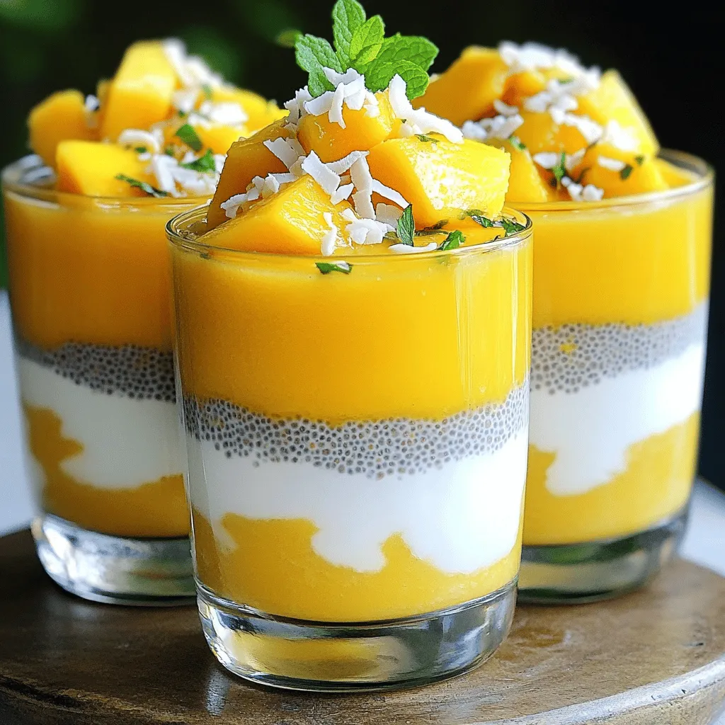 To make Mango Coconut Chia Pudding, you need simple, fresh ingredients. Each one adds to the rich flavor. - 1 cup coconut milk - 1/4 cup chia seeds - 2 tablespoons maple syrup (or honey) - 1 ripe mango, pureed - 1/2 teaspoon vanilla extract - Fresh mango slices (optional) - Shredded coconut (optional) - Mint leaves (optional) Coconut milk gives a creamy base. Chia seeds are the stars, soaking up liquid to form a pudding. Maple syrup or honey adds sweetness. The ripe mango offers a fruity burst. Vanilla extract enhances all the flavors. Toppings like fresh mango slices, shredded coconut, and mint add color and crunch. These ingredients work well together. They make a tasty treat that is also healthy. You can adjust sweetness or toppings based on your taste. Enjoy mixing and matching! 1. Mixing the base ingredients Start by taking a mixing bowl. Add 1 cup of coconut milk and 1/4 cup of chia seeds. Next, mix in 2 tablespoons of maple syrup and 1/2 teaspoon of vanilla extract. Finally, add a pinch of salt. Stir well until the chia seeds spread evenly. 2. Allowing chia seeds to hydrate After mixing, let it sit for about 5 minutes. This step helps the chia seeds absorb the coconut milk. Give it another stir to keep the seeds from clumping together. This is key for a smooth pudding. 3. Refrigeration time and setting process Cover the bowl and place it in the refrigerator. Let it chill for at least 4 hours, or overnight if you can wait. This allows the chia seeds to swell and create the creamy texture you want. 1. Dividing chia pudding and mango puree Once the pudding sets, stir it gently to break up any clumps. In serving glasses, layer half of the chia pudding first. Next, pour in a layer of pureed mango. Then, add the remaining chia pudding on top. 2. Serving suggestions and glass preparation Finish your pudding with fresh mango slices and a sprinkle of shredded coconut. This adds flavor and texture. Serve in clear glasses or jars to show off those beautiful layers. A sprig of mint on top adds a nice touch, too! To make your chia pudding smooth, start by mixing the base well. Combine coconut milk, chia seeds, maple syrup, vanilla extract, and salt in a bowl. Stir until the chia seeds spread evenly. Let the mixture sit for five minutes, then stir again. This step helps keep the chia seeds from clumping. If you find it too sweet, adjust the maple syrup. You can add less or even omit it. Taste it and find the sweetness you love. Serving your pudding in clear glasses is key. This shows off the beautiful layers of mango and pudding. Use tall glasses or jars for impact. For garnishing, add fresh mango slices on top. A sprinkle of shredded coconut adds texture. You can also include a mint leaf for a pop of color. These small touches make your dish look gourmet and inviting. {{image_2}} You can change the flavor of your mango coconut chia pudding easily. Try using other fruit purees. Banana and pineapple work great. They add natural sweetness and a unique taste. You can also mix several fruits for fun combinations. For the milk, you have options too. Almond milk and cashew milk are good dairy-free choices. They keep the pudding creamy. Feel free to experiment with flavors that you enjoy. If you follow a vegan diet, this recipe works well. Just stick with maple syrup instead of honey. Maple syrup gives a lovely sweetness. It keeps your pudding truly vegan. Want to cut back on sugar? You can use less maple syrup. Add a little at a time and taste. You can also skip the sweetener altogether if you prefer a more natural flavor from the mango. Enjoy the fresh taste without added sugar. To keep your mango coconut chia pudding fresh, store it in the fridge. Use an airtight container to prevent odors. This way, your pudding stays tasty and safe. Proper refrigeration helps maintain its creamy texture. Chia pudding lasts about 5 days in the fridge. After that, it may lose its quality. Always check for any off smells or changes in texture before eating. If it looks or smells odd, it's best to toss it. You can freeze chia pudding if you want to save it for later. To do this, pour the pudding into freezer-safe containers. Leave some space at the top, as it will expand when frozen. When you’re ready to enjoy it, move the container to the fridge to thaw overnight. You can also thaw it by placing it in a bowl of warm water for a quicker method. After thawing, stir well to bring back its smooth texture. Can I use different types of milk? Yes, you can use different types of milk. Almond milk, oat milk, or soy milk all work well. Each milk adds its own taste. Coconut milk gives it a rich flavor, but others can be fun too. How long can I store chia pudding? You can store chia pudding in the fridge for up to five days. Just keep it in a sealed container. This makes it easy for meal prep. If it gets too thick, you can add a bit of milk to loosen it up. Is this recipe suitable for meal prep? Yes, this recipe is great for meal prep. You can make a batch on the weekend and enjoy it all week. Just layer it in jars for easy grab-and-go breakfasts or snacks. The flavors get better as they sit! Mango coconut chia pudding is a tasty and healthy treat. We explored its key ingredients, like coconut milk and chia seeds, and detailed each step to prepare it. I shared tips for the perfect texture and how to present it beautifully. We also discussed variations to fit different diets and how to store leftovers. This pudding is easy to make and fun to customize. Enjoy your new dessert, and don’t hesitate to share it with friends!