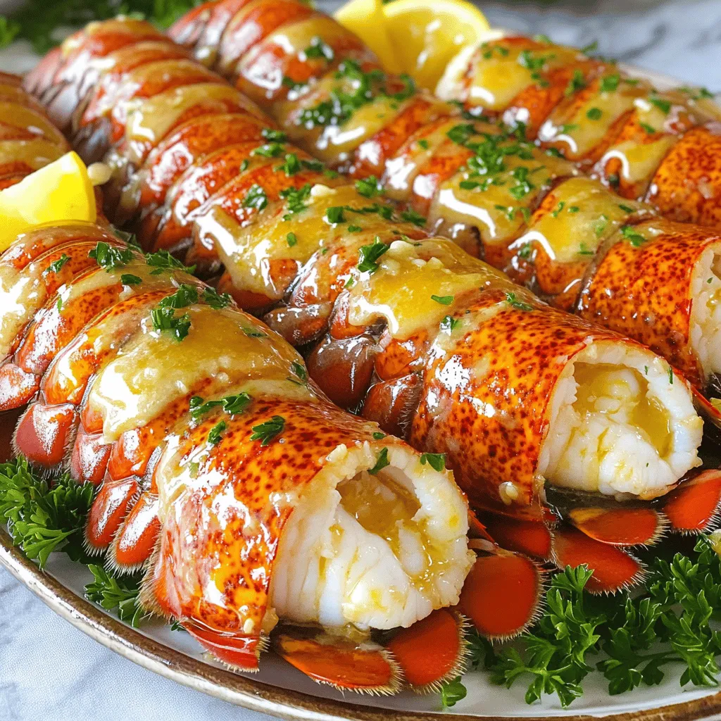 - 4 lobster tails - 1/2 cup unsalted butter, melted - 4 cloves garlic, minced - 1 tablespoon fresh parsley, chopped - 1 teaspoon lemon zest - 1 tablespoon fresh lemon juice - 1/2 teaspoon paprika - Salt and pepper to taste - Lemon wedges, for serving You can swap unsalted butter for ghee or olive oil. These options change the flavor slightly but still taste great. If you do not have fresh parsley, use dried parsley. Just use less since dried herbs are stronger. For lemon zest, you can use lime zest or skip it completely. It changes the taste, but it still works. - First, preheat your oven to 425°F (220°C). This step gets the oven ready for baking. - Next, take your kitchen scissors and cut the lobster tails in half lengthwise. This helps the meat cook evenly and looks great on the plate. - In a small bowl, mix together the melted butter, minced garlic, chopped parsley, lemon zest, lemon juice, paprika, salt, and pepper. Stir well until everything blends together. This garlic butter adds a rich flavor. - Now, place the lobster tails on a large baking sheet with the meat side facing up. Brush them generously with your garlic butter mix. Make sure each tail gets a good coat. - After baking, remove the lobster tails from the oven. Brush them again with a bit more garlic butter for extra flavor. - Finally, garnish your lobster tails with fresh parsley and lemon wedges. These add a nice touch and give you a burst of fresh taste when you squeeze the lemon over the meat. To ensure you cook lobster tails evenly, cut them in half lengthwise. This gives the heat a chance to reach all the meat. Keep the oven at 425°F (220°C) for the best results. Check if the lobster is done by looking for opaque meat. It should flake easily with a fork. This means it is ready to eat! When plating your lobster tails, use a large platter. Arrange the lemon wedges around the tails for color. Drizzle some garlic butter sauce over the top. This adds a nice shine and makes it look fancy. For sides, consider a fresh salad or garlic bread. These pair well and make the meal complete. A common mistake is overcooking lobster tails. This can make the meat tough and chewy. Stick to the baking time of 12-15 minutes. Another mistake is not mixing the garlic butter well. If the garlic is not spread evenly, some bites may taste bland. Make sure all ingredients blend nicely for the best flavor. {{image_2}} You can easily change the taste of garlic butter lobster tails. Adding spices like chili flakes brings heat. Just sprinkle them on before baking. The spice will blend with the garlic and butter. You can also try different herbs. Fresh thyme or basil can add a nice touch. Just chop them finely and mix them in the garlic butter. This lets you create new flavors every time. You have choices when cooking lobster tails. Grilling gives a smoky flavor that many love. It also adds nice grill marks. To grill, just place the tails on the grill meat side down. Watch them closely, as they cook fast. Baking is another option. It keeps the meat moist and tender. Preheat your oven to 425°F (220°C) for the best results. Broiling is perfect if you want a crispy top. Broiling cooks the meat quickly at high heat. This gives a great texture and a nice brown color. How you serve garlic butter lobster tails can change the meal. You can pair them with sauces like a spicy aioli. This adds a creamy and zesty contrast. You can also serve them with sides like rice or veggies. For a fun twist, try serving in the shell. This makes for a beautiful presentation. Alternatively, you can remove the meat from the shell. This makes it easier for guests to eat. Either way, it looks stunning on a plate. To keep your garlic butter lobster tails fresh, store them in the refrigerator. Place leftovers in an airtight container. They stay good for about two days. If you want to save them longer, freeze the lobster tails. Wrap them tightly in plastic wrap and then in aluminum foil. This helps prevent freezer burn. Frozen lobster tails can last up to three months. When it’s time to reheat, use gentle heat. The best methods are baking or steaming. Preheat your oven to 350°F (175°C) for baking. Place the tails on a baking sheet. Cover them with foil to keep moisture in. Heat for about 10 minutes. If you choose steaming, place the tails in a steamer basket. Steam for about 5-7 minutes. This keeps the meat tender and juicy. In the fridge, lobster tails last for two days. After that, they might spoil. Look for signs of spoilage. Fresh tails should smell like the ocean. If they smell sour or off, do not eat them. The meat should also be firm and not slimy. If you see any discoloration, toss them out. Always trust your senses when it comes to food safety. The best sides for garlic butter lobster tails include: - Garlic bread - Steamed asparagus - Roasted vegetables - Rice pilaf - A light salad These sides balance the rich flavor of the lobster. They also add color to your plate. Yes, you can use frozen lobster tails. Just thaw them first. Place them in the fridge overnight or in cold water for a few hours. This ensures even cooking and great taste. To check if your lobster is fresh, look for: - A firm shell - A clean sea smell - Bright color Avoid any lobster with a strong fishy odor. Fresh lobster should feel heavy for its size. Absolutely! This recipe is simple and perfect for beginners. You only need a few ingredients and steps. Cutting the tails and mixing the butter takes little time. You will impress your guests with minimal effort. Yes, you can make garlic butter ahead of time. Just mix the ingredients and store it in the fridge. Reheat it gently before brushing it on the lobster. This saves time and helps in meal prep. In this blog post, we covered how to make delicious garlic butter lobster tails. We explored the key ingredients, preparation steps, and cooking methods. I provided tips to avoid common mistakes and different ways to enjoy your lobster. Remember, fresh ingredients and careful cooking will enhance your dish. With the right knowledge, you can impress anyone at your next meal. Enjoy your cooking and savor every bite of your lobster tails!