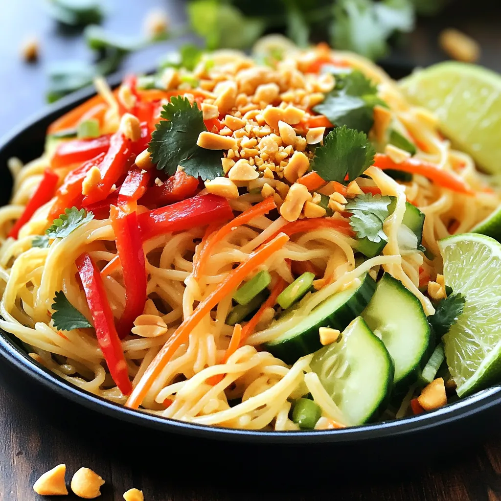 - 8 oz rice noodles - 1/2 cup creamy peanut butter - 1 red bell pepper, julienned - 1 cup shredded carrots - 1 cup cucumber, thinly sliced - 3 green onions, chopped - 1/4 cup chopped fresh cilantro Rice noodles are the base of this dish. They soak up all the flavors well. Creamy peanut butter gives the salad its rich taste. The fresh vegetables add crunch and color. Use vivid bell peppers, bright carrots, and crisp cucumbers for the best look. - 2 tablespoons soy sauce - 2 tablespoons sesame oil - 2 tablespoons honey or maple syrup - 1 tablespoon rice vinegar - 1 teaspoon sriracha (or more to taste) The dressing is where the magic happens. Soy sauce and sesame oil create a savory blend. Honey or maple syrup adds a touch of sweetness. Rice vinegar brings some tanginess to balance the flavors. Adjust the sriracha for your spice preference. - Crushed peanuts - Lime wedges - Fresh herbs Garnishes make your dish shine. Crushed peanuts add a fun crunch. Lime wedges offer a zesty kick. Fresh herbs like cilantro enhance the flavor and look. These small touches elevate the whole meal. To cook the rice noodles, bring a pot of water to a boil. Add the noodles and cook them for about 4 to 5 minutes. Check the package for exact times. Once cooked, drain the noodles. Rinse them under cold water to stop the cooking. This keeps them firm and prevents sticking. For the best texture, let them cool completely before mixing with the salad. To make the peanut dressing, grab a medium bowl. Add the creamy peanut butter, soy sauce, sesame oil, honey or maple syrup, rice vinegar, and sriracha. Whisk these ingredients until smooth. Taste the dressing and adjust the spice level. If you want more heat, add a bit more sriracha. This dressing brings a rich flavor to the salad. In a large mixing bowl, combine your fresh vegetables. Toss in the julienned red bell pepper, shredded carrots, thinly sliced cucumber, chopped green onions, and fresh cilantro. Next, add the cooled rice noodles to the bowl. Drizzle the peanut dressing over the top. Use tongs or two forks to toss everything together. Make sure the noodles and veggies are evenly coated. This ensures every bite is packed with flavor. To present the salad, I love using a large, colorful bowl. It really shows off the vibrant colors. You can also serve individual portions in small bowls. This makes it easy for guests to grab their own. For pairing ideas, consider serving this salad with grilled chicken or shrimp. The protein adds a nice touch. You could also serve it with spring rolls or dumplings for a fun meal. Using fresh vegetables makes a big difference in taste. Look for crisp cucumbers, bright bell peppers, and vibrant carrots. Fresh herbs like cilantro add a burst of flavor. They make the salad pop! When choosing peanut butter, pick a creamy variety without added sugar. Natural peanut butter gives the best taste. It blends well in the dressing, making it smooth and rich. If you need gluten-free noodles, rice noodles are a great choice. They cook quickly and have a nice texture. You can also try zucchini noodles for a low-carb option. For vegan substitutes, use maple syrup instead of honey. This keeps the salad plant-based. You can also add tofu for extra protein, keeping it healthy and filling. {{image_2}} You can boost the protein in Spicy Peanut Noodle Salad easily. Tofu is a great choice. Just cube it and pan-fry until golden. For a meat option, grilled chicken works well too. Slice it thin and mix it in. If you want something different, add shrimp. Cook shrimp until pink, then toss them in for extra flavor. Spice is key in this dish. You can tweak the sriracha to fit your taste. Start with the 1 teaspoon in the recipe. If you like it hotter, add more sriracha a little at a time. You can also try other spices. Red pepper flakes give a nice kick. A dash of cayenne can also spice things up without changing the flavor much. Feel free to mix in other vegetables. Snap peas, broccoli, or even diced radishes add crunch. You can also add nuts or seeds for texture. Sunflower seeds or sesame seeds work great. They add a nice crunch that pairs well with the peanut sauce. This salad is all about your taste, so get creative! Store your Spicy Peanut Noodle Salad in an airtight container. This keeps it fresh. Make sure to cool it down before sealing it. If you have leftovers, eat them within three days. This helps keep the flavors intact. To keep the veggies crisp, store them separately from the noodles. This way, they won’t get soggy. For best results, add the dressing right before serving. You can freeze the noodles and dressing. Store them in separate containers. This keeps the salad tasty. When you want to eat it, thaw the noodles in the fridge overnight. For the dressing, let it sit at room temperature for a few minutes. Then whisk it again to mix well. The salad lasts about three days in the fridge. Look for signs of spoilage, like a sour smell or slimy noodles. If you see any of these signs, throw it away. Freshness is key for the best taste. Yes, you can prepare this salad in advance. The best way is to cook the noodles and make the dressing. You can store both in the fridge. Just keep the fresh veggies separate until serving. This will keep them crunchy and fresh. For storage, use airtight containers to seal in flavors and keep it fresh. To add more heat, increase the sriracha in the dressing. You can also try adding chopped jalapeños or red pepper flakes. If you want a different flavor, use chili garlic sauce instead of sriracha. This will change the taste while still keeping the spice. Absolutely! This salad works great for meal prep. Portion it into containers for easy lunches. When you are ready to eat, just give it a good toss. If you need to reheat it, do so gently in the microwave. You want to warm the noodles, but keep the veggies fresh and crisp. This blog post covered all the essential parts of making a tasty peanut noodle salad. We explored the main ingredients, including rice noodles and fresh vegetables, and the right dressings that enhance flavor. You learned techniques for cooking noodles and assembling your salad perfectly. Remember, using fresh ingredients is key to great taste. Finally, try variations with proteins and spices to suit your taste. Enjoy your flavorful salad, and don't hesitate to get creative with your own twists!