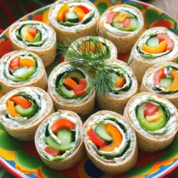 - 4 large tortillas (whole wheat or spinach) - 8 oz cream cheese, softened - 1 teaspoon garlic powder - 1 teaspoon dried dill - 1 cup spinach leaves, washed and dried - 1 cucumber, thinly sliced - 1 bell pepper (any color), thinly sliced - 1 carrot, grated - ½ cup cherry tomatoes, quartered - Salt and pepper to taste - Optional: Red pepper flakes for a kick These ingredients make a bright and tasty snack. The cream cheese gives a creamy base. Garlic powder and dill add flavor. Fresh veggies bring crunch and color. You can use any bell pepper you like. Slicing the cucumber thinly helps with rolling. Grated carrot adds sweetness. Cherry tomatoes add juiciness. Salt and pepper balance the flavors. If you like heat, sprinkle red pepper flakes on top. Gather all the ingredients before you start. This helps things go smoothly. You can find these items at any grocery store. Get ready to roll up some fun! Start by mixing your cream cheese with the garlic powder and dried dill. Add salt and pepper to taste. Use a sturdy spoon or a mixer to blend everything until it’s smooth. Aim for a creamy, spreadable consistency. You want it to be thick but easy to spread on your tortillas. Lay one tortilla flat on a clean surface. Use a spatula or knife to spread an even layer of the cream cheese mixture over the entire tortilla. Make sure you cover every corner. Next, add a layer of fresh spinach leaves. On top of the spinach, layer your sliced cucumber, bell pepper, grated carrot, and quartered cherry tomatoes. If you like heat, sprinkle red pepper flakes here for a kick. To roll, start at one end of the tortilla and carefully roll it away from you. Keep the filling snug inside as you roll. This helps the pinwheel hold together. Once you reach the end, press gently to seal the roll. Place the seam side down on your cutting board. Use a sharp knife to slice the roll into 1-inch thick pieces. Clean the knife between slices for clean cuts. Repeat this with all your tortillas and filling ingredients. Enjoy your colorful snacks! When serving your pinwheels, presentation is key. Arrange the pinwheels in a circular pattern on a colorful platter. This adds visual appeal and invites guests to dig in. Garnish with fresh herbs like dill or parsley. A simple sprig can elevate the look and add a pop of color. To give your pinwheels a kick, consider adding red pepper flakes to the filling. You can also swap in fresh herbs like basil or cilantro for a new twist. Pair your pinwheels with dips like hummus, ranch, or tzatziki. These sauces add flavor and moisture, making each bite even more enjoyable. To avoid filling spill-out, spread the cream cheese mixture evenly. Make sure to roll the tortilla tightly, keeping all the filling inside. If the tortillas are too cold, they may crack. Let them sit at room temperature for a few minutes. This helps them roll smoothly, resulting in a beautiful pinwheel. {{image_2}} If you need gluten-free pinwheels, choose gluten-free tortillas. Many brands offer tasty options. Check your local store for choices. For a dairy-free version, look for cream cheese made from nuts or soy. These alternatives taste great and keep the flavor strong. You can add more veggies to your pinwheels. Try shredded zucchini, roasted red peppers, or sliced radishes. They all bring unique tastes and colors. For extra protein, add turkey or chicken slices. These meats make the snack more filling and satisfying. Using seasonal vegetables makes your pinwheels fresh and fun. In summer, add juicy tomatoes or crunchy bell peppers. In fall, try roasted squash or sweet potatoes. For the holidays, you can create themed pinwheels. Use red and green veggies for a festive look. Adding cranberries or nuts can also enhance the flavor and texture. To store leftover pinwheels, wrap them tightly in plastic wrap. You can also use an airtight container. This keeps them fresh and tasty. I recommend using shallow containers to avoid squishing the pinwheels. You can freeze pinwheels for later use. First, wrap each pinwheel in plastic wrap. Then, place them in a freezer bag. This will keep them safe from freezer burn. When you’re ready to eat, take them out and thaw in the fridge overnight. In the fridge, pinwheels last about 3-4 days. Always check for signs of spoilage. Look for any changes in texture or smell. If they seem off, it’s best to throw them away. You can easily make these pinwheels ahead of time. First, prepare all your ingredients. Spread the cream cheese mix on the tortillas. Then layer the veggies as you like. Roll them tightly and slice them. Place the pinwheels in an airtight container. Store them in the fridge for up to two days. The flavors will blend nicely as they chill. This makes them a perfect snack for parties or picnics. Absolutely! You can customize the pinwheels with any veggies you enjoy. Try adding bell peppers, zucchini, or even avocados. You can also use roasted veggies for a different taste. Fresh herbs like basil or cilantro can add a nice kick. Let your creativity shine! This recipe is flexible and fun to make. These pinwheels pair well with many dishes. Serve them with a fresh salad for a light meal. You can also offer a side of hummus or ranch dip. They are great for gatherings or snack time. A platter of mixed veggies or fruit complements them nicely too. Enjoy experimenting with different pairings! Now you know how to make tasty Garden Veggie Cream Cheese Pinwheels. We discussed the key ingredients and how to prepare them step by step. You learned tips for serving and flavoring, plus variations to try based on your diet or the season. Keep these tips in mind as you create your own pinwheels. They’re fun, easy, and perfect for any occasion. Enjoy your tasty creations and share them with friends and family.