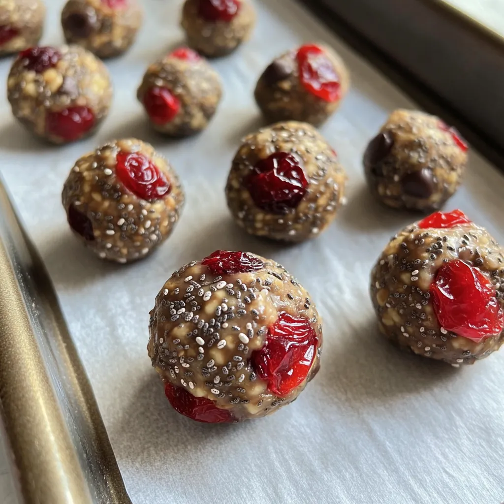- 1 cup rolled oats - 1/2 cup almond butter (or nut butter of choice) - 1/4 cup honey or maple syrup - 1/2 cup dried cherries, chopped - 1/3 cup dark chocolate chips - 1/4 cup chia seeds - 1/2 teaspoon vanilla extract - A pinch of salt For these Cherry Chocolate Chip Energy Bites, you need simple, wholesome ingredients. Each one plays a key role in flavor and texture. 1. Rolled oats provide a hearty base. They add fiber and help keep you full. 2. Almond butter or your favorite nut butter adds creaminess and healthy fats. 3. Honey or maple syrup gives natural sweetness. Use whichever you prefer. 4. Dried cherries, chopped, bring a burst of tart flavor. They pair perfectly with chocolate. 5. Dark chocolate chips add rich, sweet notes. They make these bites feel like a treat. 6. Chia seeds add crunch and boost nutrients. They are great for fiber and omega-3s. 7. Vanilla extract enhances all the flavors. It adds warmth to each bite. 8. A pinch of salt balances the sweetness. It makes all the flavors pop. These ingredients are easy to find. You may already have some in your pantry! When mixed together, they create a tasty, energy-packed snack. To start, you need to gather your ingredients. In a large mixing bowl, combine: - 1 cup rolled oats - 1/2 cup almond butter (or any nut butter of choice) - 1/4 cup honey or maple syrup Mix these ingredients well. You want to blend them until they form a sticky dough. This step is key to making your energy bites hold together. Now, it’s time to add some fun flavors! Stir in: - 1/2 cup dried cherries, chopped - 1/3 cup dark chocolate chips - 1/4 cup chia seeds - 1/2 teaspoon vanilla extract - A pinch of salt Mix everything together until all the ingredients are evenly spread throughout the dough. This way, every bite will be delicious and packed with flavor. Once your mixture is ready, refrigerate it for about 30 minutes. This makes it easier to handle. After chilling, use your hands to roll the mixture into small balls, about 1 inch in size. Place the energy bites on a parchment-lined baking sheet. After rolling all the bites, pop them back in the fridge for another 30 minutes. This step firms them up, making them easier to eat later. Enjoy your tasty, healthy snack! Chilling the mixture is key. It helps the ingredients stick together better. When you chill the mix, it firms up. This makes rolling easier. Aim for 30 minutes in the fridge before shaping. For rolling shapes, use damp hands. This helps prevent the mixture from sticking. Make small balls, about one inch wide. Keep them uniform for even texture. Place them on parchment paper to avoid mess. If you can't use almond butter, try sunflower seed butter. This option has a similar texture. You could also use soy nut butter. Both work well in energy bites. For sweeteners, maple syrup is a great swap. You can also use agave nectar. Both add sweetness and flavor without nuts. To boost flavor, add a pinch of cinnamon. This spice adds warmth and depth. You can also mix in other dried fruits. Try raisins or cranberries for a new taste. These additions make each bite exciting. {{image_2}} You can change the flavor of your cherry chocolate chip energy bites in fun ways. Try adding coconut for a tropical twist. Just mix in one-third cup of unsweetened shredded coconut. This adds a chewy texture and delicious taste. Another tasty combo is using peanut butter instead of almond butter. Swap out the nut butter to make your bites richer and creamier. The peanut flavor pairs perfectly with cherries and chocolate. For a vegan version, use maple syrup instead of honey. This keeps your energy bites plant-based while still being sweet and sticky. You can also skip the honey altogether, as the dried cherries provide enough sweetness. If you're looking for gluten-free options, ensure you use gluten-free oats. Most rolled oats are naturally gluten-free, but check the label to be sure. This way, everyone can enjoy your energy bites without worry. Want to make your energy bites even healthier? Consider adding protein powder. A scoop of your favorite protein blend can make these snacks more filling. You can also incorporate seeds or nuts for extra crunch and nutrients. Try pumpkin seeds, flaxseeds, or chopped walnuts. These add healthy fats and fiber, making your energy bites a perfect snack for any time of day. To keep your Cherry Chocolate Chip Energy Bites fresh, use an airtight container. This helps maintain their flavor and texture. Store them in the refrigerator for up to one week. If they last that long! Keeping them cold prevents spoilage and keeps them tasty. If you want to store energy bites for longer, freezing is a great option. First, place them in a single layer on a baking sheet. Freeze them until solid, about 1-2 hours. Then, transfer the bites to an airtight container or freezer bag. They can last up to three months in the freezer. When you’re ready to eat them, just take out a few and let them thaw in the fridge. This keeps the texture nice. To know if your energy bites are still good, look for signs of spoilage. Check for any off smells or changes in color. If they feel sticky or mushy, it’s best to toss them. For the best taste, eat them fresh, but they can last for a week in the fridge and three months in the freezer. Enjoy them as soon as possible for maximum flavor! Yes, you can try other fruits. Dried cranberries or apricots work well. You can also use raisins or even chopped dates. Each fruit gives a unique taste but keeps the bites tasty and fun! These energy bites last up to a week in the fridge. Store them in an airtight container to keep them fresh. If you want them to last longer, you can freeze them. They will stay good for about three months in the freezer. Yes, they are quite healthy! They contain oats, which provide fiber and energy. Cherries give vitamins and antioxidants. Dark chocolate chips add flavor and a bit of iron. Almond butter adds protein and healthy fats, making these bites a well-rounded snack. Absolutely! You can make these bites ahead of time. They store well, so you can prepare them for the week. Just remember to chill them before rolling. This makes shaping easier and keeps them firm. These cherry chocolate chip energy bites are easy and fun to make. You can enjoy delicious flavors and nutritious benefits. Remember to chill the mixture for the best texture. Feel free to swap ingredients to match your tastes. These bites are great for snacks or quick meals. Store them in an airtight container in the fridge or freezer. Now, you're ready to create your own energy bites and share them with others! Enjoy the process and the tasty results.