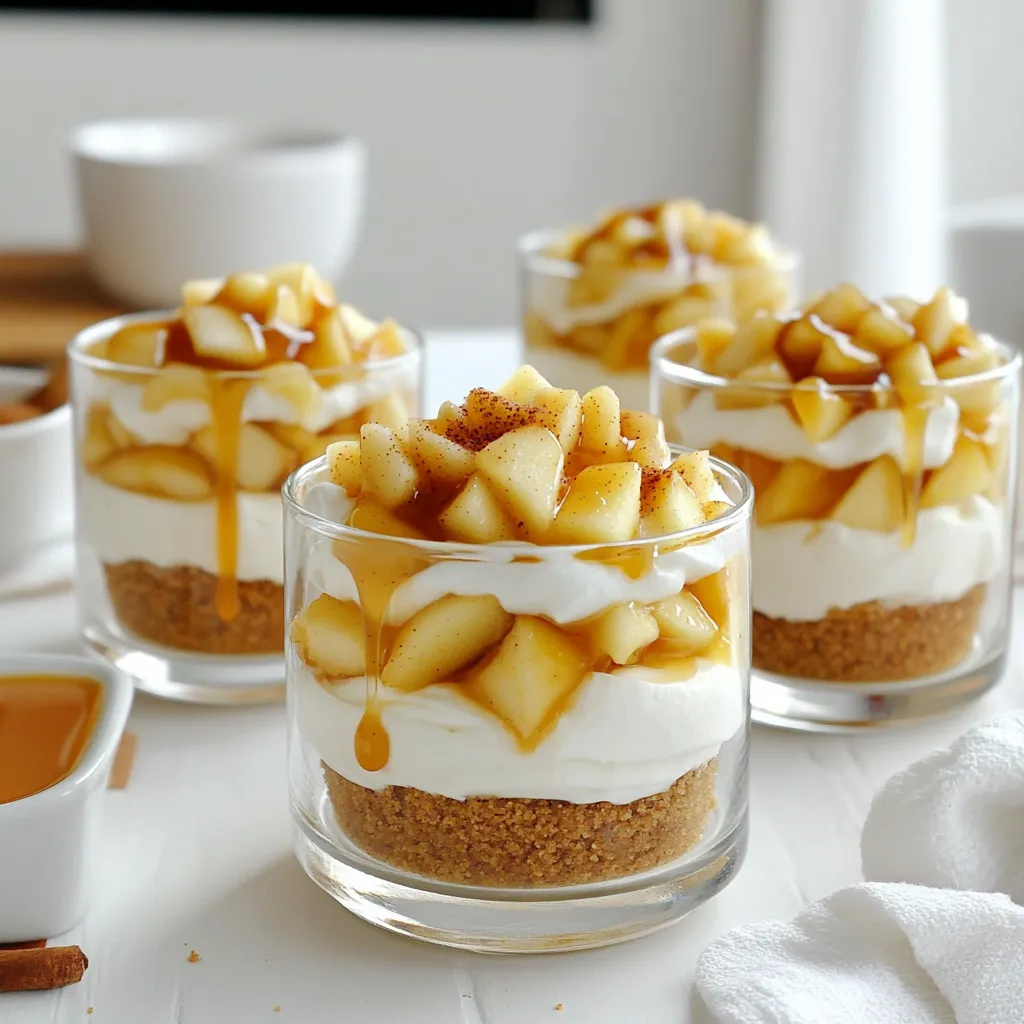 To make No-Bake Apple Pie Cheesecake Cups, you need a few key items. Here’s what you will need: - 1 cup graham cracker crumbs - 4 tablespoons unsalted butter, melted - 8 oz cream cheese, softened - ½ cup powdered sugar - 1 teaspoon vanilla extract - 1 cup heavy whipping cream - 2 cups diced apples (about 2 medium apples) - 1 teaspoon cinnamon - 2 tablespoons brown sugar - 1 tablespoon lemon juice These ingredients create a rich, creamy filling with a sweet, crunchy crust. The apples add freshness and flavor. You can boost the flavor of your cheesecake cups with some simple additions. I recommend: - 1 teaspoon vanilla extract for a warm taste. - 1 teaspoon cinnamon which adds a spicy note. - 2 tablespoons brown sugar for extra sweetness. These enhancers work well with the apples and cream cheese, giving a delicious depth to each cup. Feel free to make the recipe your own! Here are some optional ingredients you might like: - Caramel sauce for drizzling on top. - Chopped nuts, like pecans or walnuts, for a crunchy texture. - A sprinkle of sea salt can enhance the caramel flavor. These optional ingredients can turn your dessert into a unique creation that suits your taste. Enjoy experimenting with different combinations! To make the crust, start with 1 cup of graham cracker crumbs. Add in 4 tablespoons of melted unsalted butter. Mix these together until the crumbs are fully coated. This step is key for a tasty base. Next, take 1-2 tablespoons of this mixture and put it into each serving cup. Press down gently to form a firm layer. This crust will hold up the creamy filling above. For the cream cheese filling, grab 8 ounces of softened cream cheese. Use an electric mixer to beat it until it is smooth. Slowly add in ½ cup of powdered sugar while mixing. Then, add 1 teaspoon of vanilla extract and mix until it is all combined. In a separate bowl, whip 1 cup of heavy whipping cream until stiff peaks form. Gently fold this whipped cream into the cream cheese mix. This makes the filling light and fluffy. Now, it's time to build your cups. Start with the crust at the bottom of each cup. Spoon in the cream cheese filling on top of the crust. Next, take 2 cups of diced apples mixed with 1 teaspoon of cinnamon, 2 tablespoons of brown sugar, and 1 tablespoon of lemon juice. Layer these spiced apples over the cream cheese. Repeat the layers until each cup is full. Finish with a layer of apples on top. Cover each cup and chill them in the fridge for at least 2 hours. This helps the flavors meld together. When ready to serve, drizzle with caramel sauce for a sweet touch. To make whipped cream, start with cold heavy cream. Use a clean bowl and beaters. This helps create stiff peaks quickly. Whip the cream until it thickens but don’t overwhip. Overwhipped cream can turn grainy. For better results, consider using a stand mixer. It makes the process easier and faster. If you need to make this recipe dairy-free, try using coconut cream instead of heavy cream. For the cream cheese, look for vegan cream cheese options. You can also use gluten-free graham crackers for the crust. This way, everyone can enjoy this tasty treat without worry. To boost the flavor, add a pinch of nutmeg with the cinnamon. You can also mix in a splash of apple cider for a fruity twist. For extra sweetness, drizzle more caramel sauce on top. For a crunchy texture, sprinkle some chopped nuts over the apples. These small changes can make a big difference in taste. {{image_2}} You can switch up the apples for other fruits. Berries like strawberries or blueberries work great. You can also use peaches or pears. Just keep the same amount to fill the cups. Adjust the spices to match the fruit. For example, use nutmeg with peaches for a warm flavor. These cups can be mini-sized for fun treats. Use smaller cups or shot glasses. This way, everyone gets a bite-sized dessert. The layers stay the same, just in a smaller portion. They are perfect for parties or picnics. For a gluten-free option, replace the graham crackers. Use gluten-free cookies or oats. This keeps the crust tasty and safe for all. Check the cream cheese and sugar brands, too. Most are gluten-free, but it’s always good to check. Store your no-bake apple pie cheesecake cups in the fridge. Use an airtight container to keep them fresh. Place a piece of plastic wrap over each cup for added protection. This helps avoid any unwanted flavors from your fridge. They will stay good for up to 3 days. You can freeze these cups for later enjoyment, but it’s best to freeze them before adding the apples. Wrap each cup tightly in plastic wrap and then place them in a freezer-safe container. They can stay in the freezer for up to 2 months. When ready to eat, thaw them in the fridge overnight. The no-bake apple pie cheesecake cups will last up to 3 days in the fridge. If you follow the freezing instructions, they can last for 2 months in the freezer. After thawing, consume them within 2 days for the best taste. This way, you can enjoy this delightful treat any time! Yes, you can make these cheesecake cups ahead of time. They taste even better after chilling. I recommend preparing them the day before you plan to serve. Just cover them well and keep them in the fridge. This way, the flavors mingle nicely and the dessert sets perfectly. To keep the apples fresh, add lemon juice right after cutting. The acid in lemon juice slows browning. Mix the diced apples with lemon juice, cinnamon, and brown sugar at once. This will add flavor and keep the apples looking bright and fresh. If you want a different base, try Greek yogurt or mascarpone cheese. Greek yogurt gives a tangy flavor and fewer calories. Mascarpone is creamier but richer. You could also use a dairy-free cream cheese for a vegan option. Each substitute changes the taste but will still work well in the cups. This blog post covered key ingredients, easy steps, and helpful tips for making cheesecake. We explored ways to customize flavors and discussed storage methods. You can enjoy this dessert with various fruits or as mini cups. Always remember to check for dietary needs and use substitutions when necessary. With these insights, you can create a cheesecake that is both delicious and suitable for everyone. Enjoy your baking journey!