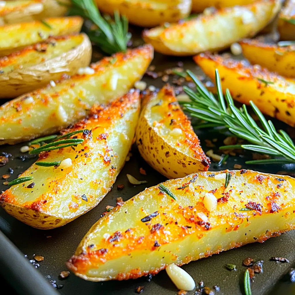 To make the perfect sheet pan rosemary garlic potato wedges, gather these ingredients: - 4 medium russet potatoes, scrubbed and cut into wedges - 4 tablespoons olive oil - 4 cloves garlic, minced - 2 teaspoons fresh rosemary, chopped (or 1 teaspoon dried rosemary) - 1 teaspoon smoked paprika - 1 teaspoon sea salt - ½ teaspoon black pepper - 2 tablespoons grated Parmesan cheese (optional) - Fresh rosemary sprigs for garnish You can make your wedges even tastier with these additions: - 2 tablespoons of grated Parmesan cheese for a cheesy touch. - Fresh herbs like thyme or oregano for extra flavor. If you don’t have all the ingredients, here are some swaps: - Use another potato type, like Yukon Gold, for a different taste. - Swap olive oil with canola oil or avocado oil if needed. - Replace fresh rosemary with dried rosemary if fresh isn’t available. These options let you make the dish your own while keeping it delicious! First, set your oven to 425°F (220°C). This high heat helps to get those wedges crispy. Next, take a large baking sheet and line it with parchment paper. This makes cleanup easy and helps the wedges not stick. Grab a large mixing bowl and add your potato wedges. Pour in 4 tablespoons of olive oil. Then, add 4 cloves of minced garlic, 2 teaspoons of chopped fresh rosemary, 1 teaspoon of smoked paprika, 1 teaspoon of sea salt, and ½ teaspoon of black pepper. Toss everything together well. You want each wedge to be coated in the tasty mix. Spread the seasoned potato wedges in a single layer on your baking sheet. Make sure they have space between them. This helps them cook evenly and get crispy. Bake them in your preheated oven for about 25-30 minutes. Halfway through, turn the wedges to ensure they brown nicely. If you want, sprinkle 2 tablespoons of grated Parmesan cheese on top during the last 5 minutes of baking for extra flavor. When they look golden brown, take them out. Let them cool for a couple of minutes, then serve them with fresh rosemary sprigs on top to make them pretty. To get your potato wedges nice and crispy, start by cutting them evenly. This helps them cook at the same rate. Soak the wedges in cold water for 30 minutes. This removes some starch, leading to crispier results. After soaking, dry them well with a towel. A dry surface helps the oil stick better. Make sure to coat the wedges in olive oil. This oil creates a barrier, keeping moisture out. Spread the wedges out on the baking sheet. Give them space to breathe; overcrowding leads to steaming, not crisping. I recommend using russet potatoes for this recipe. They have a high starch content, which makes them fluffy inside. Yukon Gold potatoes also work well. They offer a creamy texture and a nice flavor. Avoid waxy potatoes, like red or new potatoes. They do not crisp up as nicely, and their texture can be off. Feel free to get creative with the seasoning! You can replace smoked paprika with regular paprika for a milder taste. Try adding chili powder or cayenne for some heat. You can also mix in garlic powder for an extra garlic punch. For a fresh twist, add lemon zest or parmesan cheese. Herbs like thyme or oregano can change the vibe too. Don't be shy to experiment; that’s part of the fun! {{image_2}} For a rich twist, add cheese to your wedges. I love using Parmesan. It melts nicely and gives a great flavor. To make cheesy potato wedges, sprinkle 2 tablespoons of grated Parmesan on top during the last 5 minutes of baking. You can also use cheddar for a sharper taste. The cheese will create a crispy, golden layer that takes these wedges to a new level. If you enjoy heat, try making spicy garlic potato wedges. Add 1 teaspoon of chili powder or cayenne pepper to the mix. This quick change makes the dish exciting. You can also toss in some red pepper flakes for extra kick. The heat pairs well with the garlic and rosemary, creating a bold flavor that will wake up your taste buds. Take these wedges to another place by adding different herbs. Fresh thyme, oregano, or even basil works well. Just swap the rosemary for your choice of herb. This small change brings new tastes and scents. You can mix and match herbs based on what you have on hand. This way, you can enjoy different flavors while keeping it fresh and fun. After you enjoy these delicious potato wedges, store leftovers in an airtight container. Place the container in the fridge. They will stay fresh for about 3 days. If you want to keep them longer, consider freezing. To reheat, preheat the oven to 400°F (200°C). Place the potato wedges on a baking sheet. Bake for about 10-15 minutes until they are hot and crispy again. You can also use an air fryer for even better crispiness. To freeze, first cool the potato wedges completely. Spread them in a single layer on a baking sheet and freeze for about 1-2 hours. Once frozen, transfer them to a freezer bag. They will keep well for up to 3 months. When you're ready to enjoy them, bake from frozen at 425°F (220°C) for 25-30 minutes. Bake the potato wedges for about 25 to 30 minutes. Make sure to turn them halfway. This helps them cook evenly and get crispy. The wedges should be golden brown when done. Yes, you can use sweet potatoes. They will change the flavor, making it sweeter. Cut them into similar wedge sizes for even cooking. Adjust the baking time, as sweet potatoes may cook faster. These wedges pair well with many dishes. You can serve them with grilled chicken, burgers, or fish. They also go great with dips like ranch or ketchup. For a full meal, add a fresh salad. To get crispy wedges, ensure they are not overcrowded on the baking sheet. This allows hot air to circulate. Use enough olive oil to coat them well. Finally, bake at a high temperature of 425°F (220°C). In this post, we covered how to make tasty potato wedges. We looked at the full ingredient list, including options for substitutions. I shared step-by-step instructions to ensure perfect baking. You learned tips for perfect crispiness and some great seasoning ideas. Finally, we explored delicious variations and how to store the leftovers. Remember to try different spices and dipping sauces for fun flavors. Enjoy your tasty creation!