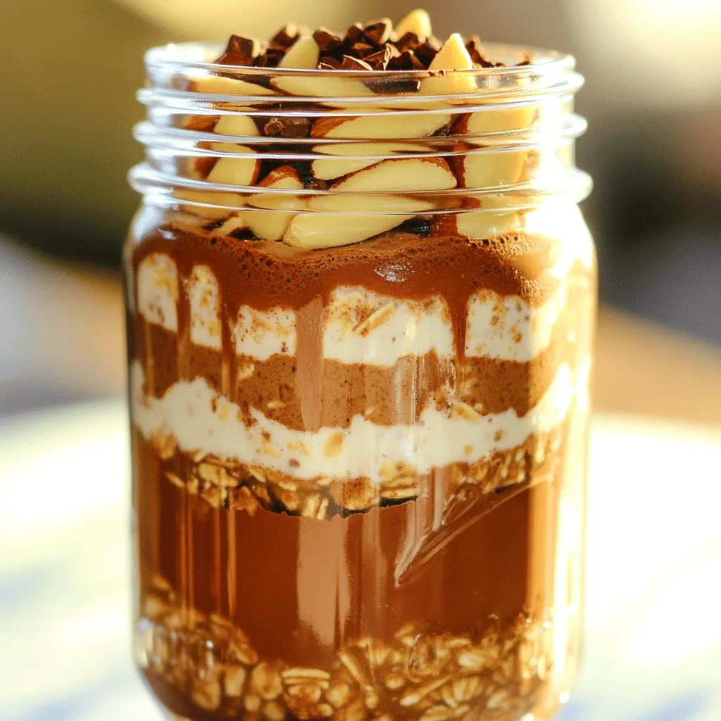 - 1/2 cup rolled oats - 1 cup almond milk (unsweetened) - 1 tablespoon cocoa powder - 1 tablespoon maple syrup (or honey) - 1 tablespoon finely chopped almonds - 1 teaspoon instant coffee granules - 1/2 teaspoon vanilla extract - A pinch of salt - 1 tablespoon chocolate chips (optional, for added indulgence) - Fresh almond slices and cocoa nibs for topping To create the perfect Mocha Almond Overnight Oats, you need simple and wholesome ingredients. Each one plays a key role in the flavor and texture. Rolled oats are your base. They provide fiber and keep you full. Almond milk adds creaminess without extra sugar. Use unsweetened for a healthier option. The cocoa powder and instant coffee give a rich mocha flavor. You can adjust these amounts based on how strong you like your coffee. Maple syrup or honey sweetens the dish. Choose what you prefer. The chopped almonds add a nice crunch. You can also add chocolate chips for a sweet touch. A pinch of salt balances the flavors, while vanilla extract brings warmth. Lastly, top your oats with fresh almond slices and cocoa nibs before serving. This adds texture and makes it look pretty. Each ingredient works together to create a delightful breakfast. - First, grab a mixing bowl. - Combine 1/2 cup rolled oats, 1 tablespoon cocoa powder, 1 teaspoon instant coffee granules, and a pinch of salt. - Mix these dry ingredients well. This helps the cocoa and coffee blend evenly. - Next, pour in 1 cup almond milk, 1 tablespoon maple syrup, and 1/2 teaspoon vanilla extract. - Stir everything until combined. Make sure the cocoa powder dissolves completely. - Now, fold in 1 tablespoon finely chopped almonds and 1 tablespoon chocolate chips if you want extra sweetness. - Gently mix to keep the oats intact. - Transfer the mixture into a mason jar or any airtight container. - Seal it tightly to keep it fresh. - Place the container in the fridge. - Let it soak overnight or for at least 4 hours. This allows the oats to soften and flavors to mix well. - In the morning, stir the oats. - If the mixture is too thick for you, add a splash more almond milk. - Enjoy your delicious mocha almond overnight oats! To get the right thickness for your mocha almond overnight oats, adjust the almond milk. If you like thicker oats, use less almond milk. For creamier oats, add a bit more. This simple tweak can change your whole experience. When storing overnight oats, use a mason jar or airtight container. This keeps them fresh and flavorful. Make sure to seal them tightly. This way, your oats will be ready for a great breakfast. You can boost the flavor with some fun toppings. Try adding fresh fruit, like bananas or berries. A dollop of yogurt can add creaminess too. If you're feeling adventurous, sprinkle some cinnamon for warmth. For sweeteners, you can swap out maple syrup for honey or agave. If you want a sugar-free option, use mashed ripe bananas or stevia. These alternatives can add a different twist to your oats. Serve your overnight oats in a clear glass. This will show off the lovely layers of oats and toppings. For a beautiful finish, drizzle some almond milk on top. You can also garnish with fresh almond slices and a sprinkle of cocoa nibs. This adds texture and makes your dish look appealing. A pretty presentation makes your meal feel extra special! {{image_2}} You can easily change the flavor of your mocha almond overnight oats. Try using different nut butters like peanut or cashew. Each nut butter will give a unique taste. You can also swap in other nuts such as walnuts or pecans. This adds more crunch and flavor. Milk choices are key too. You can use any milk you like. Dairy milk works great, or you can go for oat or soy milk. Each type will change the taste a bit. Just pick what you enjoy most. If you need gluten-free oats, simply use certified gluten-free oats. Most rolled oats are naturally gluten-free, but check the label. This way, you can enjoy your meal without worry. To make your oats vegan, switch the honey for maple syrup. Both choices add sweetness, but maple syrup fits perfectly. Also, ensure your chocolate chips are dairy-free if you add them. You can make your oats fun for each season. In spring, add fresh strawberries or blueberries. They bring a burst of color and flavor. In autumn, try warming spices like cinnamon or nutmeg. They make the dish cozy and perfect for chilly mornings. Feel free to get creative! Every season offers unique fruits and spices. Mix and match to find your favorites. To keep your mocha almond overnight oats fresh, store them in the refrigerator. Use a mason jar or an airtight container. This helps lock in flavors and maintain texture. You can keep them in the fridge for up to three days. After that, the oats may lose their crunch and taste. You can freeze overnight oats for longer storage. To do this, spoon the oats into freezer-safe containers. Leave some space at the top for expansion. Seal the containers tightly. When you're ready to eat, take them out and thaw. To thaw, place the container in the fridge overnight. For best taste, eat within three months. Enjoy the delicious flavors after thawing, and don’t forget to add fresh toppings! How long can I keep overnight oats in the fridge? You can keep overnight oats in the fridge for up to five days. Make sure to store them in an airtight container. This way, they stay fresh and tasty. The flavors will blend well over time, making each bite delightful. Can I make these oats in advance? Yes, you can make these oats in advance. Prepare them the night before or even a few days early. Just remember to keep them sealed in the fridge. This helps save time during busy mornings, and you'll have a yummy breakfast ready to go. Is there a way to make them less sweet? Absolutely! You can cut back on the maple syrup or honey. You could also use unsweetened almond milk for a less sweet flavor. Taste as you mix to find the right balance for your palate. What can I use instead of almond milk? You can use any milk you like. Options include cow's milk, oat milk, or soy milk. Each will add a unique taste. Choose based on your preference or dietary needs. In this blog post, we explored the tasty recipe for Mocha Almond Overnight Oats. You learned about key ingredients, including oats, almond milk, and cocoa powder. I provided a clear step-by-step guide for making these delicious oats along with helpful tips for the best results. Don't forget the fun variations, like seasonal fruits or different nut butters. Storing your oats properly ensures they stay fresh and tasty. Now, it’s time to enjoy your making and tasting experience. Embrace your creativity with this easy, nutritious dish!