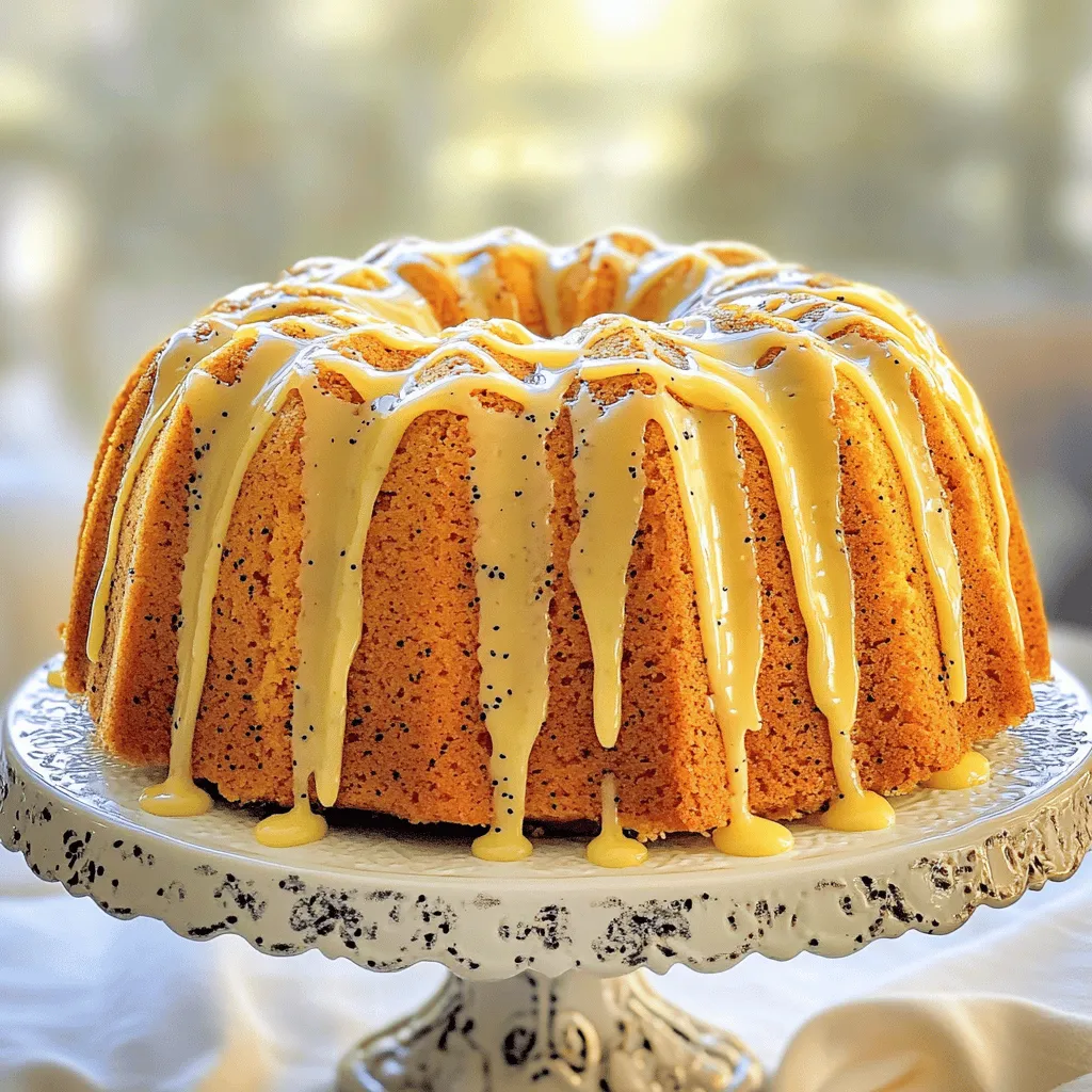 To make a delicious Lemon Poppy Seed Bundt Cake, you will need: - 2 cups all-purpose flour - 1 tablespoon poppy seeds - 1 teaspoon baking powder - ½ teaspoon baking soda - ½ teaspoon salt - 1 cup unsalted butter, softened - 1 cup granulated sugar - 3 large eggs - 1 teaspoon vanilla extract - 2 tablespoons lemon zest - ½ cup fresh lemon juice - 1 cup buttermilk You will need a few tools to bake this cake: - 10-inch Bundt cake pan - Mixing bowls (both large and medium) - Electric mixer or whisk - Measuring cups and spoons - Rubber spatula - Toothpick or cake tester - Wire rack for cooling Using fresh ingredients is key to great flavor. Here are some tips: - Lemons: Choose firm, bright lemons. They should feel heavy for their size. - Butter: Use unsalted butter for better control over salt levels in your cake. - Eggs: Look for large, fresh eggs. Check the expiration date to ensure freshness. - Buttermilk: If you can't find buttermilk, you can make a substitute with milk and vinegar. Just mix 1 cup of milk with 1 tablespoon of vinegar and let it sit for 5 minutes. - Poppy Seeds: Make sure the seeds are fresh and stored in a cool, dark place. Old seeds can lose their flavor. These choices help your cake taste its best and look great! Start by preheating your oven to 350°F (175°C). Take a 10-inch Bundt pan and grease it with butter. Dust the pan with flour to stop the cake from sticking. This simple step makes it easy to remove the cake later. Grab a medium bowl and add 2 cups of all-purpose flour. Then, mix in 1 tablespoon of poppy seeds, 1 teaspoon of baking powder, ½ teaspoon of baking soda, and ½ teaspoon of salt. Whisk these together well. This mix gives the cake its structure and flavor. In a large bowl, place 1 cup of softened unsalted butter and 1 cup of granulated sugar. Use an electric mixer on medium speed to beat them until they are light and fluffy. This should take about 4 to 5 minutes. Creaming these two ingredients well adds air to the cake. Now, add 3 large eggs one at a time. Mix well after each egg. Then, stir in 1 teaspoon of vanilla extract, 2 tablespoons of lemon zest, and ½ cup of fresh lemon juice. After this, slowly add the dry mix to the wet mix. Alternate it with 1 cup of buttermilk. Start and end with the flour mixture. Mix until just combined. Be careful not to overmix. Pour the batter into your prepared Bundt pan. Smooth the top with a spatula. Place it in the oven and bake for 50 to 55 minutes. Use a toothpick to check if it’s done. Insert it in the center; it should come out clean. Once baked, let the cake cool in the pan for 15 minutes before inverting it onto a wire rack to cool completely. To get that light and fluffy texture, make sure your butter is softened. I let it sit out for about 30 minutes. When you mix the butter and sugar, beat them well. This step adds air and makes the cake rise better. Remember, the longer you cream them, the fluffier your cake will be. Mixing is key, but don't overdo it. After adding the flour, mix until just combined. If you mix too much, your cake may turn out dense. Use a spatula to gently fold in the flour mixture and buttermilk. This helps keep the batter light. Once your cake bakes, let it cool in the pan for about 15 minutes. This step helps it firm up, making it easier to invert. To remove the cake, run a knife around the edge. Then, place a wire rack on top and flip it. Let it cool completely before adding any glaze or toppings. {{image_2}} You can enhance your cake's taste by adding different zests. Lemon zest brightens the cake. You can also use orange or lime zest for a twist. Each adds its own unique flavor. Just mix in about one tablespoon of the zest into the batter. This small change makes a big difference. A lemon glaze adds sweetness and moisture. To make it, mix one cup of powdered sugar with two tablespoons of lemon juice. Stir until smooth. Drizzle the glaze over the cooled cake for a shiny finish. This simple step elevates the cake's look and taste. You can adjust the glaze thickness by adding more sugar or juice. You can add fun ingredients to your cake. Chopped nuts, like walnuts or almonds, add crunch. Fresh fruits, like blueberries or raspberries, add flavor and moisture. Stir in about half a cup of your chosen add-in into the batter before baking. This gives the cake a personal touch and new flavors. Experiment with what you like best! To store your leftover cake, first, let it cool completely. Wrap it tightly in plastic wrap. This keeps it fresh and moist. You can also place it in an airtight container. Store it at room temperature for up to three days. If you want it to last longer, consider freezing. If you want to freeze the Bundt cake, make sure it’s fully cooled. Wrap the cake tightly in plastic wrap and then in aluminum foil. This helps prevent freezer burn. You can freeze it for up to three months. When you are ready to eat it, move it to the fridge overnight to thaw. To reheat the cake, preheat your oven to 350°F (175°C). Remove the cake from any wrapping. Place it in the oven for about 10 to 15 minutes. This warms it through without drying it out. You can also use a microwave. Heat a slice for about 20-30 seconds. Enjoy it warm for a tasty treat! Yes, you can make swaps. Use whole wheat flour for all-purpose flour. This adds fiber. You can replace some butter with applesauce. This reduces fat and adds moisture. Use a sugar substitute if you want to cut sugar. Just pick one that measures like sugar. Check the center with a toothpick. Insert it into the cake. If it comes out clean, the cake is done. You can also gently press the top. If it springs back, it is ready. The edges should pull slightly away from the pan. Serve the cake plain or with a drizzle of lemon glaze. For a fresh touch, add berries on the side. A scoop of vanilla ice cream pairs well too. You can also add a dusting of powdered sugar for extra sweetness. Use a nice cake stand to make it look pretty. In this article, we explored the key ingredients and tools needed for a Lemon Poppy Seed Bundt Cake. I provided step-by-step instructions to guide you through the baking process. We discussed tips for texture and variations, along with storage tips for leftovers. Remember, fresh ingredients make a big difference. With these methods and ideas, your cake will be delicious, unique, and ready to impress. Enjoy your baking journey, and don't forget to share your flavor twists!