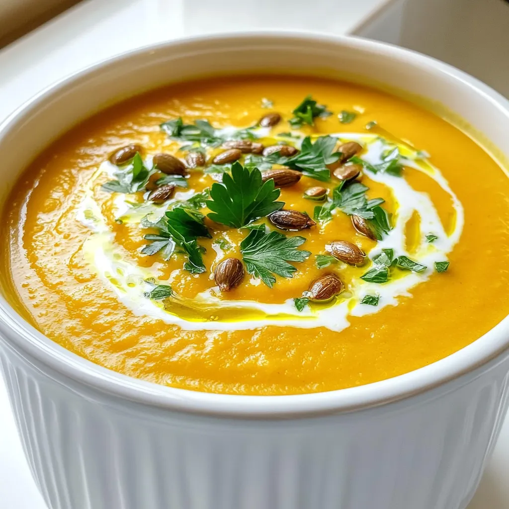 To make slow cooker creamy pumpkin soup, gather these key ingredients: - 1 can (15 oz) pumpkin puree - 1 medium onion, diced - 2 cloves garlic, minced - 3 cups vegetable broth - 1 cup coconut milk - 1 teaspoon ground cumin - 1 teaspoon ground ginger - ½ teaspoon ground cinnamon - Salt and pepper to taste - 2 tablespoons olive oil If you want to enhance the soup's flavor, consider these optional items: - 1 tablespoon maple syrup (for added sweetness) Garnishing adds a nice touch to your soup. Try these: - Fresh parsley - Pumpkin seeds Start by heating olive oil in a skillet over medium heat. Once hot, add the diced onion. Cook the onion for about 5 to 6 minutes. You want it to turn soft and translucent. Next, add the minced garlic. Cook this for just one minute. You will smell a lovely aroma once the garlic is ready. Now, transfer the onion and garlic to your slow cooker. Add the pumpkin puree, vegetable broth, and coconut milk. Sprinkle in the ground cumin, ginger, and cinnamon. These spices add warmth to the soup. Stir everything together until it mixes well. Season with salt and pepper to taste. If you want it sweeter, you can add maple syrup. Mix again to combine all the flavors. Cover the slow cooker. Set it to low heat for 6 hours or high heat for 3 hours. This slow cooking helps the flavors blend. After cooking, check if the soup is hot and fragrant. To make it creamy, use an immersion blender to puree the soup. If you don't have one, you can blend it in batches using a traditional blender. Once smooth, taste again and adjust the seasoning. Enjoy your cozy pumpkin soup! To make your soup burst with flavor, spices are key. I love using ground cumin, ginger, and cinnamon. These spices add warmth and depth. You can also try a pinch of nutmeg or even a little cayenne for heat. Start small and taste as you go. Each spice will change the soup's character. An immersion blender is my go-to for this soup. It’s easy and quick. Just blend the soup right in the slow cooker. If you use a traditional blender, let the soup cool a bit first. Blend in batches to avoid spills. Both methods work well, but the immersion blender saves time and cleanup. Taste your soup before serving. If you want it sweeter, add maple syrup. Start with one tablespoon. You can always add more later. Adjust salt and pepper to your liking. A little acidity from lemon juice can also brighten the flavors. Play around until it’s perfect for you! {{image_2}} You can boost the soup’s nutrition by adding protein. If you want a heartier dish, try cooked chicken. Shred leftover rotisserie chicken and stir it in during the last hour of cooking. You can also use lentils for a plant-based option. Add one cup of cooked lentils to the soup. This adds texture and protein without changing the flavor much. If you prefer a dairy-free version, coconut milk is a great choice. It adds creaminess and a hint of sweetness. You can also use almond milk or cashew cream. These options keep the soup rich without dairy. Adjust the seasoning since these milks are milder than coconut. To change the flavor, try different spices. For a Mexican twist, add chili powder and cumin. For a warm, Indian flavor, include garam masala or curry powder. You can also add fresh herbs like thyme or sage for a fragrant touch. Each variation brings a new taste to the soup. Experiment and find your favorite! Store your creamy pumpkin soup in an airtight container. It can last in the fridge for about 3 to 5 days. Make sure the soup cools down before you put it in the fridge. This helps keep it fresh and tasty. You can freeze the soup for later use. Just pour it into a freezer-safe container. Leave some space at the top as the soup will expand when it freezes. It will stay good for about 3 months. When you’re ready to eat, thaw it in the fridge overnight. To reheat the soup, pour it into a pot over low heat. Stir often to make sure it heats evenly. You can also use the microwave. Just heat it in short bursts, stirring in between. If it seems too thick, add a splash of vegetable broth or coconut milk to bring it back to the right consistency. Yes, you can use fresh pumpkin! Start with a small pumpkin, about 3 pounds. Cut it in half, remove the seeds, and roast it in the oven until soft. This usually takes about 45 minutes at 400°F. Once it's cool, scoop out the flesh and mash it. You can then add this fresh pumpkin to your soup in place of canned pumpkin puree. This gives your soup a fresh taste and a nice texture. If you want a thicker soup, you have a few options. First, let it cook longer in the slow cooker. The longer it cooks, the thicker it gets. You can also add more pumpkin puree or even some cooked potatoes. Another option is to stir in a bit of cornstarch mixed with water. Just add it slowly and mix until you reach your desired thickness. Yes, this soup can be vegan! It uses coconut milk, which is a great dairy-free option. Just make sure your vegetable broth is vegan as well. All the other ingredients, like pumpkin and spices, are plant-based too. So, you can enjoy this creamy soup without any animal products. This article covered how to make slow cooker creamy pumpkin soup. We explored the key ingredients, simple steps, and helpful tips. You learned how to enhance flavor and adjust texture. Variations allow for proteins or dairy-free options. We also discussed storage tips and answered common questions. Remember, cooking is a fun journey. Experiment with flavors and enjoy every bowl of soup!