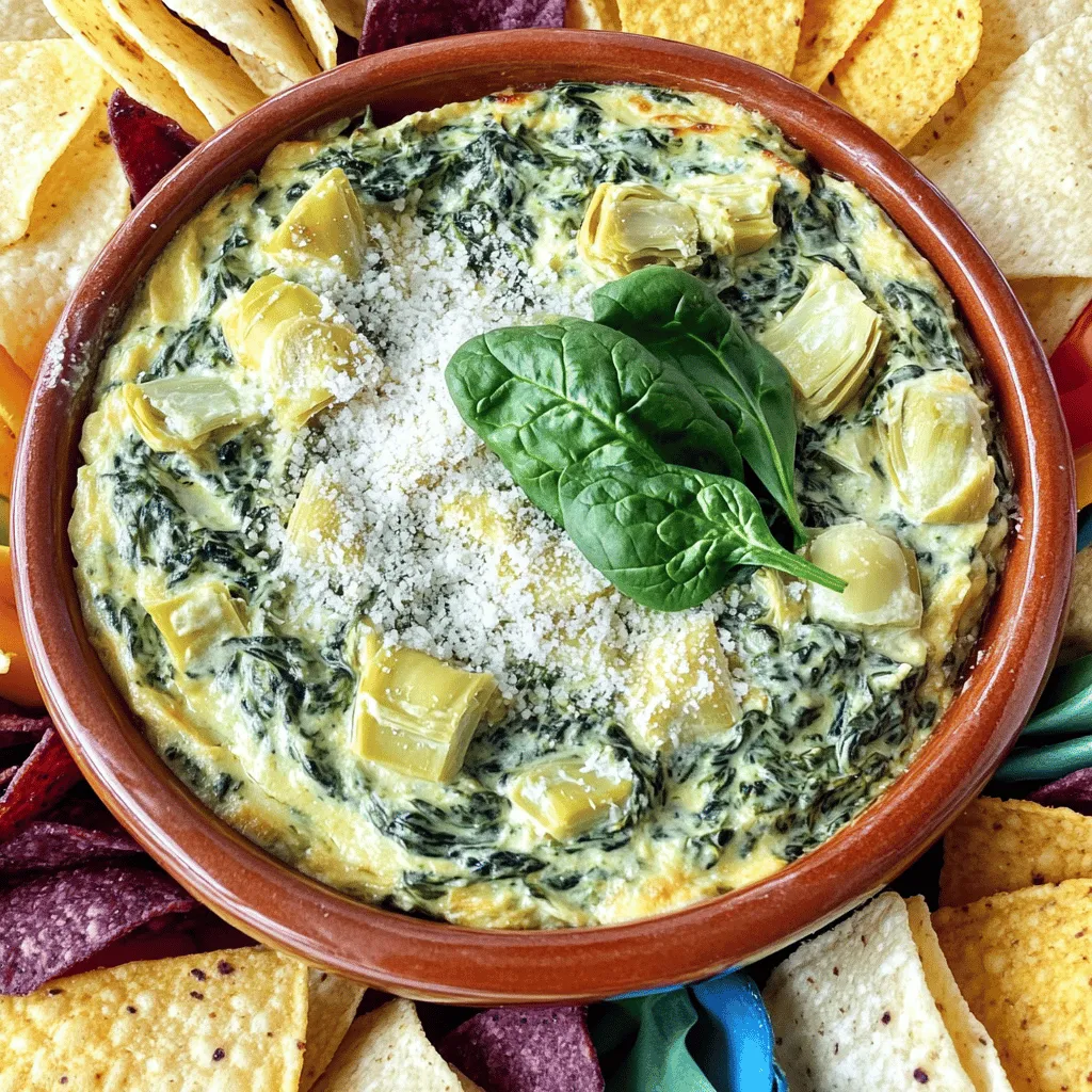 - 1 (10 oz) package frozen spinach, thawed and drained - 1 (14 oz) can artichoke hearts, drained and roughly chopped - 1 cup cream cheese, softened - 1 cup sour cream - 1 cup mayonnaise - 1 cup mozzarella cheese, shredded - 1/2 cup Parmesan cheese, grated - 3 cloves garlic, minced - 1 teaspoon garlic powder - 1 teaspoon onion powder - Salt and pepper to taste - 1/4 teaspoon red pepper flakes (optional, for a kick) For my Slow Cooker Spinach Artichoke Dip, I rely on a few key ingredients. First, I use frozen spinach. It’s easy and quick. Just thaw and drain it well. Next, I add artichoke hearts for a tangy flavor. Canned ones work great, chopped roughly. Cream cheese is a must. It makes the dip smooth and creamy. I also add sour cream and mayonnaise for richness. These ingredients blend well together. Next, I use mozzarella cheese for that gooey stretch. Parmesan cheese gives it a nice, savory touch. Garlic adds flavor. I use fresh minced garlic and garlic powder for depth. Onion powder rounds out the taste, while salt and pepper bring everything together. If you like a kick, add red pepper flakes. They add a pleasant heat. These ingredients mix to create a rich, creamy dip. It’s perfect for any gathering. The blend of flavors pleases everyone. To start, I grease the slow cooker insert. Use cooking spray or a little oil. This step helps prevent sticking and makes cleanup easier. Next, I ensure the slow cooker is even. If it’s uneven, some parts may cook faster than others. In a big bowl, I combine cream cheese, sour cream, and mayonnaise. I make sure the cream cheese is soft first. This way, it mixes well. I blend these until they are smooth and creamy. This base gives our dip that rich flavor. Now, I fold in the spinach and artichokes. It’s important that they are thawed and drained. I want to make sure they mix evenly in the creamy base. Next, I add mozzarella cheese and Parmesan cheese. Then, I stir in minced garlic, garlic powder, and onion powder. I also season with salt and pepper. If you like a bit of heat, toss in red pepper flakes. Mixing well ensures every bite is full of flavor. I transfer the mix to the slow cooker. Then, I cover it and set the cooker to low for 2-3 hours. If I’m short on time, I can set it to high for 1-1.5 hours. Stirring halfway through helps it cook evenly. This step is key for a smooth, creamy dip. To get the best dip, check the texture while cooking. After an hour, lift the lid and stir. This helps mix the flavors well. If it seems too thick, add a splash of milk or cream. This will make it smooth and creamy. If it’s too thin, let it cook a bit longer to thicken. Adjust the seasoning as needed. Taste and add more salt, pepper, or garlic powder. Remember, small changes can make a big difference. The dip shines when paired with the right dippers. Tortilla chips are always a hit. They add a nice crunch. Slices of toasted baguette also work well. They soak up the dip nicely. For a healthy option, use fresh vegetable sticks like carrots and celery. To make your dish look great, garnish it. A sprinkle of extra Parmesan cheese adds flair. Some fresh spinach leaves on top look nice too. Arrange your dippers around the dip for a colorful platter. This will make it fun and inviting for everyone! {{image_2}} You can add a bit of kick to your dip with red pepper flakes. Just a pinch gives it a nice heat. If you want more flavor, try adding smoked paprika or cayenne pepper. Both of these spices can lift the taste and make it more exciting. Experiment with what you like best. If you want a lighter dip, you can use low-fat cream cheese. It will still taste creamy, but with fewer calories. For a vegan option, swap the cream cheese and sour cream for cashew cream or silken tofu. These options keep the dip rich while fitting different diets. To boost the flavor, consider adding fresh herbs like basil or thyme. You can also mix in sun-dried tomatoes for a tangy twist. Another idea is to blend in different cheese types. Goat cheese or feta can bring a unique taste to your dip. Don't be afraid to try new things! To keep your spinach artichoke dip fresh, store it in an airtight container. It will stay good in the fridge for up to 3 days. Make sure it cools down to room temperature first. This will help prevent moisture build-up inside the container. The best way to reheat this dip is in the microwave. Start with a medium heat setting. Heat it for 30 seconds at a time, stirring in between. You can also use the stovetop. Just warm it in a pan over low heat, stirring often. This keeps the dip creamy and delicious. You can freeze spinach artichoke dip if you have leftovers. First, let it cool completely. Then, place it in a freezer-safe container. It can last in the freezer for up to 3 months. When you’re ready to enjoy it, thaw it in the fridge overnight. Reheat it using the methods mentioned above to get that creamy texture back. You can keep Spinach Artichoke Dip in the fridge for up to four days. Store it in an airtight container. Make sure it is cooled down before sealing. This keeps it fresh and safe to eat later. Yes, you can freeze Spinach Artichoke Dip. Place it in a freezer-safe container. It will last for about two months in the freezer. When you are ready to eat it, thaw it in the fridge overnight. You have many great options to serve with Spinach Artichoke Dip. Here are some ideas: - Tortilla chips - Toasted baguette slices - Fresh vegetable sticks (like carrots and celery) - Pita chips These dippers add crunch and flavor. You can prepare Spinach Artichoke Dip ahead of time. Mix all the ingredients and place them in the slow cooker. Cover and store it in the fridge for up to 24 hours. When you are ready, just cook it in the slow cooker. This saves time and makes serving easy. This blog post covered how to make a tasty Spinach Artichoke Dip. We discussed key ingredients like frozen spinach, artichoke hearts, and various cheeses. I shared step-by-step instructions for mixing and cooking the dip. You learned tips for perfect texture and great serving ideas. Don't forget the fun variations that can spice things up. Finally, proper storage and reheating tips are key for leftovers. Enjoy creating this dish, and share it with friends for a crowd-pleasing treat!