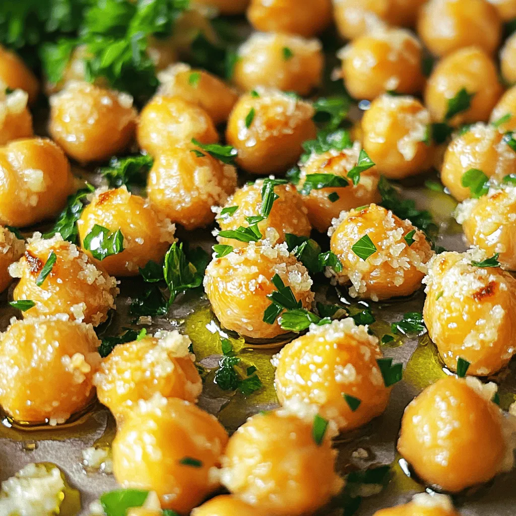 - 2 cans (15 oz each) chickpeas, drained and rinsed - 3 tablespoons olive oil - 4 cloves garlic, minced - 1/2 cup grated Parmesan cheese - 1 teaspoon garlic powder - 1 teaspoon onion powder - 1 teaspoon smoked paprika - 1/2 teaspoon salt - 1/4 teaspoon black pepper - Fresh parsley, chopped (for garnish) If you don’t have chickpeas, use black beans or white beans. They still crisp up well. Instead of Parmesan cheese, try nutritional yeast for a vegan option. You can swap olive oil for avocado oil if you prefer. If you don’t have smoked paprika, regular paprika works too. For an extra kick, add cayenne pepper instead of black pepper. You need a few basic tools to make this snack. Gather these items: - Baking sheet - Parchment paper - Mixing bowl - Measuring spoons - Knife and cutting board - Paper towels These tools help you prepare and cook the chickpeas to crispy perfection. Start by draining and rinsing two cans of chickpeas. This will remove salt and help with taste. Next, pat them dry with paper towels. Removing moisture is key for crispiness. The drier the chickpeas, the crunchier they will be. In a large bowl, mix three tablespoons of olive oil with four minced garlic cloves. Add half a cup of grated Parmesan cheese for a cheesy touch. Then, sprinkle in one teaspoon each of garlic powder and onion powder. Add one teaspoon of smoked paprika for flavor, and finish with half a teaspoon of salt and a quarter teaspoon of black pepper. Stir until all ingredients blend together well. Preheat your oven to 400°F (200°C) and line a baking sheet with parchment paper. Add the dried chickpeas to the bowl with the coating. Toss them gently to coat every chickpea. Spread them out on the baking sheet in one even layer. Roast them for 25-30 minutes, stirring halfway through. Keep a close eye on them to prevent burning. When they turn golden brown, they are ready. Let them cool for a few minutes, then garnish with fresh chopped parsley before serving. Enjoy this crunchy snack! To get your chickpeas super crispy, start by drying them well. After draining, use paper towels to pat them dry. The less moisture, the crunchier they will be. When they roast, spread them out on the baking sheet. Avoid crowding them; they need space to breathe and crisp up. Roasting at 400°F helps achieve that golden brown color. Stir them halfway through cooking for even crispiness. Let them cool before eating; they will get crunchier! You can change up the flavor of your chickpeas easily. Try adding different spices like cayenne for heat or curry powder for a twist. You can also swap the Parmesan with nutritional yeast for a vegan take. Fresh herbs like rosemary or thyme can add great taste. Experiment with your favorite flavors to keep it exciting. Each variation can make this snack feel new and fun! One common mistake is not drying the chickpeas enough. If they’re wet, they won't crisp up. Another mistake is overcrowding the baking sheet; it can lead to soggy chickpeas. Also, be careful not to burn them. Keep an eye on them as they roast. Lastly, don’t skip the cooling time. They will continue to get crispy as they cool down. Avoid these pitfalls for the perfect snack every time! {{image_2}} To make a vegan version, skip the Parmesan cheese. Instead, use nutritional yeast. It adds a cheesy taste without dairy. You can also add more garlic powder for extra flavor. This version keeps it tasty and plant-based. If you love heat, add cayenne pepper or chili powder. Mix in 1 teaspoon of either spice with the other seasonings. You can adjust the amount based on your spice level. The extra kick makes these chickpeas exciting and bold. Herbs can change the flavor profile. Try adding dried rosemary, thyme, or oregano. Just 1 teaspoon of any herb works well. Mix them into the coating for a fresh twist. Fresh herbs can also be used after baking for a vibrant taste. To keep your garlic parmesan roasted chickpeas crunchy, store them in an airtight container. Use a glass jar or a plastic container with a tight lid. Avoid using paper bags, as they allow air in, which makes them soggy. If you want to reheat them, use an oven or an air fryer. Preheat the oven to 350°F (175°C). Spread the chickpeas on a baking sheet in a single layer. Heat for about 10 minutes or until warm and crispy again. An air fryer works well too; just heat them at 350°F for about 5 minutes. These chickpeas are best eaten within 3 days. After that, they may lose their crunch. If you need to keep them longer, try storing them in the fridge for up to a week, but they will not be as crispy. For the best taste, enjoy them fresh! Yes, you can use dried chickpeas. Start by soaking them. Soak them overnight in water. After soaking, cook them in boiling water for about an hour. Drain and rinse them well before using them in the recipe. This method may take extra time, but it can make your snack even tastier. This recipe is naturally gluten-free. All the ingredients listed are safe for gluten-free diets. Just ensure that your Parmesan cheese does not contain gluten. Always check labels to be safe. You can enjoy this snack without any worries about gluten. Yes, you can freeze them! Let the roasted chickpeas cool completely before freezing. Store them in an airtight container or a freezer bag. They will keep well for up to three months. When you’re ready to eat them, reheat in the oven to regain their crispiness. This blog post covered all you need for perfect roasted chickpeas. We explored key ingredients, handy substitutions, and the right tools. You learned how to prep and roast your chickpeas, creating a flavorful coating. I shared tips for crispiness and unique flavor variations. Roasting chickpeas is simple and fun. You can enjoy them as a snack or add them to dishes. Remember the storage tips to keep them fresh. With this guide, you are ready to make tasty roasted chickpeas that everyone will love. Enjoy your cooking!