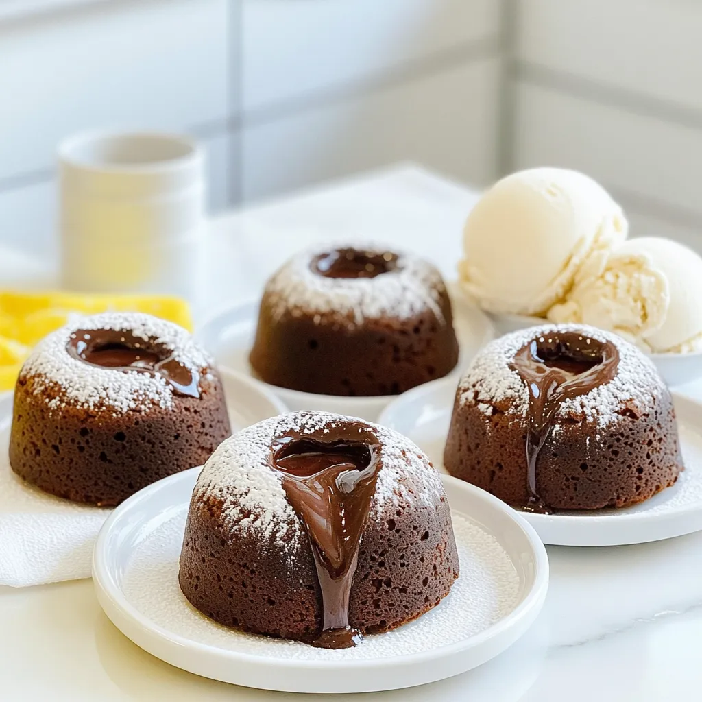 - ½ cup (1 stick) unsalted butter - 1 cup semi-sweet chocolate chips - 2 large eggs - 2 large egg yolks - ½ cup powdered sugar - 1 teaspoon vanilla extract - ¼ cup all-purpose flour - Pinch of salt - Cooking spray for ramekins - Optional toppings: ice cream or whipped cream The ingredients for Air Fryer Chocolate Lava Cakes are simple yet vital. Start with unsalted butter and semi-sweet chocolate chips for that rich flavor. You will need two large eggs and two egg yolks to make the cake fluffy and moist. The powdered sugar adds the right sweetness, while vanilla extract brings out the chocolate's depth. All-purpose flour is the base for your batter, and a pinch of salt balances the sweetness. Don’t forget the cooking spray! This ensures the cakes slide out of the ramekins easily. For an extra touch, serve with ice cream or whipped cream. It's a great way to elevate your dessert. With these ingredients, you set the stage for a delightful treat. The combination ensures a cake with a molten center that will impress anyone who tries it. Enjoy the process and let the flavors shine! First, melt the butter and chocolate. Place them in a small saucepan over low heat. Stir often until the mixture is smooth. This should take just a few minutes. Once melted, remove the pan from the heat and let it cool for about five minutes. Cooling is key; it keeps the eggs from cooking when added. In a mixing bowl, whisk the eggs and egg yolks. Add the powdered sugar and vanilla extract. Mix until everything combines well. This should take about a minute. Now, slowly pour in the melted chocolate mixture. Stir continuously as you pour. This helps blend the chocolate with the eggs without cooking them. Next, gently fold in the flour and a pinch of salt. Use a spatula to mix until just combined. Avoid overmixing, as this can make the cakes tough. Spray your ramekins with cooking spray to prevent sticking. Pour the batter evenly into each ramekin, filling them about three-quarters full. Leave some space at the top for the cakes to rise. Preheat your air fryer to 350°F (175°C). This usually takes about five minutes. Once preheated, place the ramekins in the basket. Cook for 8 to 10 minutes. The edges should be firm, while the center remains soft. Keep an eye on them; you want that gooey lava inside! Carefully take out the ramekins after cooking. Let them cool for one minute. Run a knife around the edges of each ramekin. Then, invert the cakes onto serving plates. For a special touch, add a scoop of ice cream or a dollop of whipped cream on top. Enjoy your delicious treat! To make that perfect lava center, you must tweak your cooking time. I recommend starting with 8 minutes. Check for doneness by looking at the edges. They should be firm while the center remains soft. If it still looks too wet, add another minute. The goal is a gooey chocolate center that flows out when you cut into it. When handling ramekins, always use oven mitts. They get hot fast. Spray them lightly with cooking spray to prevent sticking. Preheat your air fryer to 350°F (175°C) for about five minutes. This helps the cakes cook evenly and rise well. If your cakes aren’t rising, it might be too much flour or underbeaten eggs. Make sure you measure carefully. If your air fryer is different from mine, adjust the time and temperature. Each model can vary. Keep testing until you find what works for yours. {{image_2}} You can change the flavor of your lava cakes easily. Adding spices makes the cakes more special. A pinch of cinnamon can add warmth. If you love coffee, try adding espresso powder for a nice kick. You can also switch up the chocolate used. Instead of semi-sweet, try dark chocolate for a richer taste. White chocolate can give a sweet twist. You will find many ways to explore new flavors. If you need a gluten-free option, don’t worry. You can use almond flour or coconut flour instead of all-purpose flour. These swaps keep the cake tasty and moist. For those who are vegan, you can make lava cakes too. Replace the eggs with a mix of ground flaxseed and water. Use dairy-free chocolate for a rich flavor. These small changes give you a great dessert without animal products. Make your lava cakes look fancy with fun plating ideas. Use a small scoop to create a round mound of ice cream beside the cakes. Drizzle chocolate sauce or fruit puree around the plate for color. Pair your cakes with different ice cream flavors. Vanilla is classic, but try mint or coffee for something new. You can even add a sprinkle of sea salt on top. This adds a nice contrast to the sweet chocolate. Enjoy experimenting with your own creative serving ideas! To keep your uneaten cakes fresh, place them in an airtight container. This helps lock in moisture and flavor. You can store them in the fridge for up to three days. If you want to save them longer, freeze the cakes. Wrap each ramekin in plastic wrap, then foil. This protects them from freezer burn. To reheat your lava cakes, set your air fryer to 300°F (150°C). Place the ramekins inside for about 5 minutes. Check the center; it should stay gooey and soft. If you heat too long, you may lose that lovely molten center. When stored properly, these cakes last about three days in the fridge and up to two months in the freezer. Watch for signs of spoilage, like an off smell or dry texture. If they look or smell strange, it’s best to toss them. You can use other small baking dishes. Muffin tins work well too. Just grease them well. You can also use small cups that can handle heat. Make sure they are oven-safe. Yes, you can make the batter ahead. Store it in the fridge for up to two days. When ready to bake, bring it to room temperature. This helps it cook evenly. Check the edges first. They should be firm while the center is soft. You can also gently shake the ramekin. If the center jiggles, it’s done. Let them cool for a minute before serving. Look for air fryers with good temperature control. Models with a basket design are great for baking. Brands like Ninja and Philips get high marks. Make sure they have a reliable timer and a good warranty. In this post, we covered how to make delightful chocolate lava cakes. We explored each ingredient and detailed the step-by-step process. From melting chocolate to air frying, I provided tips and troubleshooting advice. You can easily customize flavors and adjust for dietary needs. Remember to store leftovers properly for the best taste. Homemade lava cakes are fun, and you can impress loved ones with your skills. Enjoy the rich, gooey center and get creative with toppings—every bite is worth it!