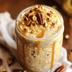 To make Caramel Macchiato Overnight Oats, gather these simple ingredients: - 1 cup rolled oats - 1 ¾ cups almond milk (or milk of choice) - 1 tablespoon caramel sauce (+ extra for drizzling) - 1 tablespoon maple syrup - ½ teaspoon vanilla extract - ½ teaspoon cinnamon - ¼ cup strong brewed coffee (cooled) - ¼ cup Greek yogurt (optional) - 1 tablespoon chopped nuts (e.g., pecans or walnuts) - A pinch of sea salt These ingredients blend to create a creamy and tasty dish. The oats are the base of this recipe. They soak up the flavors overnight. Almond milk adds a nice creaminess. You can use any milk you like. Caramel sauce gives a sweet touch. Maple syrup adds extra sweetness. Vanilla and cinnamon bring warm flavors. Strong brewed coffee gives that macchiato kick. If you want creaminess, Greek yogurt works great. Chopped nuts add a nice crunch. Each ingredient plays a key role. They work together to make your morning bright. Plus, you can adjust sweetness as you like. Enjoy making this tasty meal! Start by taking a mixing bowl. Add 1 cup of rolled oats. Next, pour in 1 ¾ cups of almond milk or your choice of milk. Then, mix in 1 tablespoon of caramel sauce and 1 tablespoon of maple syrup. Add ½ teaspoon of vanilla extract, ½ teaspoon of cinnamon, and ¼ cup of cooled, strong brewed coffee. If you want creamier oats, you can also add ¼ cup of Greek yogurt. Stir everything together. Make sure the oats are well coated with the liquids. Once mixed, transfer the oats to an airtight container. Seal it tightly to keep the moisture in. Place the container in the refrigerator. Let it chill overnight or for at least 6 to 8 hours. This will help the oats absorb all the flavors and soften. In the morning, take the container out of the fridge. Stir the oats well and taste them. If you want them sweeter, drizzle more caramel sauce or maple syrup on top. You can serve the oats cold or warm them slightly if you prefer. For a crunchy touch, sprinkle 1 tablespoon of chopped nuts, like pecans or walnuts, on top. Add a drizzle of caramel sauce for extra flavor. Enjoy your Caramel Macchiato Overnight Oats! To get the best texture, adjust the liquid. If you like thick oats, use less milk. For creamy oats, add more almond milk or Greek yogurt. Stir well before refrigerating. This helps the oats soak up all the flavors. In the morning, give it a good stir again. If it feels too thick, add a splash of milk to loosen it. You can make your oats even tastier. Try adding more caramel sauce for sweetness. A sprinkle of nutmeg or cocoa powder gives a nice twist. Fresh fruits like bananas or berries add a pop of color and flavor. Nuts add crunch. Chopped pecans or walnuts work great on top! Meal prep makes mornings easy. Mix your oats the night before. Store them in jars for quick grab-and-go meals. Keep them sealed tight in the fridge. They stay fresh for up to five days. Just stir and enjoy when you are ready! {{image_2}} You can switch up the taste of your caramel macchiato overnight oats easily. Try making a chocolate caramel macchiato. Just add 2 tablespoons of cocoa powder to the mix. This gives a rich and deep flavor. Another great option is to use vanilla or hazelnut. Swap the vanilla extract for hazelnut extract. You will get a nutty and sweet twist that enhances the oats. If you want vegan options, use plant-based milk like almond or oat milk. Replace the Greek yogurt with a vegan yogurt. Both choices keep the taste creamy and delicious. For gluten-free oats, make sure to choose certified gluten-free rolled oats. This way, you can enjoy the recipe without any worries. Toppings can elevate your dish. Add fresh fruit like bananas or berries for a burst of flavor. They also add natural sweetness and nutrients. You can also mix in chopped nuts or seeds for some crunch. Pecans, walnuts, or even chia seeds work great. These add texture and healthy fats to your meal. Use a glass jar or airtight container. These keep the oats fresh. You want to seal them tightly to lock in flavor. Store them in the fridge right after mixing. They need at least six to eight hours to soak. This helps the oats soften and absorb the tasty liquids. Yes, you can freeze these oats! It’s a great way to save time. Pour the mixture into a freezer-safe container. Leave space at the top for expansion. To thaw, place the container in the fridge overnight. You can also use the microwave. Heat for one to two minutes, stirring halfway. In the fridge, these oats last about five days. If they start to smell off or look strange, don’t eat them. Look for a change in texture. If they feel dry or hard, it’s best to throw them out. Always check before serving! Yes, you can make this recipe vegan. Just use almond milk or any plant-based milk. Replace Greek yogurt with a vegan yogurt or skip it. Use maple syrup for sweetness, as it is plant-based. The caramel sauce can be vegan too, so check the label. I recommend using rolled oats. They soak well and give a nice texture. Rolled oats absorb the liquid overnight, making them soft and creamy. Instant oats can work, but they may become too mushy when soaked. You can easily adjust the sweetness. If you want it sweeter, add more caramel sauce or maple syrup. Taste it after mixing. If it’s not sweet enough, drizzle in more. You can also try adding a bit of honey if you prefer. You can use instant oats, but the texture will change. Instant oats cook faster and can become mushy when soaked. If you want a creamier bowl, stick with rolled oats for the best results. For leftovers, stir them well before serving. You can enjoy them cold or warm them up in the microwave. Add fresh toppings like nuts or fruit to brighten the flavor. Drizzle more caramel sauce on top for extra sweetness. This blog post walks you through making delicious caramel macchiato overnight oats. We covered the key ingredients, detailed steps for mixing and refrigeration, and tasty serving tips. You learned about flavor variations, dietary adjustments, and storage tips to keep your oats fresh. In the end, these oats are easy to customize and great for meal prep. Enjoy experimenting with flavors and toppings to find your perfect bowl! You’ll love how simple and satisfying this treat can be.