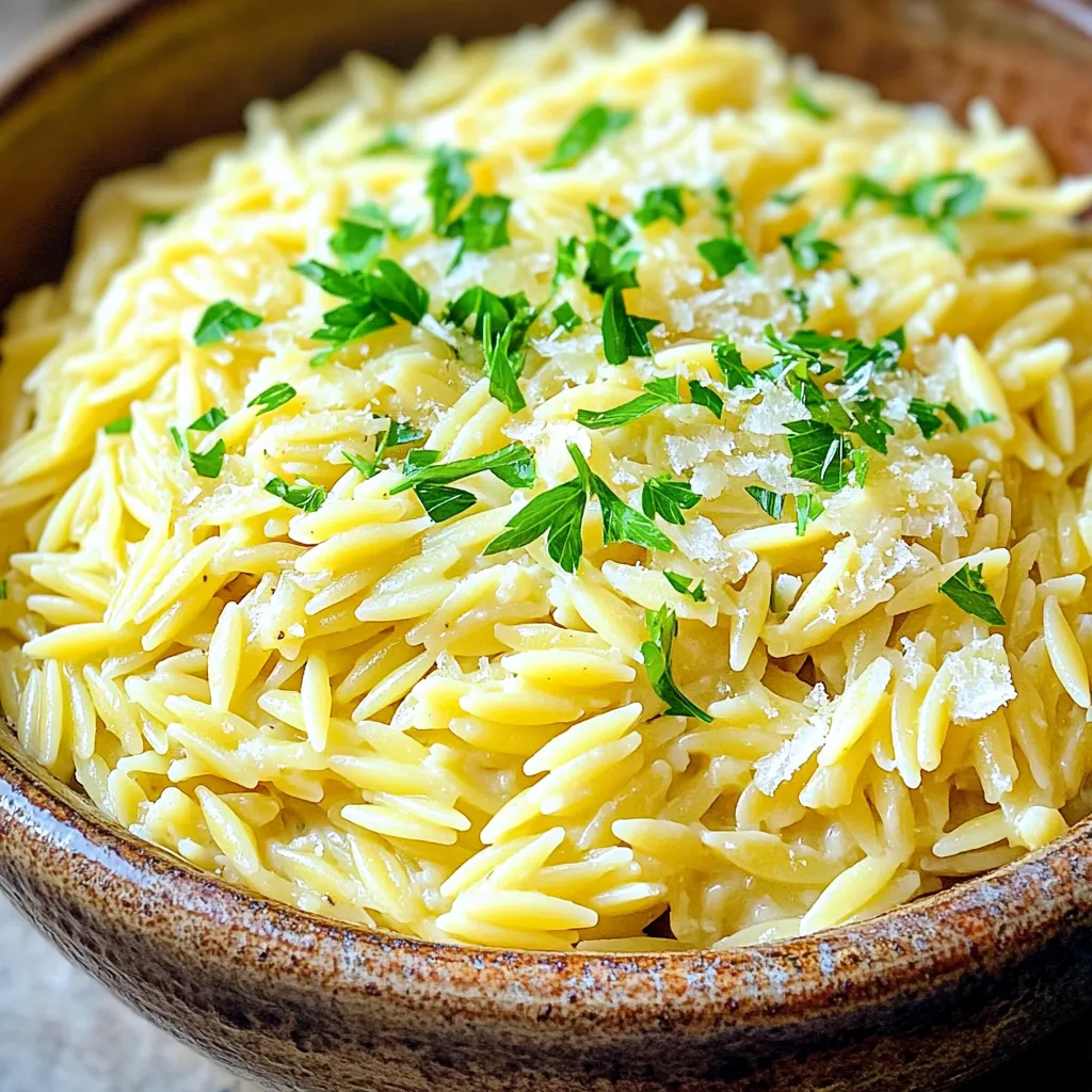 - 1 cup orzo pasta - 2 tablespoons olive oil - 4 cloves garlic, minced - 1 small onion, finely chopped - 4 cups vegetable broth - 1 cup heavy cream - 1 cup grated Parmesan cheese - 1 teaspoon Italian seasoning - Salt and pepper, to taste - Fresh parsley, chopped (for garnish) When measuring orzo, use a dry measuring cup. Fill it to the top and level it off. For olive oil, a tablespoon is good for sautéing. If you’re unsure about garlic, use a garlic press for even mincing. The vegetable broth should be liquid and warm for best flavor. You can use whole wheat orzo for a healthier option. If you want less fat, use half-and-half instead of heavy cream. For a cheese swap, try Pecorino Romano. No fresh parsley? Dried herbs can work in a pinch, but fresh adds a nice touch. Start by setting your Instant Pot to Sauté mode. Next, add 2 tablespoons of olive oil. When the oil is hot, add the finely chopped onion and minced garlic. Sauté them for about 2 to 3 minutes. You want the onion to look clear and smell great. This step builds a good base for your dish. Now it’s time to add 1 cup of orzo pasta to the pot. Stir it well for about 1 minute. This light toasting gives the orzo a nice flavor. After that, pour in 4 cups of vegetable broth. Give everything a good stir to mix the ingredients well. Seal the Instant Pot and set it to Manual high pressure for 4 minutes. Once the timer goes off, do a quick release of the pressure. Carefully open the lid, then stir in 1 cup of heavy cream and 1 cup of grated Parmesan cheese. Mix until it turns creamy and the cheese is melted. Finally, taste it. Add salt and pepper as needed. Spoon it into bowls and sprinkle with fresh parsley to serve. Enjoy your creamy garlic Parmesan orzo! To make your orzo ultra-creamy, use heavy cream. It adds rich flavor. Stir it in after cooking. Make sure to mix well. This helps the cheese melt evenly. If you want a lighter version, use half-and-half. It still tastes great! Add fresh herbs to boost flavor. Chopped parsley brightens up the dish. You can also try thyme or basil for depth. For a kick, a pinch of red pepper flakes works well. Always taste as you go. Adjust salt and pepper to your liking. One mistake is not sautéing the onion and garlic enough. They need to be fragrant and soft. Another mistake is skipping the quick release. Letting it sit too long can overcook the orzo. Lastly, don’t forget to taste! This helps you balance the flavors. {{image_2}} You can make this dish even better with vegetarian add-ins. Try adding fresh spinach or kale for a pop of green. Artichoke hearts also add great flavor. You can toss in some peas for a sweet crunch. Mushrooms bring a rich taste and hearty texture. If you want more protein, consider adding chicken or shrimp. Both cook well in the Instant Pot. You can sauté them with the garlic and onion. For a plant-based option, add chickpeas or lentils for a boost. They blend nicely and keep the dish filling. To change the flavor, think about adding spices. A pinch of red pepper flakes adds heat. For a smoky taste, try smoked paprika. You can also switch out the Italian seasoning for herbs like thyme or rosemary. Each change brings a new twist to your creamy garlic Parmesan orzo. After enjoying your creamy garlic Parmesan orzo, store any leftovers in an airtight container. This keeps the dish fresh and tasty. Let the orzo cool completely before sealing it. You can safely keep it in the fridge for up to three days. When you're ready to eat, just check for any signs of spoilage. If it looks good, you’re all set! Reheating the orzo is simple. You can use either the microwave or a stovetop. For the microwave, place the orzo in a bowl. Add a splash of water or cream to keep it moist. Heat it for one to two minutes, stirring halfway. On the stovetop, warm over low heat. Stir often and add a bit of liquid to prevent it from drying out. This way, you’ll enjoy a creamy, delicious meal again! Freezing is a great option if you want to save some orzo for later. First, let it cool completely. Then, scoop it into freezer-safe bags or containers. Try to remove as much air as possible. This helps prevent freezer burn. You can freeze it for up to three months. When you’re ready to eat, thaw it in the fridge overnight. Reheat it as mentioned above for the best results. Enjoy every bite! Yes, you can use other small pasta types. Try ditalini or acini di pepe. Both work well and will give a nice texture. Just adjust the cooking time if needed. Follow the package instructions for timing. To make your orzo extra creamy, use full-fat heavy cream. Stir it in after cooking. The Parmesan cheese adds rich flavor too. Make sure to mix well until everything is melted. This step is key for that creamy finish. This orzo pairs well with many dishes. Try it with grilled chicken or roasted veggies. A simple green salad also complements it nicely. Add some crusty bread for a complete meal. Enjoy mixing and matching your favorites! You learned about key ingredients, cooking steps, and helpful tips. You can customize the recipe with different flavors and proteins. Remember to store leftovers properly to keep them fresh. Always check the FAQs for any doubts. By following these steps, you can enjoy a tasty dish every time. Cooking is fun and rewarding, so keep experimenting! Enjoy your creamy garlic Parmesan orzo and share it with friends or family. Your kitchen is now a place of creativity.