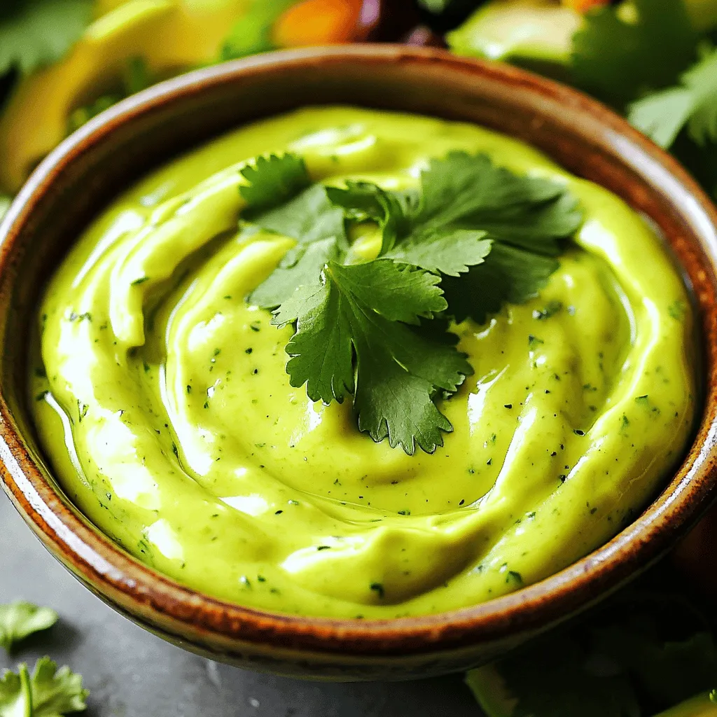 To make your creamy avocado cilantro dressing, you will need the following simple ingredients: - 1 ripe avocado - 1/4 cup fresh cilantro leaves, tightly packed - 2 tablespoons Greek yogurt (or a plant-based yogurt) - 1 tablespoon lime juice - 1 garlic clove, minced - 1/4 teaspoon cumin powder - Salt and pepper to taste - Water (as needed for consistency) These ingredients blend together to create a creamy and tasty dressing. The ripe avocado gives it a smooth texture. Fresh cilantro adds a bright flavor that really pops. Greek yogurt makes it creamy and rich, while lime juice brings in a nice tang. The garlic and cumin give it depth and warmth. Make sure to choose a ripe avocado. A ripe avocado feels slightly soft when you press it. If it’s too hard, it needs more time to ripen. Fresh cilantro should look vibrant and green. Avoid any yellow or wilting leaves. Gather all your ingredients before you start. This makes the process easier and faster. You will love how quick and simple it is to whip up this dressing. 1. Start by cutting the avocado in half. Remove the pit carefully. Use a spoon to scoop the green flesh into your food processor or blender. 2. Next, add the fresh cilantro leaves to the processor. Include the Greek yogurt, lime juice, minced garlic, and cumin powder. 3. Blend the mixture on high until it is smooth. It should have a creamy texture. 4. If the dressing is too thick, add water. Do this one tablespoon at a time. Blend again until you reach your desired consistency. 5. Now, season the dressing with salt and pepper. Blend once more to mix it well. 6. Transfer the creamy dressing to a jar or airtight container. Refrigerate for at least 30 minutes. This helps the flavors blend together nicely. This simple process creates a rich and tasty dressing. Enjoy your delicious creation! Choosing the right avocado Pick a ripe avocado. It should be slightly soft but not mushy. A ripe avocado gives the best creaminess to your dressing. If it feels hard, let it ripen on the counter for a few days. Check it daily. Tips for flavor enhancement Add a bit more lime juice for zing. You can also try adding a pinch of chili powder for heat. If you want a deeper flavor, roast the garlic before adding it. This will give the dressing a sweet and rich taste. Blending techniques for a smoother texture Use a good blender or food processor. Start blending on low and then increase the speed. If the dressing is thick, add water slowly. Blend until everything is smooth and creamy. Scrape the sides of the bowl to mix all ingredients well. {{image_2}} You can change up this creamy avocado cilantro dressing to fit your taste. Here are a few easy swaps: - Alternative yogurt options: If you want a dairy-free version, try using coconut yogurt or almond yogurt. Both add a nice creaminess without the dairy. - Adding spices or herbs for different flavors: For a kick, add a pinch of cayenne or smoked paprika. You can also mix in fresh herbs like parsley or dill for a new twist. - Using different citrus juices: Lime juice gives a fresh taste, but lemon juice works well too. If you want something sweeter, try orange juice for a fun flavor change. Feel free to mix and match these swaps to create your perfect dressing! To keep your creamy avocado cilantro dressing fresh, use an airtight container. Glass jars work great. They seal well and do not stain. You can also use plastic containers with tight lids. This dressing lasts for about three to five days in the fridge. The lime juice helps slow down browning, but it will still change color. If it turns brown, it’s still safe to eat. Just give it a good stir. Freezing this dressing is not ideal. It can change texture and become watery. If you must freeze it, use ice cube trays. This way, you can thaw only what you need later. Just remember, the flavor may not be as bright after freezing. Can I make this dressing vegan? Yes, you can make this dressing vegan. Just swap Greek yogurt for a plant-based yogurt. This simple change keeps the creaminess while staying dairy-free. How long does homemade dressing last? Homemade dressing lasts about five days in the fridge. Store it in an airtight container for the best results. If you notice any changes in smell or color, it's best to toss it. What dishes pair well with this dressing? This dressing shines on salads and grain bowls. It also works great as a dip for fresh veggies. You can even drizzle it over tacos or grilled meats for extra flavor. This post shared how to make a creamy avocado cilantro dressing. We covered simple ingredients and step-by-step instructions. You learned how to pick the right avocado and adjust the taste. Tips on storing and ingredient swaps also helped you customize your dressing. In conclusion, enjoy this fresh dressing on salads, tacos, or bowls. It adds flavor and nutrition to any meal. With these easy steps, you can impress your family and friends. Get ready to blend your way to delicious meals!