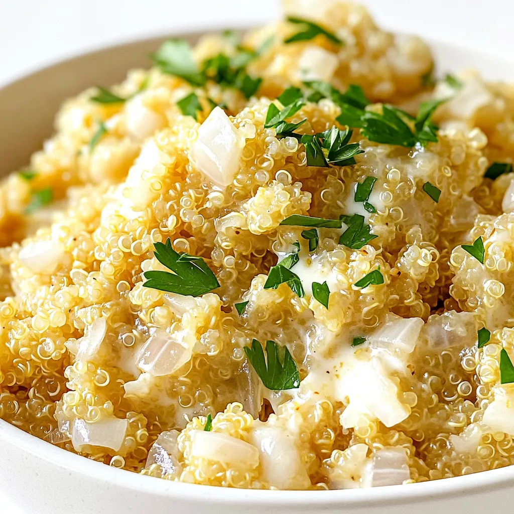 To make this tasty dish, gather the following ingredients: - 1 cup quinoa, rinsed - 2 cups vegetable broth - 1 tablespoon olive oil - 4 cloves garlic, minced - 1 small onion, finely chopped - 1 cup heavy cream or coconut cream for a lighter option - 1/2 cup grated Parmesan cheese - 1 teaspoon dried Italian herbs (oregano, basil, thyme) - Salt and pepper to taste - Fresh parsley, chopped, for garnish These ingredients create a creamy and flavorful quinoa base. The garlic and onion add a nice depth of flavor. The heavy cream or coconut cream makes it rich and smooth. Parmesan cheese adds a savory touch that really shines. If you want to make this dish dairy-free, use coconut cream instead of heavy cream. Nutritional yeast can replace Parmesan for a cheesy flavor without dairy. For those who want less fat, you can use low-fat milk instead. If you don’t have quinoa, use rice or couscous. Fresh herbs bring a bright taste to the dish. They work well as a garnish or mixed in at the end. If you use dried herbs, they add a rich flavor but need to be added earlier. Dried herbs are stronger, so use less than fresh. A teaspoon of dried herbs will go a long way. Choose what you have on hand, and enjoy the flexibility! Start by heating the olive oil in a large pot. Use medium heat for best results. Once the oil is hot, add the finely chopped onion. Cook it for about 3-4 minutes. You want it to turn soft and clear. Next, add the minced garlic. Let it cook for 1-2 minutes until it smells amazing. This is where the magic begins! Now, it's time to add the rinsed quinoa. Mix it well with the garlic and onion. This helps the quinoa soak up those great flavors. Pour in the vegetable broth and bring it all to a boil. Once it boils, reduce the heat to low. Cover the pot and let it simmer for about 15 minutes. The quinoa will absorb all the liquid and expand. You will know it’s done when it’s fluffy and the broth is gone. After cooking, stir in the heavy cream or coconut cream. This adds that rich and creamy texture we love. Then, sprinkle in the grated Parmesan cheese. Mix everything well until it’s combined and creamy. Finally, season with dried Italian herbs, salt, and pepper. Let it simmer for 2-3 more minutes to warm it through. Use a fork to fluff the quinoa before serving. It’s now ready to enjoy! To get the creamiest texture, use heavy cream. It gives a rich taste. If you want a lighter dish, use coconut cream. Stir the cream well into the quinoa after cooking. This helps blend all the flavors. Adding the cheese while the pot is still warm makes it melt better. To prevent overcooking, keep an eye on the pot. Quinoa cooks fast. Once the broth boils, reduce the heat and cover it. Let it simmer for about 15 minutes. If you see tiny spirals, the quinoa is ready. Remove it from heat right away. Fluff it gently with a fork. You can change the flavor by trying new spices. Add a pinch of red pepper flakes for heat. Or, mix in smoked paprika for a smoky taste. Fresh herbs like basil or thyme can also give a nice twist. Experiment with flavors to find your favorite! {{image_2}} You can boost nutrition by mixing in veggies. Try adding spinach, peas, or bell peppers. These will add color and taste. Chop them small so they cook well. Stir them in during the last few minutes of cooking. This way, they keep their crunch. You can even use frozen veggies for ease. Just toss them in with the quinoa. Want to make this dish heartier? Add protein! Cooked chicken, shrimp, or tofu works great. If using chicken, shred or dice it before mixing. For shrimp, add them in during the last few minutes. They cook fast and stay tender. Tofu can be cubed and sautéed before adding. This makes it crispy and adds flavor. Each protein choice adds a nice twist. You can easily make this dish vegan. Swap heavy cream for coconut cream. It gives the same creamy texture. Use nutritional yeast instead of Parmesan for a cheesy taste. You can also add more herbs for flavor. Make sure your broth is vegan too. These changes still give you a tasty meal. To store your One-Pot Creamy Garlic Parmesan Quinoa, let it cool first. Once it’s cool, place it in an airtight container. This helps keep it fresh. You can keep it in the fridge for up to 4 days. Make sure to label the container with the date. This way, you won’t forget when you made it. You can freeze the quinoa for longer storage. To do this, let it cool completely. Then, scoop it into freezer-safe bags or containers. Make sure to remove as much air as possible. Label the bags with the date. You can freeze it for up to 3 months. When you’re ready to eat it, just thaw it in the fridge overnight. When reheating, you want to keep it creamy. Add a splash of vegetable broth or cream. This helps restore the texture. Heat it in a pot over low heat, stirring often. You can also use the microwave. Just heat it in short bursts, stirring in between. This way, it warms evenly without drying out. Enjoy your delicious meal again! Yes, you can use water. However, vegetable broth adds more flavor. Water may make your dish less tasty. If you want to keep it simple, water works fine. But I recommend broth for a rich taste. You can store leftovers for about three days. Make sure to keep them in a sealed container. This helps keep the quinoa fresh. If you don’t eat it all, don’t worry! Just reheat it when you’re ready. This dish pairs well with many sides. You can serve it with grilled chicken or roasted vegetables. A fresh salad also adds a nice crunch. If you want something light, try steamed greens. Each option complements the creamy quinoa nicely. Absolutely! Quinoa is naturally gluten-free. Just be sure to check the broth label. Some broths may have gluten. Use a gluten-free broth to keep the dish safe for everyone. Enjoy your meal worry-free! This article covered how to make One-Pot Creamy Garlic Parmesan Quinoa, including key ingredients and step-by-step instructions. I shared tips on getting the best texture and flavor. You learned about various ways to change the recipe to fit your taste and diet. I hope you feel ready to cook this dish. It's simple, tasty, and healthy. Enjoy your cooking and happy eating!
