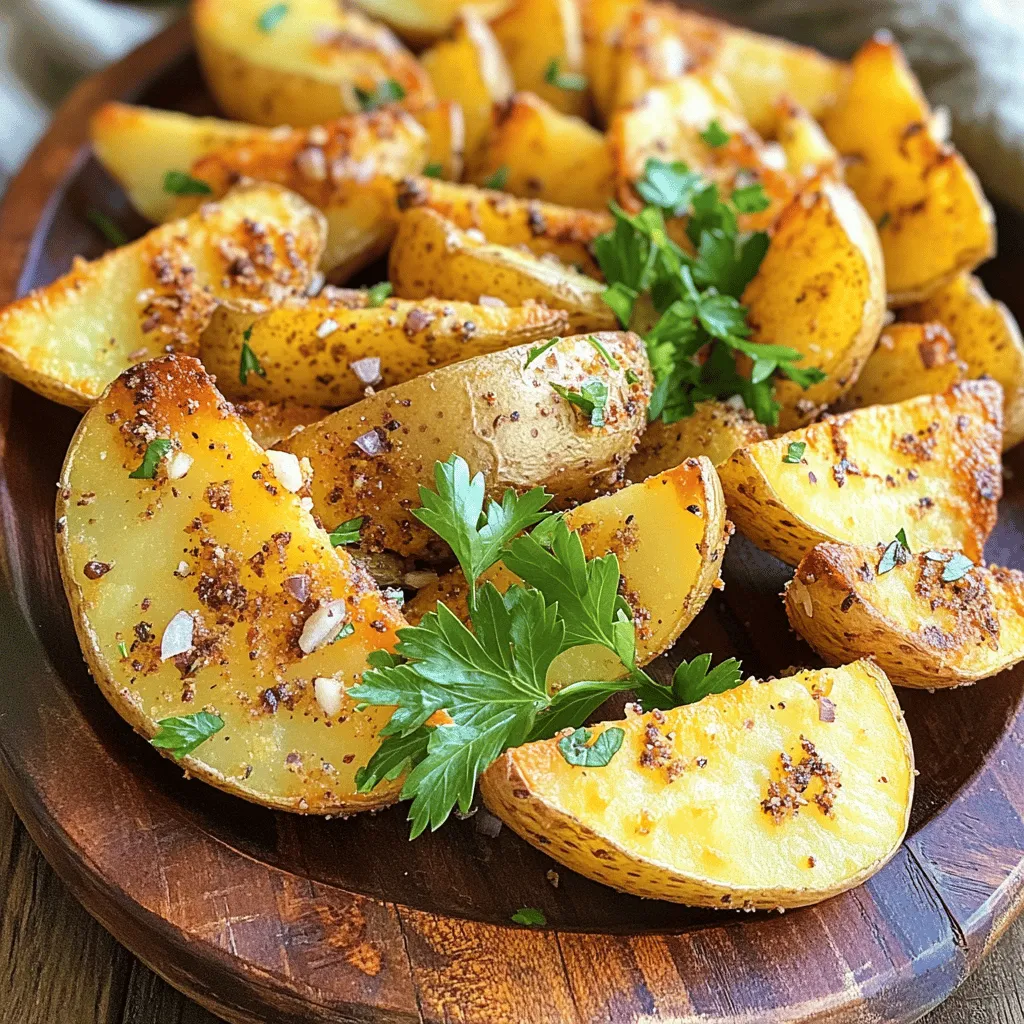 To make crispy ranch potato wedges, you need: - 4 medium russet potatoes, cut into wedges - 2 tablespoons olive oil For the perfect taste, gather these seasonings: - 1 packet (1 ounce) ranch seasoning mix - 1 teaspoon garlic powder - 1 teaspoon onion powder - 1/2 teaspoon paprika - 1/2 teaspoon salt Add a bright touch with: - Fresh parsley, chopped First, wash the russet potatoes well. Clean them to remove any dirt. Next, cut each potato into wedges. Aim for about eight wedges from each potato. Place the wedges in a large bowl. This helps keep things neat as you cook. In a separate bowl, mix together the olive oil and ranch seasoning. Add the garlic powder and onion powder for extra flavor. Then, sprinkle in the paprika and salt. Stir well until everything is combined. This mixture will give the wedges a tasty kick. Preheat your air fryer to 400°F (200°C). This takes about five minutes. Next, take the seasoned potato wedges and arrange them in the fryer basket. Make sure they are in a single layer. Avoid overlap to get them crispy. Cook the wedges for 15 to 20 minutes. Shake the basket halfway through to help them cook evenly. They should come out golden brown and crispy. Once done, let them cool for a minute. Finally, garnish with fresh parsley before serving. Enjoy these tasty bites! To get your potato wedges extra crispy, follow these steps. First, soak the cut wedges in cold water for at least 30 minutes. This helps remove excess starch. Then, dry them well with a clean towel. The drier the potatoes, the crispier they will get. Coat them evenly with olive oil and seasoning. Avoid overcrowding the air fryer. Cook in batches if needed. This allows hot air to circulate around each wedge. For bold flavor, use a good ranch seasoning mix. I prefer to mix my own for freshness. Combine garlic powder, onion powder, paprika, and salt with the ranch. Toss the wedges well to coat evenly. Taste a small piece before cooking. Adjust the seasoning if needed. Fresh parsley adds a nice touch after cooking. It brightens the dish and adds color. Keep your air fryer clean for best results. Wipe down the outside and inside after each use. Remove the basket and wash it with warm, soapy water. Make sure to dry it completely before putting it back. If you notice any smoke or burnt smell, check for leftover food particles. Regular maintenance keeps your air fryer working well and your food tasting great. {{image_2}} To make spicy ranch potato wedges, add heat. Use a spicy ranch seasoning mix or add cayenne pepper. Start with 1/4 teaspoon of cayenne. Mix it with the regular ranch seasoning. This adds flavor and kicks up the heat. Enjoy these wedges with a cooling dip. For cheesy ranch potato wedges, use cheese. Sprinkle shredded cheese on top before the last five minutes of cooking. Cheddar or pepper jack works well. The cheese will melt and create a gooey texture. This makes the wedges extra tasty and fun to eat. To create herb-infused potato wedges, mix fresh herbs into your seasoning. Try rosemary, thyme, or dill. Chop the herbs finely and add them to the oil and seasoning mix. This gives the wedges a fresh taste. You can also sprinkle herbs on top after cooking for a pop of color. You may have some crispy ranch potato wedges left after a meal. To store them, let them cool down first. Place them in an airtight container. They will stay fresh for about 2-3 days in the fridge. Make sure they are not stacked on top of each other to avoid sogginess. When you want to eat your leftover wedges, reheating is key. The best way to do this is in the air fryer. Preheat your air fryer to 350°F (175°C). Place the potato wedges in a single layer. Heat them for about 5-7 minutes. This will help them regain their crispiness. If you want to save your wedges for later, freezing is a good option. First, let them cool completely. Spread them out on a baking sheet in a single layer. Place the sheet in the freezer for about 1-2 hours. Once they are frozen, transfer them to a freezer-safe bag. They can last up to 2 months in the freezer. When ready to eat, cook them straight from frozen in the air fryer for about 15-20 minutes. Yes, you can use other potatoes. Yukon gold and sweet potatoes work well. These types offer different flavors. Yukon gold gives a creamy taste, while sweet potatoes add sweetness. Just remember to cut them into wedges, like russet potatoes. You can bake them in the oven. Preheat the oven to 425°F (220°C). Spread the wedges on a baking sheet in one layer. Bake for 25-30 minutes, flipping halfway. Watch for golden brown edges to know when they are done. This method still gives you a nice crisp! Several dips go great with these wedges. Ranch dressing is a classic choice. You can also try ketchup for a sweet kick. For a spicy twist, use sriracha mayo. Garlic aioli is another tasty option. Each dip enhances the flavor of your crispy ranch potato wedges! We explored how to make crispy ranch potato wedges from start to finish. You learned about key ingredients, step-by-step cooking, and handy tips for great results. We also covered tasty variations and how to store leftovers. In the end, you have all the tools to create delicious potato wedges at home. Enjoy experimenting with flavors and make this dish your own!