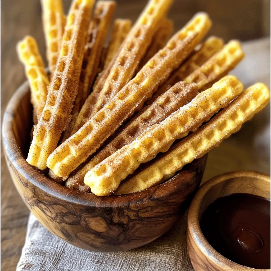 To make churro waffle sticks, you need some simple ingredients. Here’s what you will need: - 1 ½ cups all-purpose flour - 1 tablespoon baking powder - ½ teaspoon salt - 1 tablespoon ground cinnamon - ¼ cup sugar - 2 tablespoons unsalted butter, melted - 1 cup buttermilk - 1 large egg - 1 teaspoon vanilla extract - ½ cup granulated sugar (for coating) - 1 tablespoon cinnamon (for coating) - Chocolate sauce (for dipping) These ingredients come together to create a sweet and crunchy treat. The flour gives structure while the sugar adds sweetness. The cinnamon gives that classic churro taste. Buttermilk keeps the sticks moist and fluffy. Melted butter adds richness. When you mix the dry and wet ingredients, they create a batter that cooks up perfectly in your waffle iron. The sugar and cinnamon coating adds a delicious finish. Don’t forget the chocolate sauce for dipping! It makes each bite even better. 1. Preheat the waffle iron: Start by preheating your waffle iron. This step is key for crispy churro waffle sticks. Follow the manufacturer's guide for the best results. 2. Mix dry ingredients: In a large bowl, whisk together 1 ½ cups of all-purpose flour, 1 tablespoon of baking powder, ½ teaspoon of salt, 1 tablespoon of ground cinnamon, and ¼ cup of sugar. Make sure these ingredients blend well. 3. Mix wet ingredients: In another bowl, combine 2 tablespoons of melted unsalted butter, 1 cup of buttermilk, 1 large egg, and 1 teaspoon of vanilla extract. Mix until smooth and well combined. 1. Combine wet and dry ingredients: Pour the wet mixture into the dry mixture. Stir gently until just combined. It's fine if you see a few lumps. This helps keep the sticks light. 2. Grease the waffle iron: Lightly grease the waffle iron with non-stick spray or a brush of oil. This helps the sticks release easily after cooking. 3. Pour batter and cook: Pour about ¼ to ⅓ cup of batter onto the waffle iron. Close the lid and cook for 3 to 4 minutes. Look for a golden brown color to know they are ready. 1. Remove and cool the sticks: Carefully take the waffle sticks out of the iron and place them on a cooling rack. Let them cool slightly to firm up. 2. Coat with cinnamon sugar: In a shallow dish, mix ½ cup of granulated sugar with 1 tablespoon of cinnamon. While the sticks are still warm, roll each one in the cinnamon sugar until fully coated. 3. Serve with chocolate sauce: Enjoy these churro waffle sticks with a side of warm chocolate sauce for dipping. The sweet and warm flavors will delight your taste buds! - Avoid overmixing the batter: Overmixing can lead to tough waffle sticks. Mix until just combined. A few lumps are fine. This keeps them soft and fluffy. - Ensuring the perfect cook time: Cook your churro waffle sticks for about 3-4 minutes. Check for a golden color and crispy texture. Each waffle iron may differ, so keep an eye on them. - Adjusting sweetness and spices: Want more flavor? Increase the cinnamon or sugar to your taste. You can also sprinkle extra cinnamon sugar on top after cooking. It adds a nice touch. - Creative dipping sauces: Chocolate sauce is classic, but try caramel or dulce de leche as well. They add a fun twist to your dessert. - Pairing with ice cream or fruit: Serve warm churro waffle sticks with a scoop of vanilla ice cream. Fresh berries or banana slices make great toppings too. - Garnishing ideas for presentation: Dust with powdered sugar or drizzle with chocolate sauce. Use colorful sprinkles for a festive look. Presentation makes the dish even more enjoyable. {{image_2}} You can get creative with your churro waffle sticks! Adding chocolate or peanut butter brings a rich twist to the recipe. Just mix in about 1/2 cup of melted chocolate or peanut butter into the wet ingredients. This change makes the batter creamier and more indulgent. Incorporating nuts or fruit into the batter adds crunch and flavor. Try adding chopped nuts like walnuts or pecans. You can also mix in fruit like blueberries or mashed bananas. These additions not only taste great but also make your churro waffle sticks unique! For those needing gluten-free options, use gluten-free flour instead of all-purpose flour. Look for a blend that works well in baking. This simple swap keeps the taste amazing while making it easier for everyone to enjoy. If you follow a vegan diet, you can still make these churro waffle sticks. Replace the egg with a flax egg by mixing 1 tablespoon of ground flaxseed with 3 tablespoons of water. Use plant-based milk in place of buttermilk. This way, you can savor the treat without any animal products! To keep your churro waffle sticks fresh, store them properly. - Refrigeration tips: Place the cooled waffle sticks in an airtight container. They stay fresh for up to three days in the fridge. This helps prevent them from drying out. - Freezing for later use: If you want to keep them longer, freeze the cooked sticks. Wrap each one in plastic wrap and place them in a freezer-safe bag. They can last for about two months in the freezer. When you're ready to enjoy your churro waffle sticks again, reheating is key. - Best methods for reheating: The oven works best for reheating. Preheat it to 350°F (175°C). Place the waffle sticks on a baking sheet and heat for about 5-7 minutes. This method helps keep them crispy. - Maintaining texture and flavor: Avoid microwaving. It can make the sticks soggy. If using a microwave, heat for only a short time, about 10-15 seconds, and enjoy them with chocolate sauce. The best waffle iron for churro waffle sticks is a non-stick, deep model. A model with deep pockets helps make thicker sticks. Look for one that has a locking lid. This keeps the batter in place and helps cook evenly. A Belgian-style waffle iron also works well, giving you fluffy, tasty results. Yes, you can make the batter ahead of time. Just mix the dry and wet ingredients in separate bowls. Store them in the fridge for up to 24 hours. When you are ready to cook, combine the wet and dry mixes. This saves time and lets you enjoy warm churro waffle sticks faster. Churro waffle sticks stay fresh for about two days at room temperature. Keep them in an airtight container. If you want to keep them longer, refrigerate them for up to a week. For even longer storage, freeze them for up to three months. Just reheat in the oven or toaster for a quick treat. You can use regular milk, but it may change the taste a bit. Buttermilk adds a tangy flavor and makes the batter fluffier. If you don’t have buttermilk, you can make a substitute. Just mix one cup of regular milk with one tablespoon of vinegar or lemon juice. Let it sit for five minutes before using. This gives you a similar effect. In this post, I shared a simple recipe for delicious churro waffle sticks. You learned about the ingredients, step-by-step instructions, and helpful tips for the best results. I also covered variations for different tastes and ideas for storage. Churro waffle sticks are easy to make and fun to enjoy. Whether you dip them in chocolate or top them with fruit, you can impress anyone with this treat. Give it a try. Enjoy the sweet flavors and your creative twists!