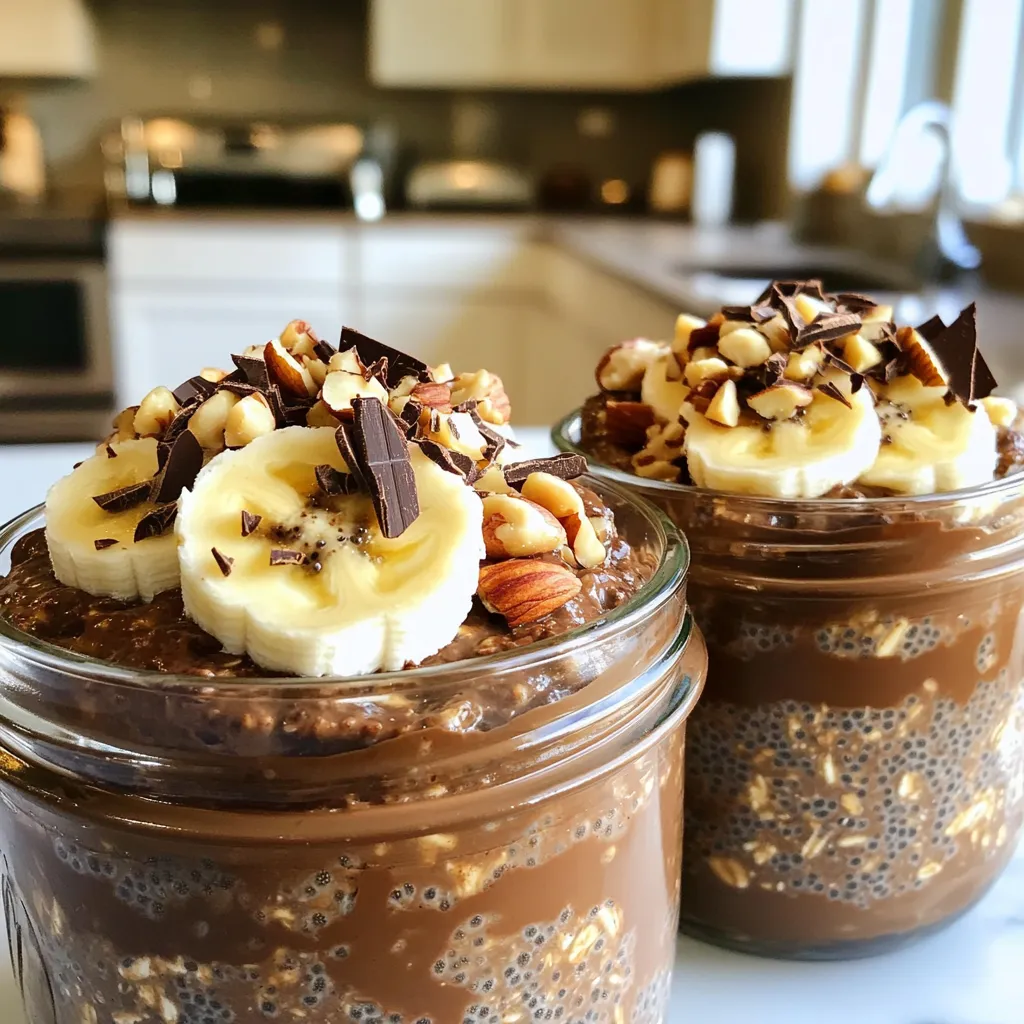 To make Chocolate Espresso Overnight Oats, you need simple, wholesome items. This dish is tasty and healthy. Here’s what you will need: - 1 cup rolled oats - 2 cups almond milk (or your milk of choice) - 2 tablespoons unsweetened cocoa powder - 2 tablespoons chia seeds - 2 tablespoons maple syrup (adjust to taste) - 1 teaspoon vanilla extract - 1 tablespoon instant espresso powder - A pinch of salt The rolled oats serve as the base. They absorb the liquid and become soft. Almond milk adds creaminess. You can use any milk you like, too. Cocoa powder brings rich chocolate flavor. Chia seeds add fiber and help thicken the oats. Maple syrup sweetens the mix, making each bite delightful. Vanilla extract enhances the flavor. Instant espresso powder gives a nice coffee kick. A pinch of salt balances all the tastes. Toppings can make your oats even better. Here are some ideas you can try: - Sliced bananas - Crushed nuts - Dark chocolate shavings - A dollop of nut butter Feel free to mix and match these toppings. They add fun textures and flavors! Start by gathering a medium-sized mixing bowl. Add 1 cup of rolled oats to the bowl. Next, pour in 2 cups of almond milk. You can use any milk you like. Then, add 2 tablespoons of unsweetened cocoa powder. This gives a rich chocolate taste. Mix in 2 tablespoons of chia seeds for extra texture and nutrition. Now, add 2 tablespoons of maple syrup. This will sweeten your oats. If you prefer, you can adjust this later. Include 1 teaspoon of vanilla extract for added flavor. Next, add 1 tablespoon of instant espresso powder to give that coffee kick. Finally, sprinkle in a pinch of salt. Whisk all the ingredients together. Make sure everything blends well. You want no clumps of cocoa powder or chia seeds left. Once mixed, it’s time to divide the mixture. Grab two jars or airtight containers. Pour the mixture evenly into each jar. Fill them to the brim. Seal the jars tightly. Now, place them in the refrigerator. Let them chill for at least 4 hours or overnight. This soaking time helps the oats absorb the liquid. In the morning, take the jars out of the fridge. Open one and give the oats a good stir. This helps mix everything again. Taste the oats to see if they are sweet enough. If not, add a bit more maple syrup. Now for the fun part—toppings! You can add sliced bananas, crushed nuts, or dark chocolate shavings. A dollop of nut butter also works great. These toppings add flavor and texture. Enjoy your deliciously easy Chocolate Espresso Overnight Oats! To get the best chocolate espresso overnight oats, start with good oats. Use rolled oats, not instant. They hold up better and give a nice texture. Mix all the ingredients well. This helps blend the flavors and keeps the cocoa and chia seeds from clumping. Store the mixture in jars. This keeps them fresh and easy to grab in the morning. Sweetness can vary from person to person. If you like it sweeter, add more maple syrup. Start with the two tablespoons in the recipe. After mixing, taste it. If it needs more sweetness, just add a bit more syrup. You can also try other sweeteners, like honey or agave, to find what you like best. You can boost the flavor of your overnight oats easily. Try adding a pinch of cinnamon or a splash of coffee for an extra kick. You could also mix in some nut butter for creaminess. For a fruity twist, add sliced bananas or berries on top. Dark chocolate shavings are great for a rich finish. These small changes can make your oats exciting and delicious! {{image_2}} You can change the milk in this recipe. I often use almond milk, but you can try oat milk, coconut milk, or soy milk. Each type brings its own flavor. For a creamier texture, use full-fat coconut milk. If you prefer a lighter taste, stick with almond or oat milk. These options keep the oats tasty and fun. Maple syrup is my go-to sweetener, but you have choices. Honey adds a nice floral note. Agave syrup is another option, and it mixes well. For a sugar-free option, try stevia or monk fruit sweetener. Each sweetener changes the taste a bit, so feel free to experiment. Adjust to your taste! Want to add a kick? Try adding a pinch of cinnamon or nutmeg. This will give your oats a warm flavor. You can also swap cocoa powder for carob powder. It has a sweeter taste and less caffeine. If you want a fruity twist, add berries or even a scoop of peanut butter. The options are endless! To store your Chocolate Espresso Overnight Oats, use airtight containers. I like to use glass jars with lids. After making your oats, divide the mixture into the jars. Seal them tightly to keep air out. This helps prevent spoilage. Place the jars in the fridge right away. For the best texture, eat your oats within a few days. The oats will soak up the liquid, making them thick and creamy. If you notice them getting too thick, add a splash of almond milk before eating. This keeps them smooth. Also, add toppings just before serving to keep them fresh and crunchy. Chocolate Espresso Overnight Oats last about three to five days in the fridge. This makes them a great meal prep option. If you see any signs of spoilage, like off smells or mold, toss them out. Always check before you dig in. Enjoy them while they are still fresh and tasty! Yes, you can make these oats vegan. Just use almond milk or any plant-based milk. Replace maple syrup with agave syrup if you prefer. This keeps your recipe dairy-free and vegan-friendly. You can keep your overnight oats in the fridge for up to five days. The longer they sit, the softer they become. If you notice any separation, just stir them well before eating. You can use instant oats, but the texture will change. Instant oats absorb liquid faster and become mushy. If you like a chewier bite, stick with rolled oats. Chocolate espresso overnight oats are easy to make and tasty. You learned about the key ingredients, tips for success, and fun variations. Remember, choose the right milk and sweetener to fit your taste. Store them properly for the best texture. Enjoy these oats any time of the day. They bring joy and energy in every bite. Now, you can create your own delicious, healthy breakfast with confidence. Get cooking and make it your own!