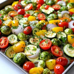 To make a tasty Sheet Pan Herb Roasted Veggie Medley, gather these fresh ingredients: - 2 medium zucchini, sliced into half-moons - 1 bell pepper (any color), chopped - 1 cup cherry tomatoes, halved - 1 cup Brussels sprouts, halved - 1 red onion, cut into wedges - 4 cloves garlic, minced - 3 tablespoons olive oil - 2 teaspoons dried oregano - 2 teaspoons dried thyme - Salt and pepper to taste - Fresh parsley, chopped (for garnish) These ingredients mix together to create a colorful and healthy dish. Each veggie brings its unique flavor and texture. For the best taste, I use dried oregano and dried thyme. These herbs add an earthy flavor that shines through the veggies. You could also add: - Basil for a sweet note - Rosemary for a pine-like taste - Italian seasoning for a mix of flavors Feel free to experiment with your favorite herbs! Each one can change the dish's character. Want to jazz it up? You can add even more flavor with these options: - Lemon juice for a zesty kick - Parmesan cheese for a rich, savory touch - Red pepper flakes for a spicy bite - Chickpeas for added protein and texture These add-ins can help you customize the dish to fit your taste buds perfectly! Start by washing all your veggies well. I like to slice the zucchini into half-moons. This shape helps them cook evenly. Next, chop the bell pepper into bite-size pieces. Halve the cherry tomatoes and Brussels sprouts. Then, cut the red onion into wedges. Don't forget the garlic! Mince four cloves for a burst of flavor. Place all these veggies in a large mixing bowl. First, preheat your oven to 425°F (220°C). This high heat helps the veggies get crispy. In the bowl, drizzle three tablespoons of olive oil over the veggies. Add two teaspoons of dried oregano and thyme. Then, sprinkle salt and pepper to taste. Toss everything together until the veggies are well coated. Spread the veggie mix in a single layer on your baking sheet. Make sure they aren't packed too tight. This allows air to flow and gives you a great roast. Roast your veggies for 20 to 25 minutes. Halfway through, give them a good stir. This helps them brown evenly. They are done when they are tender and lightly caramelized. You can check by piercing a Brussels sprout with a fork. If it slides in easily, they are ready. Once out of the oven, let them cool for a few minutes. Before serving, sprinkle fresh parsley on top for a pop of color. Enjoy your tasty herb roasted veggie medley! For even roasting, cut your veggies into similar sizes. This helps them cook at the same rate. I like to slice zucchini into half-moons and chop bell peppers into bite-sized pieces. If your veggies are too crowded, they will steam instead of roast. Use a large sheet pan and spread them out in a single layer. You can mix and match herbs to fit your taste. If you love basil, try adding fresh basil leaves. For a spicy kick, sprinkle in some red pepper flakes. Lemon zest also brightens the dish. It adds a fresh note that pairs well with all the veggies. Experiment with different oils, like avocado or sesame oil, for unique flavors. One common mistake is not preheating the oven. Always preheat to 425°F (220°C) for the best results. Another mistake is not stirring the veggies halfway through roasting. Stirring helps them brown evenly. Lastly, be careful not to over-season. A little salt and pepper go a long way! Too much can overpower the natural taste of the veggies. {{image_2}} You can change the veggies based on the season. In spring, try fresh asparagus and baby carrots. During summer, add eggplant and corn. Fall is perfect for root veggies like carrots and sweet potatoes. Winter brings hearty options like butternut squash and kale. Each choice brings a new taste and joy to your dish. You can switch up the herbs and oils to create different flavors. For a Mediterranean twist, use rosemary and lemon zest. Toss in olives and feta cheese for extra flavor. If you want an Asian vibe, add soy sauce and sesame oil. Try ginger and scallions for freshness. Each theme turns your veggie medley into a new dish. This recipe is already vegan and gluten-free, making it easy for everyone to enjoy. You don’t need to make changes to fit diets. Just keep the ingredients as they are. You can also add nuts or seeds for a crunchy texture. A sprinkle of nutritional yeast gives a cheesy flavor without dairy. To keep your Sheet Pan Herb Roasted Veggie Medley fresh, first let it cool down. Then, place the leftovers in an airtight container. This helps keep in the flavor and moisture. Store the container in the fridge. Enjoy your veggies within three to four days for the best taste. When you are ready to eat, reheating is simple. You can use the oven for best results. Preheat it to 350°F (175°C). Spread the veggies on a baking sheet. Heat for about 10-15 minutes until warm. This keeps them crisp. You can also use a microwave. Heat in short bursts, about 30 seconds each time, until warm. Stir in between to heat evenly. If you want to save your roasted veggies for later, freezing is a great option. First, let the veggies cool completely. Then, place them in a freezer-safe bag or container. Remove as much air as you can to avoid freezer burn. Label the bag with the date. These can last for up to three months in the freezer. To use, thaw overnight in the fridge and reheat as needed. Yes, you can use fresh herbs! I love using fresh herbs in my cooking. They add a bright flavor that dried herbs can't match. If you use fresh herbs, use three times the amount of dried herbs. For this recipe, try using fresh oregano and thyme. Just chop them finely and mix them in with your veggies. This veggie medley is very versatile. You can serve it with grilled chicken or fish for a nice meal. It also pairs well with quinoa or rice for a hearty dish. If you want a simple option, serve it as a side with pasta. The roasted veggies add great flavor and color to any plate. Keep an eye on your veggies while they roast. If they look mushy or have a burnt smell, they may be overcooked. Perfectly roasted vegetables should be tender and slightly caramelized. They should still hold their shape and have a nice golden color. If you stir them halfway through roasting, you can help avoid overcooking. This blog post covered all you need for a great sheet pan veggie dish. We explored ingredients, including herbs and optional add-ins. The step-by-step guide showed you how to prep, roast, and check doneness. Tips helped you avoid common mistakes and customize flavors. You also learned variations for different tastes and dietary needs, plus storage info for leftovers. In the end, roasting veggies is simple and fun. Enjoy the flavor and health that come from your dish!
