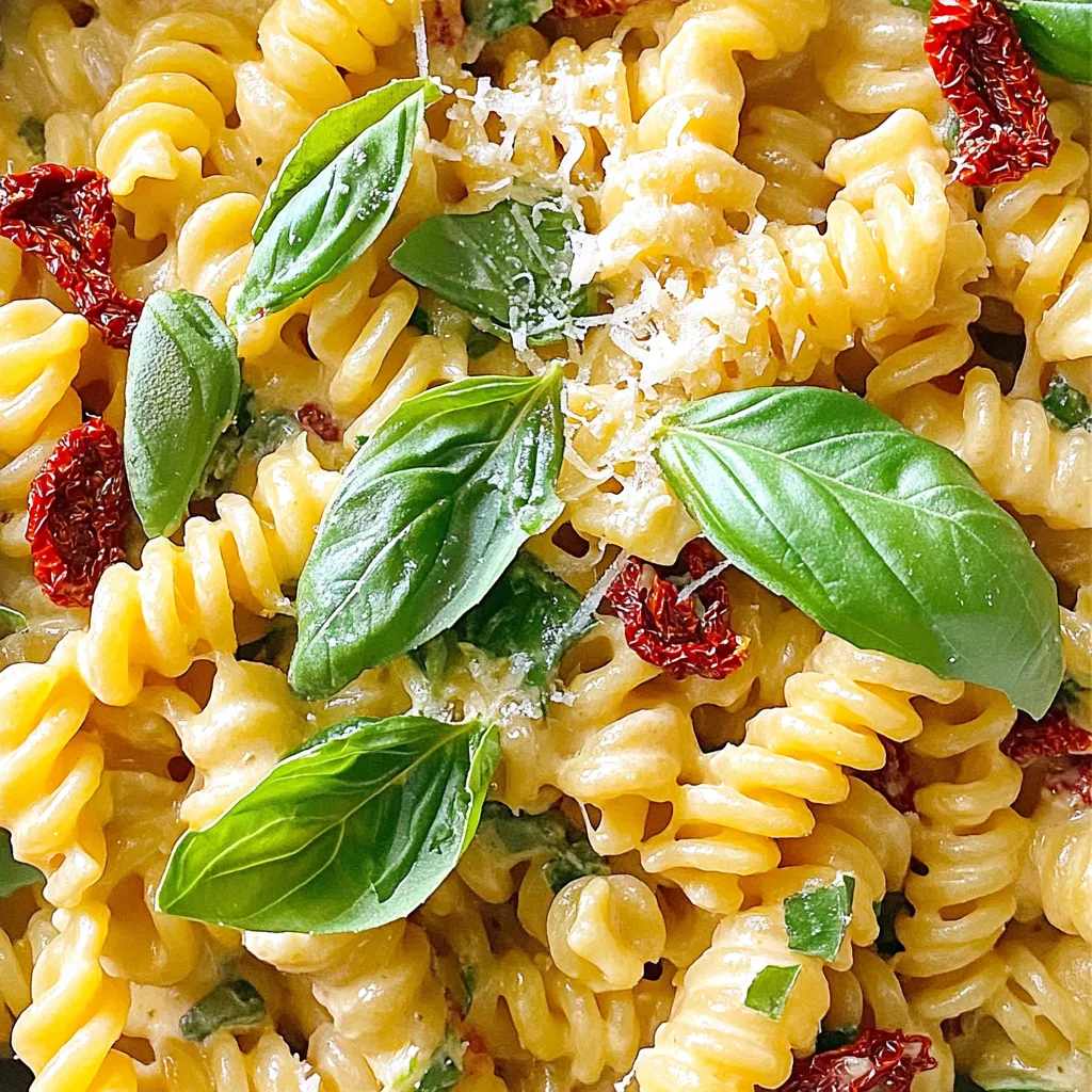 For this creamy one-pot sun-dried tomato basil pasta, you will need: - 12 ounces pasta (fusilli or penne works well) - 1 cup sun-dried tomatoes (in oil, chopped) - 4 cups vegetable broth - 1 cup heavy cream or coconut cream for a dairy-free option - 4 cloves garlic, minced - 1 cup fresh basil leaves, chopped (plus extra for garnish) - 1 teaspoon dried oregano - 1 teaspoon red pepper flakes (adjust to taste) - Salt and pepper to taste - 1 cup grated Parmesan cheese (or nutritional yeast for a vegan alternative) - 2 tablespoons olive oil If you want to make this dish vegan, you can swap heavy cream for coconut cream. You can also use nutritional yeast in place of Parmesan cheese. For gluten-free options, choose gluten-free pasta. This pasta dish is flexible, so feel free to use what you have on hand. Using fresh herbs can greatly enhance the flavor of this dish. Fresh basil adds a bright taste that dried basil simply cannot match. Dried herbs are fine in a pinch, but fresh herbs bring more aroma and a vibrant color. Always add fresh herbs at the end of cooking to keep their flavor bold. Start by gathering all your ingredients. This makes cooking easy and fun. Chop the sun-dried tomatoes finely. Use tomatoes that come in oil for extra flavor. Next, peel and mince the garlic cloves. You want them nice and small. This helps release their strong taste. In a large pot, heat two tablespoons of olive oil over medium heat. Add the minced garlic and sauté it for about one minute. You want the garlic to smell great but not brown. Then, add the chopped sun-dried tomatoes. Stir them for two more minutes. This helps them soften and share their flavor. Pour in four cups of vegetable broth and bring it to a boil. Once boiling, add twelve ounces of pasta, one teaspoon of oregano, and red pepper flakes. Stir well and cook the pasta for about 8 to 10 minutes until it's al dente. Once the pasta cooks, lower the heat. Pour in one cup of heavy cream or coconut cream. Mix it in well and let it simmer for 2 to 3 minutes. The sauce will thicken a bit. Now, stir in one cup of grated Parmesan cheese. If you want a vegan option, use nutritional yeast instead. Add half of the fresh basil leaves and mix until the cheese melts. Taste the sauce. Add salt and pepper as needed. If the sauce is too thick, pour in a little more broth. Let it sit for a couple of minutes before serving. Garnish with the leftover basil and enjoy your creamy pasta dish! To stop pasta from sticking, use enough water. For each pound of pasta, use at least 4-6 quarts of water. Once the water boils, add salt. This adds flavor and helps keep the pasta from sticking. Stir the pasta within the first few minutes of cooking. A quick stir helps separate the pasta. You can also add a splash of olive oil to the water. This can help reduce sticking. Red pepper flakes add a nice kick. Start with one teaspoon for mild heat. If you want more spice, add extra flakes. Taste as you add. This way, you control the heat. Remember, you can always add more later, but it's hard to take it out. If you want a milder dish, skip the flakes or use less. To get a creamy sauce, use heavy cream or coconut cream. When you add it, stir well to mix. Let it simmer for a few minutes. This helps thicken the sauce. If it gets too thick, add more vegetable broth. This keeps the sauce creamy and smooth. Mixing in cheese also helps add creaminess. Make sure to mix until the cheese melts fully. This gives you a rich and velvety texture. {{image_2}} You can make your creamy one-pot pasta more filling by adding protein. Chicken or shrimp works great. Cook them first in the pot, then add garlic and sun-dried tomatoes. For a plant-based option, try chickpeas or tofu. Both add protein and texture. Just make sure to season them well for extra flavor. Adding vegetables boosts nutrition and flavor. Spinach, zucchini, or bell peppers are perfect. You can toss them in when you add the pasta. They will cook quickly and blend well with the creamy sauce. Try broccoli for a crunch or peas for sweetness. This keeps your dish vibrant and healthy. While fusilli and penne are excellent choices, you can use other pasta shapes too. Bowties or rotini can add fun to your plate. Each shape holds sauce differently, giving you a new taste experience. Whole wheat or gluten-free pasta are also options for different diets. Choose what you love! Store your creamy sun-dried tomato basil pasta in an airtight container. Allow it to cool before sealing. It keeps well in the fridge for up to three days. I recommend dividing it into smaller portions. This way, you can reheat just what you want. When reheating, add a splash of vegetable broth or cream. This helps restore the sauce's creaminess. Heat it gently on the stove over low heat. Stir often to prevent sticking. You can also microwave it, but add liquid first. This keeps it moist and tasty. You can freeze this pasta for up to three months. Use freezer-safe containers or bags. Make sure to cool it completely before freezing. When ready to eat, thaw it overnight in the fridge. Reheat gently, adding a bit of liquid to keep it creamy. Yes, you can use gluten-free pasta. Just choose a brand you like. Cook it according to the package instructions. The dish will still taste great! To make it dairy-free, use coconut cream instead of heavy cream. Also, swap Parmesan cheese for nutritional yeast. This keeps the creaminess and adds a nice flavor. You can use parsley, thyme, or oregano. Each herb gives a different taste. Experiment with what you love or have on hand. This dish keeps well for about 3-4 days in the fridge. Store it in an airtight container for best results. Yes, you can make this dish in advance. Just store it in the fridge. Reheat on the stove or in the microwave before serving. To sum up, we covered key ingredients for your dish, including substitutions and fresh herbs. I shared step-by-step instructions for easy cooking and tips to prevent sticking and adjust flavors. We also discussed tasty variations and how to store leftovers effectively. In the end, you have all you need to create a delicious, fulfilling meal. Enjoy experimenting with these ideas to make the dish your own. Happy cooking!