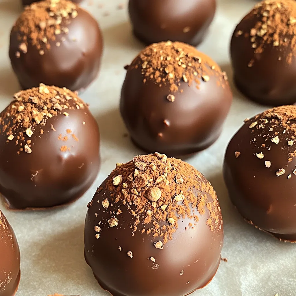 To make these truffles, you need a few key items. Here’s what you’ll need: - 1 cup dark chocolate chips (70% cocoa) - 1/2 cup pumpkin puree - 1/4 cup heavy cream - 1/4 cup powdered sugar - 1 teaspoon vanilla extract - 1 teaspoon pumpkin spice mix (or to taste) - 1/4 teaspoon sea salt These ingredients work together to create rich and creamy truffles. The dark chocolate gives a deep flavor. The pumpkin puree adds a nice autumn touch. You can roll your truffles in different coatings for extra flavor and texture. Here are some fun options: - Cocoa powder - Crushed nutmeg - Finely chopped pecans Each coating adds a unique taste. Feel free to mix and match based on your mood! Choosing the right brands can make a big difference. Here are some trusted brands for each ingredient: - Dark chocolate chips: Ghirardelli or Guittard - Pumpkin puree: Libby’s or Farmer’s Market - Heavy cream: Land O'Lakes or Horizon Organic - Powdered sugar: Domino or Wholesome Sweeteners Using high-quality ingredients helps ensure your truffles taste great. Always check labels to ensure freshness. Your taste buds will thank you! To make Pumpkin Spice Chocolate Truffles, start by heating 1/4 cup of heavy cream in a medium saucepan. Use medium-low heat until it simmers. Remove it from heat before it boils. Next, add 1 cup of dark chocolate chips. Stir until the chocolate melts and blends into a smooth mix. Then, add 1/2 cup of pumpkin puree, 1/4 cup of powdered sugar, and 1 teaspoon of vanilla extract. Mix well. Finally, add 1 teaspoon of pumpkin spice and 1/4 teaspoon of sea salt. Stir until everything is well combined. Once your chocolate mix is smooth, transfer it to a bowl. Cover the bowl with plastic wrap and refrigerate it for 2-3 hours. This step helps the mixture firm up. When it's ready, use a small cookie scoop or your hands to form small balls. Aim for about 1 inch in size. This size makes them easy to eat and perfect for sharing. Now it's time for the fun part! Roll each truffle in your choice of coating. You can use cocoa powder, crushed nutmeg, or finely chopped pecans. Each option adds a unique twist. After coating, place the truffles on a parchment-lined tray. Refrigerate them for another 30 minutes to help them set. You can serve these truffles chilled or at room temperature. Enjoy the delightful flavors of pumpkin and chocolate! To get the right truffle texture, focus on the chocolate and cream mix. Heat the heavy cream slowly. When it simmers, remove it from the heat. Add the dark chocolate chips and stir well. This step helps the chocolate melt evenly. After mixing in the pumpkin puree and other ingredients, refrigerate the mix. Let it chill for 2-3 hours. Once firm, it will be easier to shape into truffles. To boost the flavor of your truffles, use fresh pumpkin spice mix. You can add a pinch of cinnamon or nutmeg for warmth. A touch of sea salt helps enhance the sweetness. If you want a bit more depth, use a quality vanilla extract. These small changes can make a big impact on the taste. Feel free to adjust the spices to suit your palate. One common mistake is overheating the cream. Always watch it closely. If it boils, your truffles may not set right. Another mistake is not chilling the mixture long enough. If it’s too soft, you can't form nice balls. Finally, be careful when rolling the truffles. Use cocoa powder or nuts that are finely chopped. This helps create a nice coating and adds flavor. Keep these tips in mind for the best results! {{image_2}} You can switch up the chocolate in your truffles. If you prefer milk chocolate, use it instead of dark chocolate. Milk chocolate gives a creamier taste. You can also try white chocolate for a sweeter flavor. Just remember to adjust the sugar to balance the sweetness. Each chocolate type adds its own twist to these truffles. To make these truffles vegan or dairy-free, swap heavy cream with coconut cream. It still gives a rich texture. Use dairy-free chocolate chips for a tasty option. Also, check the pumpkin puree to ensure it's pure without added dairy. These simple swaps keep the flavor while meeting dietary needs. Want to spice things up? Consider adding different flavors. A dash of orange zest can brighten the truffles. You can also mix in a hint of cinnamon or nutmeg for extra warmth. For a fun touch, add a splash of maple syrup for sweetness. These seasonal flavors make your truffles unique and festive! To keep your Pumpkin Spice Chocolate Truffles fresh, store them in an airtight container. Line the container with parchment paper to prevent sticking. Place a layer of truffles in the container, then add another layer of parchment paper. This keeps them from getting squished. Store the container in the fridge for best results. Cold storage keeps the truffles firm and tasty. You can freeze these truffles for later enjoyment. First, allow them to set in the fridge. Once firm, place truffles in a single layer on a baking sheet. Freeze them for about an hour. After they are frozen, transfer them to a freezer-safe bag or container. This method helps keep their shape. You can enjoy them later by thawing them in the fridge overnight. Pumpkin Spice Chocolate Truffles can last up to two weeks in the fridge. If stored properly, they will stay fresh and delicious. Check for any changes in smell or texture before eating. If you freeze them, they can stay good for up to three months. Just remember to thaw them slowly for the best taste. Enjoy your treats at room temperature for the best flavor! Yes, you can use milk chocolate. It will make the truffles sweeter and creamier. However, the pumpkin spice flavor may not stand out as much. Dark chocolate adds depth and a rich taste. If you love milk chocolate, go for it! Just remember, the texture might change slightly. To make Pumpkin Spice Chocolate Truffles healthier, you can try these tips: - Use dark chocolate with higher cocoa content. - Substitute heavy cream with coconut milk or almond milk. - Replace powdered sugar with a natural sweetener, like maple syrup or honey. These changes will lower the fat and sugar content while keeping the flavor. You can find Pumpkin Spice Chocolate Truffles at specialty shops and local bakeries. Many grocery stores also sell them during the fall season. If you want a specific brand, check online retailers like Amazon. You can also make your own at home using the recipe above! In this blog post, we explored how to make Pumpkin Spice Chocolate Truffles. We covered the main ingredients, optional coatings, and the best brands for quality. I shared step-by-step instructions and tips to help you get the perfect texture. We discussed variations, including vegan options, and outlined storage best practices. These truffles are fun to make and perfect for any season. With a bit of care, you can impress friends and family. Enjoy the process and share your unique creations!