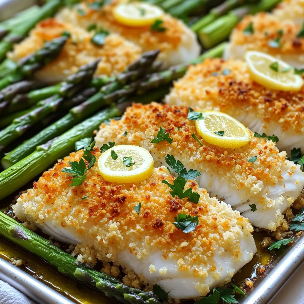 To make Sheet-Pan Parmesan Crusted Cod, you'll need fresh and simple ingredients. These bring great flavor and texture to your meal. Here’s the detailed list: - 4 pieces of cod fillets (about 6 oz each) - 1 cup panko breadcrumbs - ½ cup grated Parmesan cheese - 2 tablespoons fresh parsley, chopped - 1 teaspoon garlic powder - 1 teaspoon onion powder - ½ teaspoon paprika - ¼ teaspoon black pepper - 2 tablespoons olive oil - Zest of 1 lemon - 1 lemon, sliced into wedges (for serving) - Salt to taste - 1 pound asparagus, trimmed Each ingredient plays a key role. The cod is mild and flaky. Panko adds a crunch, while Parmesan gives a cheesy flavor. Fresh parsley brightens the dish, and the spices add depth. Lemon zest lifts everything with a fresh note. Don’t forget the asparagus; it pairs well with the cod and adds color to your plate. Use quality ingredients for the best taste. Fresh fish and herbs make a big difference. Enjoy the process, and taste as you go for the best result! Start by preheating your oven to 425°F (220°C). This temperature is key for getting that perfect, crispy crust on your cod. While the oven heats up, line a large sheet pan with parchment paper. This will help with easy cleanup later. Next, grab a mixing bowl. In this bowl, combine 1 cup of panko breadcrumbs with ½ cup of grated Parmesan cheese. Add 2 tablespoons of chopped fresh parsley, 1 teaspoon of garlic powder, 1 teaspoon of onion powder, ½ teaspoon of paprika, and ¼ teaspoon of black pepper. Don’t forget a pinch of salt! Then, mix everything well. The lemon zest from one lemon gives this mixture a fresh kick. Now, it’s time to put everything together. Place the 4 pieces of cod fillets on one side of your prepared sheet pan. Drizzle 1 tablespoon of olive oil over the cod. Make sure each fillet is well coated. Next, take your breadcrumb mixture and press a generous amount onto the top of each fillet. This will create a delicious crust. On the other side of the sheet pan, add 1 pound of trimmed asparagus. Drizzle the remaining tablespoon of olive oil over the asparagus and sprinkle with salt and pepper. Once everything is assembled, place the sheet pan in the preheated oven. Bake for 15-20 minutes. The cod should flake easily when done, and the crust will be golden brown. Enjoy your tasty meal right away, served with lemon wedges for squeezing over the fish and asparagus. To get a crispy crust on your cod, use panko breadcrumbs. They are light and airy. Mix in grated Parmesan cheese for extra flavor. Press the breadcrumb mix firmly onto the fish. This helps it stick during baking. Drizzle olive oil on top before baking. It adds moisture and helps with browning. Bake at 425°F for 15-20 minutes. Keep an eye on the fish. It should be golden brown when done. The seasoning in this recipe is simple yet tasty. Garlic powder and onion powder add great flavor. Paprika gives a slight kick, while lemon zest brightens the dish. You can also try adding dried herbs like oregano or thyme. Experiment with your favorite spices. Just remember to keep it balanced. Too much can overpower the fish. Serve your cod and asparagus together on a large platter. Garnish with fresh parsley for a pop of color. Add lemon wedges for extra zing. Squeeze the lemon over the fish for a fresh taste. This dish pairs well with a light salad or some rice. Enjoy your meal fresh from the oven for the best flavor! {{image_2}} You can swap cod with other fish types. Try haddock or tilapia. Both have a mild taste. They also cook quickly and hold up well. Each fish will add a different flavor to your meal. Just keep an eye on cooking time. Thinner fish may cook faster. Adding vegetables boosts nutrition and color. You can use broccoli or bell peppers. Both roast well and add great flavor. Slice them and toss with olive oil and salt. Place them on the sheet pan with the fish. This creates a complete meal in one go! To make this dish gluten-free, use gluten-free breadcrumbs. They work just like panko. You can also crush gluten-free crackers if you want a different texture. This way, you can enjoy the same delicious taste without the gluten. Always check labels to ensure they meet your needs. You can store leftover Sheet-Pan Parmesan Crusted Cod in an airtight container. Keep it in the fridge for up to three days. Make sure to let it cool down first. This helps keep it fresh and tasty. To reheat, preheat your oven to 350°F (175°C). Place the cod on a baking sheet. Heat for about 10 minutes, or until warm. This keeps the crust crispy. You can also use a microwave, but the crust may get soggy. If you want to freeze the cod, wrap each piece tightly in plastic wrap. Then place them in a freezer bag. You can freeze for up to three months. To eat, thaw it in the fridge overnight before reheating. This keeps the flavor and texture nice. You can serve many tasty sides with this cod dish. Here are a few great options: - Roasted potatoes: Crispy and golden, they pair well with the fish. - Rice: White or brown rice soaks up the flavors nicely. - Salad: A fresh green salad adds a nice crunch and balance. - Quinoa: This grain is healthy and gives a nutty flavor. - Steamed veggies: Broccoli or green beans add bright colors and nutrition. Cod is done when it flakes easily with a fork. Here are some easy checks: - Look for a white color: The fish should turn from translucent to opaque. - Use a food thermometer: The internal temp should reach 145°F (63°C). - Press the flesh gently: It should feel firm, not mushy. Yes, you can use fresh herbs in place of parsley. Here are some tasty options: - Basil: It adds a sweet and fragrant touch. - Thyme: This herb gives a nice earthy flavor. - Dill: It pairs well with fish and adds brightness. - Cilantro: For a fresh, zesty note, try cilantro. Experiment with these herbs to find your favorite! This recipe for Sheet-Pan Parmesan Crusted Cod is simple and tasty. You learned about key ingredients like cod, panko breadcrumbs, and garlic powder. I shared step-by-step instructions to help you cook it perfectly, along with tips for a crispy crust. Variations let you swap fish and add veggies. Finally, you got storage and reheating tips to save time later. Enjoy making this dish again and again, knowing it’s easy and fun. You’ll impress everyone with your cooking skills.