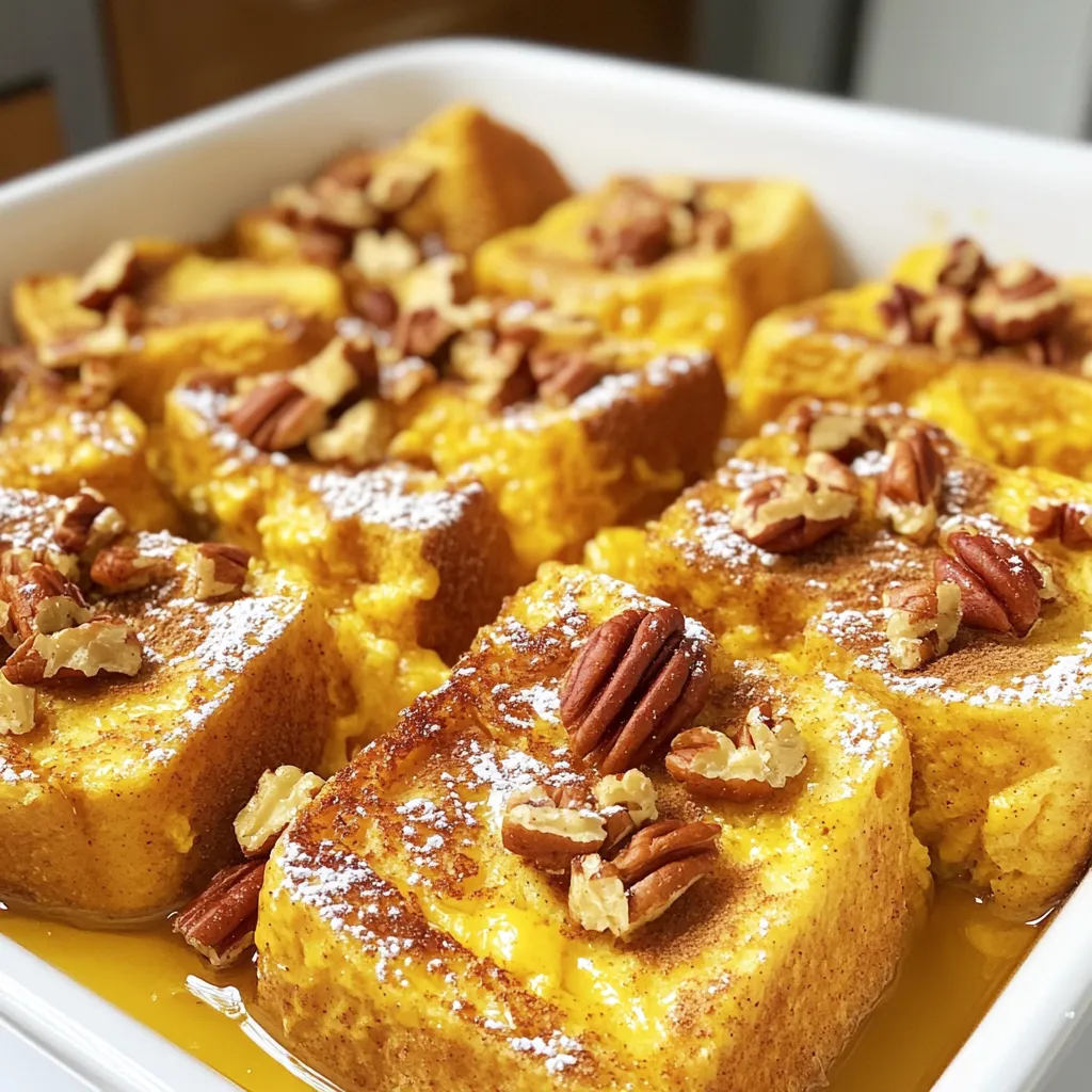 To make this cozy dish, you need some key ingredients. Here’s what you’ll want: - 1 loaf of challah or brioche bread, cut into 1-inch cubes - 4 large eggs - 2 cups milk (whole or almond milk for a dairy-free option) - 1 cup canned pumpkin puree - 1/2 cup brown sugar - 1 tablespoon vanilla extract - 2 teaspoons pumpkin pie spice - 1/2 teaspoon cinnamon - 1/4 teaspoon nutmeg - 1/4 teaspoon salt These ingredients work together to create a warm and inviting flavor. The bread soaks up the pumpkin mixture, giving it a rich taste. You can add some optional ingredients for extra flavor and crunch: - 1/2 cup chopped pecans Adding nuts gives the casserole a nice texture. You can also sprinkle a little extra cinnamon on top before baking for a lovely scent. If you have dietary needs, there are easy swaps: - For dairy-free, use almond milk instead of whole milk. - For gluten-free, try using gluten-free bread. These substitutions keep the flavor while catering to your needs. Enjoy this dish no matter your diet! First, gather all your ingredients for the Cozy Pumpkin Spice French Toast Casserole. You will need: - 1 loaf of challah or brioche bread, cut into 1-inch cubes - 4 large eggs - 2 cups milk (whole or almond milk) - 1 cup canned pumpkin puree - 1/2 cup brown sugar - 1 tablespoon vanilla extract - 2 teaspoons pumpkin pie spice - 1/2 teaspoon cinnamon - 1/4 teaspoon nutmeg - 1/4 teaspoon salt - 1/2 cup chopped pecans (optional) - Maple syrup for serving Start by preheating your oven to 350°F (175°C). Grease a 9x13 inch baking dish with butter or cooking spray. This will help the casserole come out easily once it’s baked. In a large mixing bowl, whisk together the eggs, milk, pumpkin puree, brown sugar, vanilla extract, pumpkin pie spice, cinnamon, nutmeg, and salt. Make sure everything mixes well. This mixture creates the creamy, spiced base for your casserole. Next, place the cubed bread into the greased baking dish. If you like, sprinkle chopped pecans over the bread cubes for added crunch. Slowly pour the pumpkin mixture evenly over the bread. Make sure all pieces are soaked. Use a spatula to gently press down any floating bread. Cover the dish with foil. Let it soak for at least 30 minutes. For even better flavor, you can let it soak in the fridge overnight. This helps the bread absorb all those warm spices. After soaking, remove the foil and place the dish in the preheated oven. Bake it for about 30 minutes. If you want a golden top, remove the foil for the last 10 minutes of baking. Once it’s done, let the casserole cool for about 10 minutes. This makes it easier to cut and serve. Enjoy it warm with a drizzle of maple syrup on top for that perfect cozy touch. To soak bread well, use a large bowl. Whisk eggs, milk, and pumpkin puree first. Mix in sugar and spices for flavor. Pour this mix over the bread cubes. Make sure to coat all pieces well. Press down with a spatula to help them soak. For best results, let it sit for at least 30 minutes. You can even refrigerate it overnight. This adds more flavor and makes the bread soft. To get a nice, crisp topping, remove the foil for the last 10 minutes of baking. This allows the heat to brown the top. You can add chopped pecans before baking for extra crunch. Keep an eye on it to avoid burning. When it turns golden brown, it's ready. Let it cool a bit before serving. This way, the top stays crisp while the inside remains soft. Serve the casserole warm with maple syrup drizzled on top. It goes well with fresh fruit, like sliced bananas or berries. You can also add whipped cream for extra sweetness. If you want a heartier meal, pair it with sausage or bacon. This dish is great for family gatherings or cozy mornings at home. Enjoy your delicious breakfast! {{image_2}} You can easily make this casserole your own. Adding dried fruits like cranberries or raisins gives a nice chew. You can also mix in chocolate chips for a sweet twist. Just sprinkle them on top of the bread cubes before pouring the pumpkin mixture. The flavors blend well, making each bite a treat. To make a vegan version, swap out the eggs and milk. Use 1/4 cup of flaxseed meal mixed with 3/4 cup of water to replace the eggs. Choose almond milk or oat milk for the dairy. The rest of the recipe stays the same. You still get that cozy flavor without the animal products. For a gluten-free dish, choose gluten-free bread. Look for brands that offer a soft texture, like gluten-free brioche. Check that your pumpkin puree and spices are also gluten-free. This allows everyone to enjoy a slice without worry. The taste remains delightful and true to the original. To keep your Cozy Pumpkin Spice French Toast Casserole fresh, store it in an airtight container. Make sure it cools completely before sealing. You can keep it in the fridge for up to three days. If you want to enjoy it later, follow the freezing instructions below. When you are ready to eat your leftovers, reheat them in the oven. Preheat your oven to 350°F (175°C). Place the casserole in a baking dish and cover it with foil. Heat it for about 15-20 minutes. This way, the casserole stays moist and warm. You can also microwave it, but the oven gives a better texture. To freeze your casserole, cut it into individual portions. Wrap each piece tightly in plastic wrap and then in foil. Place the wrapped pieces in a freezer-safe bag. You can freeze them for up to two months. When you want to enjoy a slice, just thaw it in the fridge overnight and reheat as described above. Yes, you can use any bread you like! Sourdough, white bread, or whole wheat bread all work well. Each bread adds its own taste and texture. If you want a softer casserole, go for brioche or challah. For a firmer bite, use sourdough. Just remember, the bread should be stale or toasted. This helps it soak up the pumpkin mixture better. You can let the casserole soak for at least 30 minutes. This gives the bread time to absorb the pumpkin mixture. For even better flavor, soak it overnight in the fridge. The longer it soaks, the richer the taste. Plus, it makes your morning easier since it’s ready to bake! Many toppings go great with pumpkin spice! Here are some tasty options: - Whipped cream adds a light touch. - Chopped nuts add crunch. Pecans or walnuts are perfect. - Fresh fruit like bananas or berries bring sweetness. - A sprinkle of powdered sugar looks nice and adds a sweet touch. - Drizzling caramel sauce makes it extra special. Feel free to mix and match these toppings to find your favorite! This article covered the key steps to make a delicious pumpkin spice French toast casserole. You learned about essential and optional ingredients, plus great substitutions for dietary needs. I shared tips for soaking bread and achieving a crisp topping. Variations like adding chocolate chips or making it vegan offer more fun. Finally, I provided storage tips to keep leftovers tasting fresh. With these ideas, you can enjoy a cozy breakfast any day! Try this recipe soon!