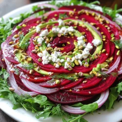 - 4 medium-sized beets, roasted and sliced - 100g goat cheese, crumbled - 1 cup raw pistachios, shelled and roughly chopped - 5 cups mixed greens (arugula, spinach, and baby kale) - 1 small red onion, thinly sliced - 1 avocado, sliced - 3 tablespoons olive oil - 2 tablespoons balsamic vinegar - Salt and pepper to taste I love the bright colors and flavors in this salad. Roasted beets bring a sweet earthiness that pairs well with creamy goat cheese. The crunch of pistachios adds texture, making each bite exciting. For the greens, I use a mix of arugula, spinach, and baby kale. They add a fresh taste and a lovely contrast to the rich ingredients. Thinly sliced red onion gives a zesty kick, while creamy avocado adds heartiness and richness. The dressing is simple yet flavorful. I whisk olive oil and balsamic vinegar together with salt and pepper to bring everything together. It balances the sweetness of the beets and the tanginess of the cheese. This salad is not just beautiful; it is a delight for the senses. Each ingredient plays a role in making this dish special. Enjoy the harmony of flavors and textures in every bite. Preheat Oven Start by preheating your oven to 400°F (200°C). This is key for roasting the beets perfectly. Wrapping and Roasting Process Next, take each beet and wrap it tightly in aluminum foil. Place the wrapped beets on a baking sheet. Roast them for about 45-60 minutes. You know they're done when a fork slides in easily. Once they cool, peel the skin off and slice them into rounds. Whisking Ingredients In a small bowl, combine the olive oil, balsamic vinegar, salt, and pepper. Use a whisk to blend everything until smooth. Taste the dressing and adjust the seasoning if needed. Combining Ingredients In a large mixing bowl, add the mixed greens, sliced roasted beets, sliced avocado, and thinly sliced red onion. Drizzle the dressing over the salad. Gently toss everything until the greens and other ingredients are well-coated. Adding Cheese and Nuts Finally, sprinkle the crumbled goat cheese and chopped pistachios over the top. This adds creaminess and crunch. For a touch of freshness, add some herbs as a garnish. Serve immediately for the best flavor! To roast beets, start by cleaning them well. Rinse them under cool water to remove dirt. Use a scrub brush to ensure they are clean. Then, trim off the tops and tails. You can roast them whole or cut them into chunks. Wrapping each beet tightly in foil helps keep moisture in. This method makes them tender and flavorful. For the dressing, whisk olive oil and balsamic vinegar together. Add salt and pepper to taste. Start with a little seasoning, then taste and adjust. If you want a tangier flavor, add more vinegar. For a sweeter touch, drizzle in a bit of honey. This will balance the earthiness of the beets. Serve your salad on a large white platter. This helps the colors pop. Arrange the beets in a spiral or fan shape. Layer the greens and avocado nicely. Sprinkle the goat cheese and pistachios on top. Finish with fresh herbs for a burst of color and flavor. This makes the salad look inviting and delicious! {{image_2}} You can swap goat cheese for other tasty options. Feta cheese gives a salty flavor. Blue cheese adds a bold taste. Cream cheese creates a smooth texture. Each cheese changes the salad’s vibe. Try them out to find your favorite! Want more protein in your salad? Chicken is a great choice. Grilled chicken adds a savory touch. You can also use shredded rotisserie chicken for ease. Quinoa is another option. It adds a nutty flavor and is great for a vegetarian dish. Both choices make the salad more filling. Seasonal vegetables can refresh your salad. In spring, add radishes for crunch. Summer calls for fresh corn for sweetness. Autumn can include roasted squash for warmth. Winter is perfect for brussels sprouts, lightly roasted. Mix in these veggies to celebrate the seasons! To keep your Roasted Beet Goat Cheese Pistachio Salad fresh, store leftovers in the fridge. Use an airtight container for best results. The salad will stay good for 3 to 5 days. Keep the dressing separate to avoid soggy greens. This way, your salad remains crisp and tasty. While it’s not ideal to freeze this salad, you can freeze some components. If you want to freeze beets, do so before adding them to the salad. Slice the roasted beets, place them in a freezer bag, and remove as much air as possible. They can last up to 3 months in the freezer. However, avoid freezing the greens and goat cheese, as they won’t hold up well. If you have leftover roasted beets, you can gently reheat them. Use the microwave or a pan on low heat. This keeps the flavor intact without overcooking. Do not reheat the salad with the greens, cheese, or nuts. They taste best fresh and crunchy. Enjoy your salad at its finest! Yes, you can prepare this salad ahead of time. Here are some tips: - Roast the beets and store them in the fridge. - Make the dressing and keep it in a jar. - Combine the greens and veggies just before serving. This way, your salad stays fresh and tasty. If you need a substitute for goat cheese, here are some options: - Feta cheese offers a similar crumbly texture. - Cream cheese provides a smooth, rich taste. - Vegan cheese works well for dairy-free diets. Choose based on your taste and dietary needs. Yes, this salad is gluten-free. Here’s why: - All ingredients like beets, greens, and nuts are naturally gluten-free. - Ensure the dressing does not contain gluten. This salad is safe for those with gluten sensitivities. This salad combines roasted beets, goat cheese, and pistachios with fresh greens and a tasty dressing. We discussed how to roast the beets, make a simple dressing, and assemble everything together. I shared tips for perfecting each step and adding variations. In the end, you can enjoy this salad any way you like. It’s tasty and good for you. Try it out, and make it your own!