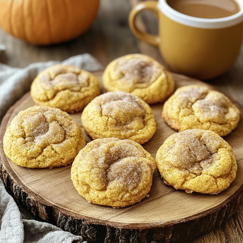 To make pumpkin spiced snickerdoodle cookies, gather these ingredients: - 1 cup unsalted butter, softened - 1 cup granulated sugar - 1/2 cup brown sugar, packed - 1 cup pumpkin puree - 2 large eggs - 1 teaspoon vanilla extract - 3 1/4 cups all-purpose flour - 1 teaspoon baking soda - 1 teaspoon cream of tartar - 1 teaspoon ground cinnamon - 1/2 teaspoon ground nutmeg - 1/2 teaspoon ground ginger - 1/4 teaspoon ground cloves - 1/4 teaspoon salt - 1/2 cup granulated sugar (for rolling) - 2 teaspoons ground cinnamon (for rolling) You can easily swap ingredients if you need to. Here are some options: - Use coconut oil instead of butter for a dairy-free option. - Swap granulated sugar with coconut sugar for a lower glycemic index. - If you don’t have brown sugar, mix granulated sugar with a bit of molasses. - For a gluten-free option, substitute all-purpose flour with a gluten-free blend. Fresh spices make a big difference in flavor. Here’s why: - Fresh spices have stronger flavors than old ones. - They enhance the taste of your cookies. - Ground spices lose their potency over time. - Always check your spice jars for freshness. - Using fresh spices helps you create the best cookies possible. First, you need to preheat your oven to 350°F (175°C). This step is key for even baking. While the oven heats, line two baking sheets with parchment paper. This keeps the cookies from sticking. Using parchment also makes for easy cleanup. In a large mixing bowl, start by creaming together the softened butter, granulated sugar, and brown sugar. Mix until the mixture is light and fluffy. This will take about 2 to 3 minutes. Next, add one cup of pumpkin puree, two large eggs, and one teaspoon of vanilla extract. Beat everything until it’s well combined. Now, grab another bowl for the dry ingredients. Whisk together 3 1/4 cups of all-purpose flour, one teaspoon of baking soda, one teaspoon of cream of tartar, and your spices: one teaspoon of ground cinnamon, half a teaspoon of ground nutmeg, half a teaspoon of ground ginger, and a quarter teaspoon of ground cloves. Don’t forget to add a quarter teaspoon of salt. Gradually mix the dry ingredients into the wet mixture. Stir until just combined. Be careful not to overmix; that can make the cookies tough. In a small bowl, mix 1/2 cup of granulated sugar with 2 teaspoons of ground cinnamon. This is for rolling the cookies. Use a cookie scoop or a tablespoon to portion out the dough. Roll each ball in the cinnamon-sugar mixture to coat it fully. Place the coated dough balls onto the lined baking sheets. Make sure to space them about 2 inches apart. This gives them room to spread as they bake. Now, bake the cookies in your preheated oven for 10 to 12 minutes. Look for the edges to be set, and the tops should look slightly cracked. Once done, remove the cookies from the oven. Let them cool on the baking sheets for 5 minutes before transferring them to a wire rack. Let them cool completely before serving. Enjoy your tasty Pumpkin Spiced Snickerdoodle Cookies! To get the best texture for your Pumpkin Spiced Snickerdoodle Cookies, focus on two things: butter and flour. Use softened butter, not melted. This helps create a light and fluffy dough. Measure your flour correctly. Too much flour makes cookies dry. Spoon the flour into your measuring cup and level it off with a knife. Mixing is key, but don’t overdo it. When you add the dry ingredients to the wet, stir until just combined. If you mix too long, your cookies can turn tough. A few lumps are okay. They will bake out and keep your cookies tender. Let your cookies cool on the baking sheet for about 5 minutes. This helps them set up without breaking. Then, transfer them to a wire rack to cool completely. For a beautiful touch, arrange the cookies on a fancy platter. Dust them with extra cinnamon sugar. Pair them with warm spiced chai for a cozy autumn vibe. {{image_2}} To make gluten-free pumpkin spiced snickerdoodles, swap all-purpose flour for a gluten-free blend. Look for a blend that works for cookies. You may need to adjust the amount of flour. Start with 3 cups and add more as needed. This keeps the dough from being too sticky. The flavor will stay rich and warm. For a vegan version, replace the butter with coconut oil or vegan butter. You can use flaxseed meal as an egg substitute. Mix 1 tablespoon of flaxseed meal with 2.5 tablespoons of water. Let it sit until it thickens. Use pumpkin puree in place of eggs. This keeps the cookies moist and flavorful. Get creative with flavors! Add chocolate chips for a sweet twist. Use 1 cup of semi-sweet chocolate chips. Chopped nuts like pecans or walnuts add a nice crunch. Mix in about 1/2 cup of nuts for texture. You can also try adding dried fruit like cranberries. This gives a new layer of taste and color. To keep your pumpkin spiced snickerdoodle cookies fresh, store them in an airtight container. This helps to trap moisture, which keeps the cookies soft. Line the bottom of the container with parchment paper. Place a layer of cookies on top. Add another layer of parchment paper before stacking more cookies. This keeps them from sticking together. You can store them at room temperature for up to one week. If you want to save some cookies for later, freezing is a great option. Let the cookies cool completely before freezing. Then, place them in a single layer on a baking sheet. Freeze them for about one hour. Once they are firm, transfer them to a freezer-safe bag. Label the bag with the date and type of cookie. You can freeze them for up to three months. When you're ready to eat them, just thaw them at room temperature. To enjoy freshly-baked cookies again, you can easily reheat them. Preheat your oven to 350°F (175°C). Place the cookies on a baking sheet in a single layer. Heat them for about 5-7 minutes. This warms them up and makes them soft again. If you want a crispier texture, leave them in for a few more minutes. Enjoy your treats with a hot drink for a cozy experience! Yes, you can use canned pumpkin puree. It makes this recipe easy and quick. Just make sure to use pure pumpkin, not pumpkin pie filling. The flavor will be rich and smooth. This saves you time and still gives tasty cookies. You know the cookies are done when the edges are set. Look for a slightly cracked top. The center may look soft, but it will firm up as they cool. Bake them for 10 to 12 minutes for the best results. Keep an eye on them, as every oven is different. Yes, you can make the dough ahead of time. After mixing, cover it tightly and chill it in the fridge. This makes it easier to scoop and roll later. You can store it for up to three days. Just remember to let it sit out for a few minutes before baking. In this blog post, we explored the key ingredients for your cookie recipe, including the detailed list and substitutions. I shared tips for preparing, rolling, and baking your dough to achieve the perfect cookie texture. We also discussed fun variations, storage tips, and answered common questions to make your baking experience easy. Baking cookies can be simple and rewarding. With fresh spices and the right techniques, you can create delicious treats every time. Enjoy trying out these recipes and sharing with friends!