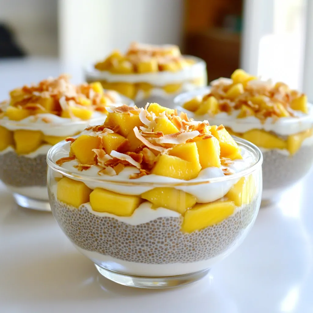 To make Mango Coconut Chia Pudding, gather these simple ingredients: - 1 cup coconut milk - 1/2 cup almond milk - 1/4 cup chia seeds - 2 tablespoons maple syrup (or honey) - 1 ripe mango, diced - 1 teaspoon vanilla extract - A pinch of salt - Toasted coconut flakes for garnish Each ingredient plays a key role in the flavor and texture of this dish. The coconut milk gives a creamy base, while almond milk adds a light nutty touch. Chia seeds are the star here; they soak up moisture and turn into a lovely pudding. Sweetness comes from maple syrup, but honey works too. The mango adds a fresh burst of flavor, and vanilla extract enhances all the tastes. Finally, a sprinkle of toasted coconut flakes brings a delightful crunch. These ingredients are easy to find, and they come together quickly. With just a bit of prep, you can create a delicious treat that is both healthy and satisfying. To start, grab a mixing bowl. In this bowl, combine 1 cup coconut milk and 1/2 cup almond milk. Then, add 1/4 cup chia seeds to the mix. Next, pour in 2 tablespoons of maple syrup and 1 teaspoon of vanilla extract. Finally, add a pinch of salt. Whisk everything together well. This helps to keep the chia seeds from clumping. Now, cover the bowl with plastic wrap. You can also use a sealed container if you prefer. Place the mixture in the fridge. Let it chill for at least 4 hours or overnight. This waiting time is key. It allows the pudding to thicken and reach a creamy texture. When you're ready to serve, take the pudding out of the fridge. Give it a good stir to break up any clumps. Next, layer the pudding into serving glasses or bowls. Add diced mango in between the layers. Top each serving with toasted coconut flakes. This adds a nice crunch and boosts the flavor. Enjoy your delicious treat! To get the best texture, whisk the mix well. This step helps break any clumps. Chia seeds can stick together if not mixed enough. After whisking, cover the bowl and chill it. Wait at least four hours or overnight. This lets the seeds soak and thicken the mix into pudding. You can boost the taste with extra flavors. Try adding a pinch of cinnamon or nutmeg. You might also mix in some fresh lime juice for a zing. For more sweetness, add a bit more maple syrup or honey. Fresh mint leaves can make a bright finish, too. Get creative with your toppings! Serving your pudding is as fun as making it. Use clear glasses to show off the layers. Start with a layer of chia pudding, then add diced mango. Repeat this until you fill the glass. Top each serving with toasted coconut flakes for crunch. You can sprinkle extra mango pieces on top for color and charm. {{image_2}} You can swap mango for other fruits. Pineapple adds a sweet, tart taste. Berries like strawberries or blueberries bring a fresh, juicy burst. You can even mix different fruits for a colorful twist. Just remember, the fruit should be ripe for the best flavor. You can use various sweeteners for your chia pudding. Maple syrup gives a rich, earthy taste. Honey adds a floral note. Agave syrup is another good option, with a mild flavor. Each sweetener changes the taste a bit, so choose one you love. If you want it dairy-free, try different plant-based milks. Almond milk is nice and nutty. Oat milk is creamy and thick. Coconut milk adds more coconut flavor. You can mix these milks too. Just make sure they are unsweetened if you want to control the sweetness. To keep your Mango Coconut Chia Pudding fresh, store it in the fridge. Use an airtight container to prevent any odors from mixing in. Make sure the lid is on tight. This way, the pudding stays creamy and delicious. You can also use plastic wrap over your mixing bowl if you don’t have a container. You can freeze Mango Coconut Chia Pudding, but it may change a bit. When you thaw it, it might be a little watery. To freeze, pour it into freezer-safe containers. Leave some space at the top for expansion. Thaw in the fridge overnight for the best results. In the fridge, the pudding lasts about 4 to 5 days. Always check for any off smell or change in texture before eating. If it looks or smells funny, it’s best to toss it. Enjoy your pudding while it’s fresh for the best taste and nutrition! Yes, Mango Coconut Chia Pudding is very healthy. Chia seeds are full of fiber, protein, and omega-3 fatty acids. Coconut milk adds healthy fats, while mango gives you vitamins and antioxidants. This pudding is a great snack or breakfast option. It fills you up and keeps you energized. Absolutely! This pudding is already close to being vegan. Just use maple syrup instead of honey. Both coconut and almond milk are plant-based, making it a perfect vegan treat. You can enjoy this dish without any animal products. Chia seeds are tiny but packed with nutrients. In just two tablespoons, you get about 140 calories, 5 grams of protein, and 11 grams of fiber. They also have calcium, magnesium, and phosphorus. These nutrients help your bones and support heart health. To make the pudding thicker, add more chia seeds or let it sit longer. If it's too thick, mix in more coconut or almond milk. The key is to find the right balance for your taste. Experiment until you get your desired texture! Yes, you can! This pudding is perfect for meal prep. Make it the night before and let it chill in the fridge. It will set nicely overnight. You can enjoy it for breakfast or as a snack for the next few days. Just keep it covered in the fridge. Mango Coconut Chia Pudding is easy and tasty. We mixed coconut milk, almond milk, chia seeds, and sweeteners. After chilling, we topped it with mango and coconut flakes. For the best results, focus on texture and add your favorite fruits. Store extras in the fridge or freeze them for later. This treat is healthy, simple, and fun to make. Enjoy your creation, and feel free to experiment!