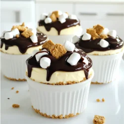 - 1 cup graham cracker crumbs - 4 tablespoons unsalted butter, melted - 2 cups cream cheese, softened - 1 cup powdered sugar - 1 teaspoon vanilla extract - 1 cup heavy whipping cream - 1 cup mini marshmallows - ½ cup chocolate chips (milk or dark) - Chocolate sauce for drizzling (optional) - Extra graham cracker pieces for garnish Gathering the right ingredients makes the process smooth. First, you'll need graham cracker crumbs. This gives your crust a sweet crunch. Next, melted unsalted butter binds the crumbs, creating a lovely base. For the creamy filling, cream cheese is key. It provides that rich taste we love in cheesecakes. Powdered sugar adds sweetness, while vanilla extract enhances the flavor. Next, heavy whipping cream is essential for fluffiness. Whipping it to stiff peaks makes the filling light and airy. Mini marshmallows add that fun s’mores touch, and chocolate chips give a burst of chocolatey goodness. If you want, drizzle some chocolate sauce on top for a fancy finish. Extra graham cracker pieces can add a nice crunch as a garnish. - Mixing bowls - Electric mixer - Serving cups You’ll need a few tools to make this dessert. Mixing bowls come first. You’ll use these to combine your ingredients easily. An electric mixer is a must for beating the cream cheese and whipping the cream. Finally, serving cups make it easy to layer and present your dessert. With these ingredients and tools, you're ready to create a delicious treat! First, grab a medium bowl. Mix the graham cracker crumbs with melted butter until well blended. You want to see no dry bits. Now, divide this mixture into six cups. Press it down firmly to form a nice crust at the bottom. In a large mixing bowl, beat the softened cream cheese with an electric mixer. Mix until it is smooth and creamy. Next, slowly add the powdered sugar and vanilla extract. Keep mixing until everything is combined and fluffy. In a separate bowl, whip the heavy cream until it forms stiff peaks. This means the cream should hold its shape when you lift the beaters. Be gentle when folding the whipped cream into the cheese mixture. You don’t want to lose all that air you just whipped in! Now, it’s time to fill the cups. Spoon the cheesecake filling into each graham cracker crust. Aim to fill them right to the top for a nice look and taste. Once filled, place the cups in the refrigerator. Chill them for at least four hours. You’ll know they are set when the filling is firm to the touch. Before serving, drizzle some chocolate sauce over the top. Then, sprinkle the remaining chocolate chips and add a few extra graham cracker pieces for a fun crunch. Enjoy the delicious layers of flavor! To get the best texture, always use room temperature cream cheese. Cold cream cheese makes it hard to blend smoothly. Soft cream cheese makes the filling rich and creamy. After mixing the cream cheese, fold in whipped cream gently. This keeps the fluffiness that makes each bite light and airy. Pair these cheesecake cups with coffee or fresh fruit. A cup of coffee adds warmth and richness. Fresh berries can bring a zesty touch. For gatherings, present the cups on a nice platter. You can add a drizzle of chocolate sauce on top. It makes them look fancy and inviting. One common mistake is overmixing the filling. This can make the cheesecake dense and heavy. Mix just until combined for the best results. Another mistake is not chilling the cups long enough. They need at least four hours to set. If they are not chilled enough, they won’t hold their shape. {{image_2}} You can easily change up the flavor of your S’mores No-Bake Cheesecake Cups. Here are a couple of fun ideas: - Adding peanut butter or Nutella: Swirl in some peanut butter or Nutella for a rich twist. This adds a creamy texture and a nutty taste that pairs well with chocolate. - Using flavored cream cheese: Try using flavored cream cheese, like marshmallow. This will enhance the S’mores flavor and create a unique filling. Making this dessert fit different diets is simple: - Gluten-free options: Use gluten-free graham crackers for the crust. This way, everyone can enjoy your treat without worry. - Vegan substitutions: Replace cream cheese and whipped cream with vegan versions. There are many great plant-based options that work well. You can present your cheesecake in different ways: - Converting to a large cheesecake: Instead of cups, pour the filling into a springform pan. It will be a stunning centerpiece for any event. - Mini cheesecake bites instead of cups: Use a mini muffin pan to create bite-sized treats. These are perfect for parties and kids love them! To keep your S’mores No-Bake Cheesecake Cups fresh, store them in the fridge. Use airtight containers or cover each cup with plastic wrap. This helps prevent drying out and keeps flavors intact. Make sure they are sealed well to avoid any odors from other foods. You can freeze the cheesecake cups if you have leftovers. First, place them in a freezer-safe container. Leave space at the top, as the filling may expand. When ready to eat, take them out and put in the fridge overnight to thaw. Serve them chilled for the best taste. In the fridge, these cheesecake cups stay fresh for about 3 to 5 days. Look for signs like a sour smell or change in color. If you see any mold or the texture changes, it’s best to discard them. Enjoy them while they are fresh for the best experience! Yes, you can make these cups ahead. They stay fresh in the fridge for up to three days. Just cover them tightly with plastic wrap. This way, the flavors will blend, and the dessert will taste even better! If you want something different, use crushed cookies like Oreos or gingersnaps. You can also use crushed nuts mixed with butter for a gluten-free option. Each choice gives a unique flavor and texture, so pick what you like best! If your filling is too runny, it could be due to overmixing or not whipping the cream enough. To fix this, mix in more powdered sugar to thicken it up. Chill the mixture longer if needed; it will set in the fridge. You can use regular marshmallows, but chop them into smaller pieces. Mini marshmallows mix better into the filling and add a nice look. The smaller size helps them blend well with the creamy cheesecake. Get creative with your toppings! Try crushed nuts, caramel sauce, or fresh fruit like strawberries or raspberries. You can also sprinkle some toasted coconut or even more chocolate chips for a rich twist. You can make delicious S’mores No-Bake Cheesecake Cups using simple ingredients and tools. Start with graham cracker crusts and a creamy filling. Don’t forget to chill them for the best texture. Try variations with peanut butter or different crusts if you want to mix things up. Store leftovers properly to keep them fresh, and enjoy them later. With these tips, you're set for a tasty dessert experience that friends and family will love. Happy baking!