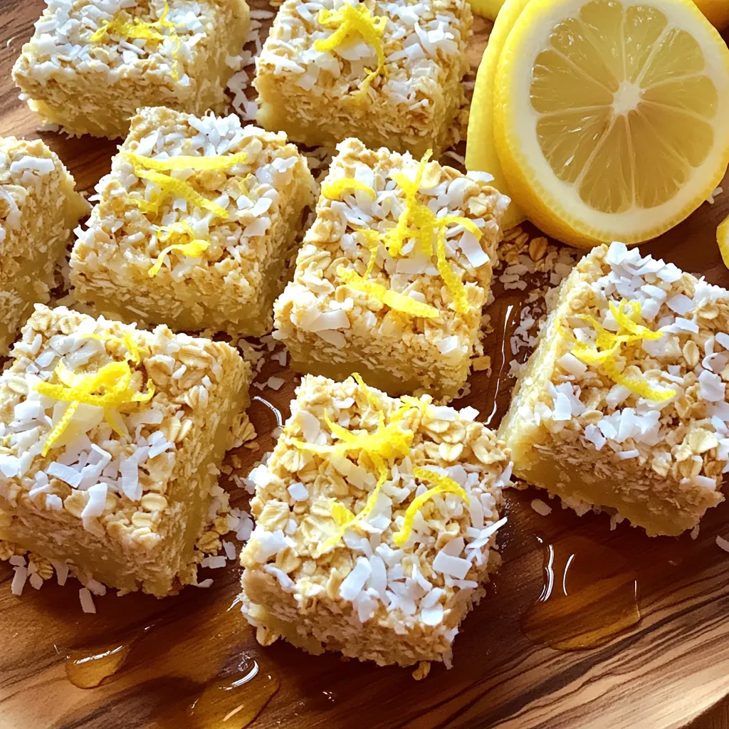 To make these No-Bake Lemon Coconut Energy Squares, you will need: - 1 cup rolled oats - 1 cup unsweetened shredded coconut - 1/2 cup almond butter (or any nut/seed butter) - 1/4 cup maple syrup or honey - Zest of 2 lemons - 1/4 cup fresh lemon juice - 1 teaspoon vanilla extract - Pinch of salt - Optional: 1/4 cup chopped nuts or seeds for extra crunch You can swap almond butter for any nut or seed butter. Peanut butter works great. Use agave syrup instead of maple syrup for a vegan option. If you prefer less sugar, try mashed bananas. You can also replace shredded coconut with ground oats for a different texture. - Rolled oats provide fiber. They help keep you full and satisfied. - Shredded coconut adds healthy fats and a touch of sweetness. - Almond butter gives protein and essential nutrients. It supports heart health. - Maple syrup or honey adds natural sweetness without refined sugar. - Lemon juice and zest bring fresh flavor and vitamin C. They can boost your immune system. - Vanilla extract enhances the taste without added calories. - Nuts or seeds add crunch and more healthy fats, making your squares even better. To make these energy squares, start by gathering your ingredients. You will need rolled oats, shredded coconut, almond butter, maple syrup, lemon zest, lemon juice, vanilla extract, and a pinch of salt. If you want added crunch, grab some chopped nuts or seeds. In a large mixing bowl, combine 1 cup of rolled oats and 1 cup of unsweetened shredded coconut. Stir them well so they mix properly. Next, warm your almond butter and maple syrup in a small saucepan over low heat. This should take about 1-2 minutes. Stir until they blend smoothly, then remove from heat. Add the zest of 2 lemons, 1/4 cup of fresh lemon juice, 1 teaspoon of vanilla extract, and a pinch of salt to the warm mixture. Stir everything together until it is well mixed. When you pour the wet mixture over the dry ingredients, ensure you coat them evenly. Use a spatula or your hands to mix thoroughly. If you choose to add chopped nuts or seeds, fold them in gently once the wet and dry ingredients are combined. This step helps keep the crunch. Make sure to press the mixture firmly into your lined baking dish. This helps the squares hold together well when you cut them later. After pressing the mixture into the dish, place it in the fridge. Let it chill for at least 30 minutes. This time allows the squares to set properly and firm up. Once the squares are set, lift them out using the parchment paper. Cut them into even squares or bars. You can serve them right away or store them for later. Enjoy the fresh taste of lemon and coconut! To get the best texture, use rolled oats and shredded coconut. They give a nice chew and crunch. Make sure your almond butter is warm. This helps it mix well with other ingredients. For a bright flavor, use fresh lemon juice and zest. The zest adds a zing that makes the squares pop. If you want more crunch, fold in chopped nuts or seeds. They add a fun texture and extra nutrients. These energy squares are perfect for any time. You can serve them as a snack or a sweet treat after meals. For a lovely presentation, arrange them on a platter. Add a sprinkle of shredded coconut and a lemon slice on top. This makes them look fresh and inviting. Pair them with a cup of tea for a relaxing moment. These squares are great for meal prep. You can make them ahead of time and store them in the fridge. Just cut them into squares and keep them in an airtight container. They stay fresh for up to a week. If you want to make a larger batch, double the recipe. You can also freeze them for longer storage. Just wrap each square in plastic wrap before placing them in a freezer bag. This way, you can enjoy a fresh snack anytime! {{image_2}} You can change the taste of your No-Bake Lemon Coconut Energy Squares easily. Try adding chocolate chips for a sweet twist. They blend well with lemon's tart flavor. Dried fruits like cranberries or apricots can add a chewy texture. You may also mix in some fresh berries for a fruity burst. Each flavor will create a fun new snack. If you prefer less sweetness, reduce the maple syrup or honey. You can also replace it with mashed banana for a natural sweetener. This change will still keep the bars tasty. For those who love a sweeter bite, add extra syrup or honey. Taste the mixture before pressing it into the pan to get it just right. Making these squares vegan is simple. Use maple syrup instead of honey, which is already a great choice. For gluten-free options, choose certified gluten-free oats. You can swap almond butter for sunflower seed butter for nut-free needs. This way, everyone can enjoy these yummy energy squares with no worries. To keep your No-Bake Lemon Coconut Energy Squares fresh, store them in an airtight container. This will prevent them from drying out. You can place parchment paper between layers to avoid sticking. Keep the container in the fridge for the best taste and texture. These energy squares last about one week in the fridge. They stay delicious and safe to eat. If you notice any changes in smell or texture, it’s best to discard them. Always check for freshness before enjoying your snack. You can freeze these squares for longer storage. Cut them into pieces before freezing. Wrap each square in plastic wrap or foil. Then, place them in a freezer bag. They will last for about three months. When you’re ready to eat, let them thaw in the fridge overnight. Yes, you can use different nut butters. Almond butter works well, but peanut butter or sunflower seed butter are great too. Each nut butter adds its unique flavor. To make these squares less sweet, reduce the amount of maple syrup or honey. You can cut the sweetener by half and still enjoy a tasty treat. Another option is to add more oats or coconut. Yes, you can use bottled lemon juice. Fresh lemon juice gives a brighter taste, but bottled juice works in a pinch. Just make sure it’s 100% juice without added sugars. To boost protein, add protein powder or chopped nuts. You can mix in 1/4 cup of your favorite protein powder. Chopped almonds or walnuts also work great and add a nice crunch. For best results, use a sharp knife to cut the squares. First, let them chill in the fridge. Once set, lift them out using the parchment paper. Then, slice them into even squares for a clean look. We’ve explored the key ingredients, step-by-step instructions, and helpful tips for making energy squares. You now know how to add flavors, adjust sweetness, and store them. Remember, you can make these snacks fit your diet and taste. Try using different nut butters or fruits to create your perfect energy square. With these ideas, you can easily make a healthy treat that suits your needs. Enjoy creating your energy squares—your taste buds will thank you!