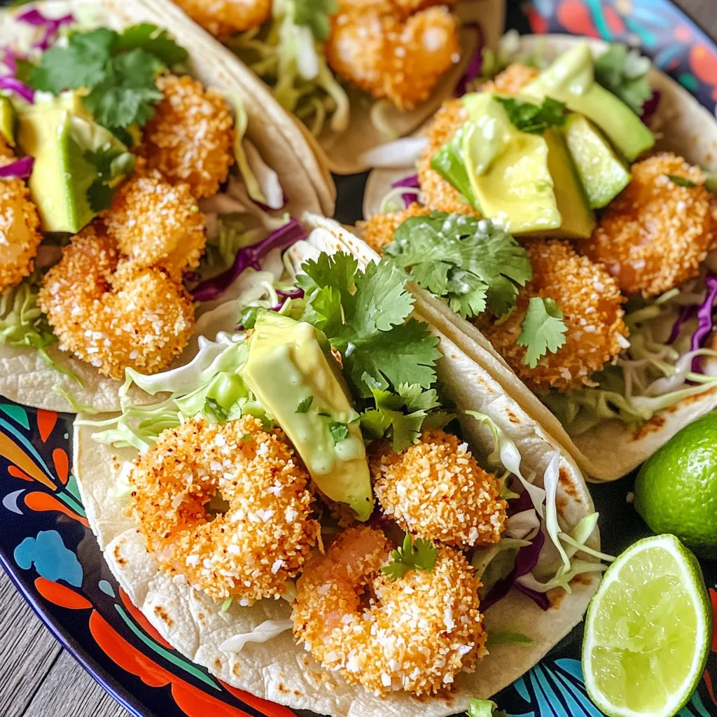 - 1 lb large shrimp, peeled and deveined - 1 cup shredded coconut, sweetened or unsweetened - 1/2 cup panko breadcrumbs - 1/4 cup all-purpose flour - 2 large eggs, beaten - 1 teaspoon garlic powder - 1 teaspoon paprika - Salt and pepper to taste - 8 small corn tortillas - 1 cup shredded cabbage, green or purple - 1 avocado, sliced - 1/2 cup lime crema (sour cream mixed with lime juice and salt) - Fresh cilantro, for garnish When I make these tacos, I focus on using fresh and quality ingredients. The large shrimp give a nice bite, while the coconut adds a sweet crunch. Panko breadcrumbs help create that crispiness we all love. I prefer unsweetened coconut to balance the flavors. The seasoning mix, which includes garlic powder and paprika, really enhances the shrimp's flavor. A pinch of salt and pepper rounds it out nicely. Don't skip the corn tortillas; they hold everything together and add authentic taste. For toppings, fresh cabbage gives a nice crunch. Slices of ripe avocado add creaminess. The lime crema brightens the dish and brings it all together. Finally, a sprinkle of fresh cilantro adds a burst of flavor that is hard to resist. This combination of ingredients makes for a delightful meal. Each bite is a blend of textures and flavors that will impress anyone you serve. First, preheat your air fryer to 400°F (200°C). This step is key to getting that perfect crunch. Next, set up your breading station. You need three bowls: - One bowl with all-purpose flour, garlic powder, paprika, salt, and pepper. - The second bowl holds the beaten eggs. - The third bowl combines shredded coconut and panko breadcrumbs. This setup makes breading simple. Start by dredging each shrimp in the flour mixture. Shake off any extra flour. Then, dip the shrimp in the beaten eggs. Let the excess egg drip off. Finally, coat the shrimp with the coconut-panko mix. Press gently so it sticks well. Place the breaded shrimp in a single layer in the air fryer basket. Do not overcrowd them. Lightly spray with cooking oil. This helps achieve that extra crispiness. Cook for 8 to 10 minutes. Flip the shrimp halfway through. They should turn golden brown and crispy. While the shrimp cooks, warm your corn tortillas in a dry skillet. Heat them for 1 to 2 minutes on each side until they are soft. Now, it’s time to assemble your tacos. Start with a layer of shredded cabbage on each tortilla. Add 2 to 3 shrimp on top. Then, place slices of avocado and drizzle with lime crema. Finish by garnishing with fresh cilantro. Enjoy your tasty tacos! For the crispiest coconut shrimp, follow these best practices: - Preheat your air fryer: Always preheat to 400°F (200°C) for even cooking. - Don’t overcrowd: Place shrimp in a single layer to ensure air circulation. - Lightly spray with oil: A quick spray helps achieve that golden crunch. I recommend using avocado oil or canola oil for frying. They have high smoke points and won’t alter the taste. To make your tacos pop, consider these presentation tips: - Serve on a colorful platter with lime wedges for a fresh look. - Add a sprinkle of cilantro for that bright green touch. For sides, pair your tacos with: - Mexican street corn for sweetness. - Black bean salad for a hearty touch. To make homemade lime crema, mix: - 1/2 cup sour cream - Juice of 1 lime - Pinch of salt For extra zest, consider these toppings: - Sliced jalapeños for heat. - Fresh mango salsa for sweetness. - Chili powder for a smoky kick. These small tweaks can elevate your tacos to a whole new level! {{image_2}} To make these tacos gluten-free, use gluten-free tortillas. You can find these in most grocery stores. For the breading, substitute the panko breadcrumbs with gluten-free options. Use ground almonds or crushed rice crackers for a nice crunch. This way, everyone can enjoy the tacos without worry. Want to spice things up? Add cayenne pepper to the flour mix for heat. Just a pinch can make a big difference. You could also try different seafood. For example, use fish like tilapia or cod. Each option gives the tacos a new taste and keeps things exciting. If you prefer a meatless meal, use plant-based proteins like tofu or tempeh. Just season them well to enhance the flavor. You can also swap shrimp for vegetables. Bell peppers, zucchini, or cauliflower work great. Roast or air fry them to get a perfect texture. This way, you can enjoy a tasty taco without the shrimp. To keep your shrimp tacos fresh, store them in the fridge. Use an airtight container. These tacos taste best within two days. Separate the shrimp from the tortillas and toppings. This keeps everything crisp. When reheating, avoid the microwave. Instead, use the air fryer. Heat them at 350°F (175°C) for about 5 minutes. This method keeps the shrimp crispy. If you must use a microwave, cover the tacos with a damp paper towel. This helps prevent them from getting too dry. You can freeze the breaded shrimp before cooking. Lay them on a baking sheet in a single layer. Freeze for about 1 hour, then transfer to a freezer bag. This method keeps them from sticking together. They can last up to three months in the freezer. To defrost, move the shrimp to the fridge for a few hours or overnight. Cook them right after defrosting. Preheat the air fryer to 400°F (200°C). Cook for 8-10 minutes, flipping halfway through. Enjoy your crispy shrimp tacos anytime! Yes, you can use frozen shrimp. Just make sure to thaw them first. Place the shrimp in a bowl of cold water for about 15 to 20 minutes. Once thawed, pat them dry with a paper towel. This step helps the breading stick better. If you skip this, the shrimp might be too wet. Wet shrimp can ruin the crispy texture you want. If you don’t have an air fryer, you can bake or pan-fry the shrimp. For baking, preheat your oven to 400°F (200°C). Place the breaded shrimp on a baking sheet lined with parchment paper. Bake for about 12-15 minutes, flipping halfway. For pan-frying, heat oil in a skillet over medium heat. Fry the shrimp for about 2-3 minutes on each side until golden. Both methods work well; just watch the cooking time closely. Making lime crema is easy. In a bowl, mix 1/2 cup of sour cream with the juice of 1 lime. Add a small pinch of salt to taste. Stir well until smooth. If you want a bit more flavor, you can add a dash of garlic powder or some chopped cilantro. This creamy mix adds a great zing to your tacos! We explored how to make crispy shrimp tacos from scratch. You learned about essential ingredients, the step-by-step cooking method, and special tips. I shared variations to suit different diets and preferences, plus ways to store leftovers. Remember, a perfect taco combines crunch, flavor, and creativity. With practice, you can impress anyone with your cooking. Now, get started and enjoy every delicious bite you make!
