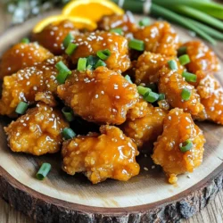 To make Air Fryer Sticky Orange Chicken, you will need: - 1 lb boneless, skinless chicken thighs, cut into bite-sized pieces - 1/2 cup cornstarch - 1 teaspoon salt - 1/2 teaspoon black pepper - 1 tablespoon olive oil - 1/4 cup orange juice (freshly squeezed) - Zest of 1 orange These ingredients create the base for a tasty dish. The chicken thighs provide a juicy texture. Cornstarch helps in creating a crispy coating. The salt and pepper enhance the flavor of the chicken. The sticky sauce is where the magic happens. For the sauce, gather these ingredients: - 1/4 cup honey - 2 tablespoons soy sauce (low sodium) - 1 tablespoon rice vinegar - 1 teaspoon ginger, minced - 2 cloves garlic, minced Honey adds sweetness, while soy sauce gives a savory kick. Rice vinegar balances the flavors. Ginger and garlic stir up a warm, aromatic taste that shines through the dish. To make your dish look great, consider these garnishes: - 1 tablespoon sesame seeds - 2 green onions, sliced These garnishes add color and a crunchy texture. The sesame seeds give a nutty flavor, and green onions add a fresh bite. You can serve the chicken on a platter, making it even more appealing. Start by cutting 1 pound of boneless, skinless chicken thighs into bite-sized pieces. This helps them cook evenly. In a bowl, mix 1/2 cup of cornstarch, 1 teaspoon of salt, and 1/2 teaspoon of black pepper. Toss the chicken in this mix until each piece is well coated. This coating makes the chicken crispy. Drizzle 1 tablespoon of olive oil over the chicken. Toss again to ensure every piece is covered with oil. Preheat your air fryer to 400°F (200°C). Place the coated chicken pieces in the basket. Make sure they are in a single layer. This helps them cook properly. Cook the chicken for 10 minutes. Shake the basket halfway through to ensure even cooking. The chicken should be golden and cooked through at the end of this time. While the chicken cooks, prepare your sticky sauce. In a small saucepan, add 1/4 cup of freshly squeezed orange juice, the zest of 1 orange, 1/4 cup of honey, 2 tablespoons of low-sodium soy sauce, 1 tablespoon of rice vinegar, 1 teaspoon of minced ginger, and 2 cloves of minced garlic. Cook this mix over medium heat. Stir often until the sauce thickens slightly, which should take about 5-7 minutes. Once the chicken is done, pour the sticky sauce over it in the air fryer basket. Toss gently to coat all the chicken pieces. Cook for another 3 minutes at 400°F (200°C) to caramelize the sauce. To get that great crispy texture, use cornstarch on the chicken. It helps create a crunchy coating. Make sure to coat each piece well. Don’t skip the olive oil; it adds flavor and helps with crispiness. Spread the chicken in a single layer in the air fryer. Overcrowding can make the chicken soggy. Shake the basket halfway through cooking. This ensures even crisping. For this recipe, set your air fryer to 400°F (200°C). This high heat helps the chicken cook fast and get crispy. Cook the chicken for 10 minutes. After that, toss it with the sauce and cook for 3 extra minutes. This caramelizes the sauce, making it sticky and flavorful. Always check your air fryer’s manual for specific settings since models may vary. To boost the sauce's flavor, use freshly squeezed orange juice. It makes a big difference compared to bottled juice. Adding orange zest gives a bright, citrus note. You can also play with the honey; use less for a tangier taste. For a spicy kick, add a pinch of red pepper flakes. Mix in fresh herbs like cilantro or basil just before serving for extra flair. {{image_2}} You can change the protein in this recipe. For a plant-based meal, use tofu. Cut firm tofu into cubes. Coat it like the chicken. Air fry it for about 12 minutes. Toss it in the sauce just like you would with chicken. If you prefer seafood, shrimp is a great choice. Use peeled and deveined shrimp. They cook faster than chicken, needing only about 6-8 minutes in the air fryer. Add the sticky sauce after they finish cooking. You can play with the sauce's taste. Want it spicy? Add red pepper flakes or sriracha to the mix. For a sweeter twist, include a bit more honey. If you like a tangy flavor, try adding more rice vinegar. You can also swap orange juice for pineapple juice for a tropical vibe. Each change brings a new taste to your dish. Serve your sticky orange chicken on a big platter. It looks great with a sprinkle of sesame seeds and green onions on top. For sides, jasmine rice works well. You can also add stir-fried veggies for color and crunch. Try serving it with a simple salad to balance the meal. A fresh cucumber salad or a crunchy slaw can add a nice touch. Each side enhances the flavors of your chicken. Enjoy experimenting! Store leftover sticky orange chicken in an airtight container. Let it cool first. Place it in the fridge for up to three days. Make sure to keep the chicken and sauce together to keep the flavors intact. When reheating, use the air fryer for best results. Set it to 350°F (175°C). Heat for about 5 minutes. This keeps the chicken crispy and the sauce sticky. You can also use the microwave, but it may not keep the same texture. You can freeze sticky orange chicken for up to three months. Place it in a freezer-safe bag. Squeeze out as much air as possible. When ready to eat, thaw it in the fridge overnight. Then, reheat in the air fryer for a delicious meal. Yes, you can use chicken breasts. They will work well in this recipe. Just be aware that chicken breasts can dry out more easily than thighs. To keep them juicy, watch the cooking time closely. I recommend cutting them into bite-sized pieces, just like the thighs. This way, they will cook evenly and absorb the sticky sauce nicely. To check if the chicken is done, use a meat thermometer. The internal temperature should reach 165°F (75°C). If you don’t have a thermometer, cut a piece in half. The meat should be white, not pink. Also, the juices should run clear. If you see any pink, return it to the air fryer for a few more minutes. If you need a soy sauce substitute, try coconut aminos. This is a great option for those avoiding soy. It has a similar taste but is sweeter. Another option is tamari, which is gluten-free soy sauce. You can also mix equal parts of balsamic vinegar and water for a different flavor. Just remember to adjust the amount based on your taste preferences. Air Fryer Sticky Orange Chicken is tasty and easy to make at home. We covered essential ingredients, step-by-step cooking instructions, and tips for perfect texture. You can even try different proteins or modify the sauce for unique flavors. Remember to store leftovers properly and reheat them to keep their crispiness. Enjoy experimenting with this dish, and you'll have a quick meal that impresses everyone at your table. Keep this guide handy for your next cooking adventure!