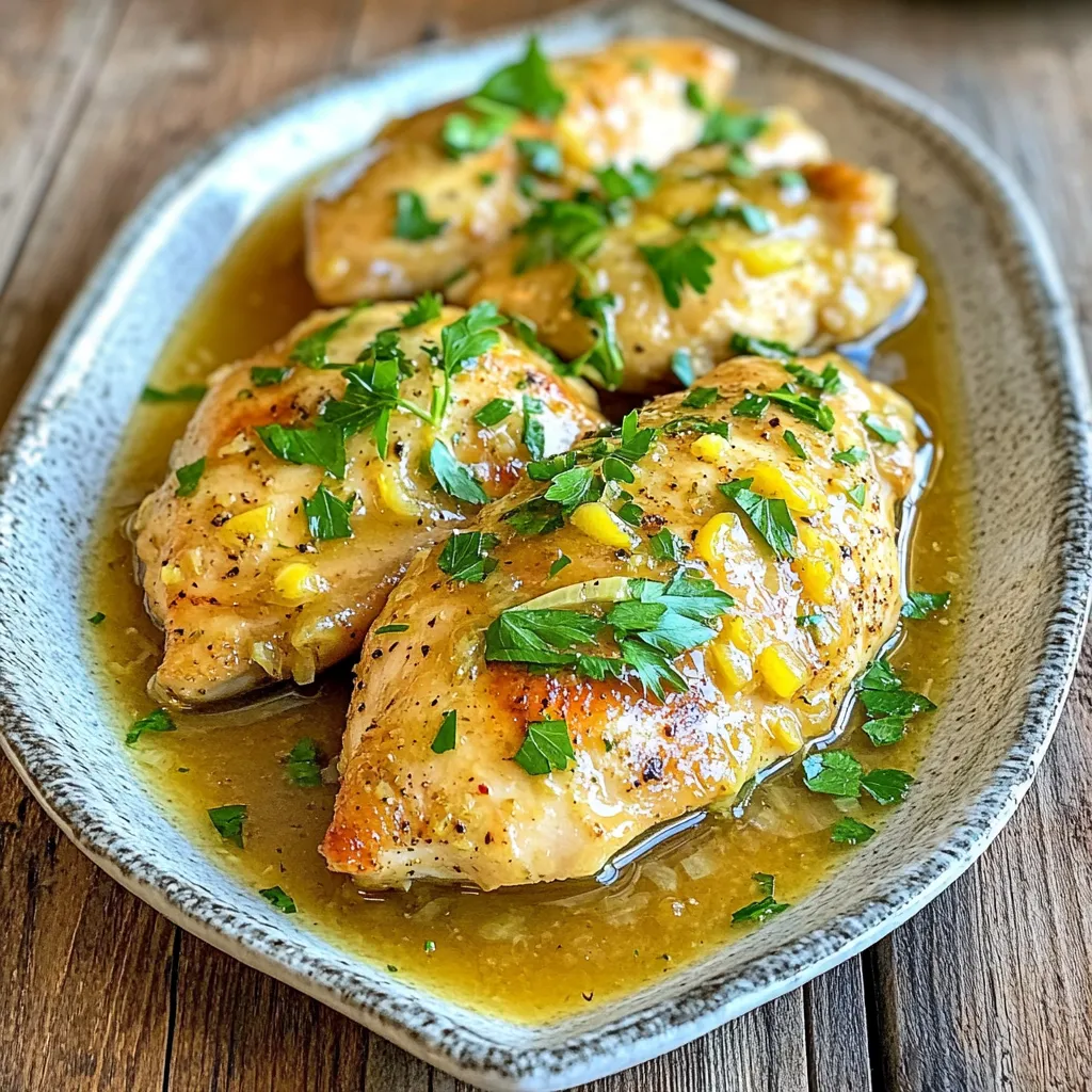 - 4 boneless, skinless chicken breasts - 1 large lemon (juiced and zested) - 4 garlic cloves, minced - 1 tablespoon olive oil - 1 teaspoon dried oregano - 1 teaspoon dried thyme - 1 teaspoon paprika - Salt and pepper to taste - 1 cup low-sodium chicken broth - Fresh parsley, chopped (for garnish) The heart of this Slow Cooker Lemon Garlic Chicken lies in its simple yet flavorful ingredients. I love using boneless, skinless chicken breasts for this dish. They cook evenly and soak up the flavors well. The zesty lemon adds brightness. When you juice and zest the lemon, you get both tangy and fresh notes. The minced garlic provides a rich aroma. I always use fresh garlic for the best taste. Next, the herbs! Dried oregano and thyme work wonders. They add depth and warmth. Paprika brings a slight smokiness, enhancing the dish's overall flavor. Don’t forget salt and pepper to taste. These are key to making every bite delicious. Low-sodium chicken broth is my go-to choice. It keeps the chicken moist and packed with flavor. For a pop of color, I love garnishing with fresh parsley. It makes the dish look as good as it tastes! Having these ingredients ready makes cooking easy. You can enjoy a gourmet meal without spending all day in the kitchen. - Season the chicken breasts Start with 4 boneless, skinless chicken breasts. Use salt, pepper, dried oregano, dried thyme, and paprika to season them. Make sure to cover both sides evenly. This step adds a great base flavor. - Prepare the lemon-garlic marinade In a small bowl, mix together the juice and zest of 1 large lemon, 4 minced garlic cloves, and 1 tablespoon of olive oil. This mix will bring bright, bold flavors to your chicken. - Place chicken in the slow cooker Once seasoned, place the chicken breasts in the slow cooker. This method helps to keep the chicken moist and tender as it cooks. - Add the marinade and broth Pour your lemon-garlic marinade over the chicken. Then, add 1 cup of low-sodium chicken broth around the chicken. The broth adds moisture and depth to the dish. - Cooking on low vs. high You can cook your chicken on low for 6-7 hours or on high for 3-4 hours. Cooking on low allows the flavors to meld better, while high cooks it faster. - How to check for doneness To check if the chicken is done, use a meat thermometer. The internal temperature should reach 165°F. If you don't have one, cut into the thickest part. The meat should be opaque and juices should run clear. To get the best flavor, season your chicken well. Use salt, pepper, oregano, thyme, and paprika. Coat both sides evenly for great taste. Different slow cookers may cook at different speeds. If yours cooks fast, check the chicken at 5 hours on low. Marinating the chicken for at least an hour makes a big difference. It allows the lemon and garlic flavors to sink in. After cooking, don't waste the broth! It’s packed with flavor. Use it to drizzle over your chicken or as a base for a sauce. To shred the chicken, use two forks. Pull the meat apart gently for nice, tender shreds. If you prefer serving the chicken whole, let it rest after cooking. This keeps it juicy. Garnish with fresh parsley for a nice touch. Serve it with rice or veggies for a complete meal. {{image_2}} You can use different proteins in this recipe. Chicken thighs are a great choice. They add rich flavor and remain juicy. If you want a plant-based option, try tofu. Make sure to press it well to remove excess water. For herbs, you can swap oregano or thyme with rosemary or basil. These herbs add a nice twist to the dish. You can add vegetables for extra nutrition. Carrots and bell peppers work well. They cook nicely and soak up the lemon flavor. You can also try green beans or zucchini. Want more flavor? Add capers or olives for a briny kick. Mushrooms are another great choice. They add depth and texture to the dish. Serve this chicken with rice or quinoa for a balanced meal. Mashed potatoes also pair well, creating a comforting dish. For something lighter, try a fresh salad. Dress it with a lemon vinaigrette to match the chicken. If you want a sauce, a yogurt dip or garlic aioli can enhance the flavors. Don’t forget to sprinkle fresh parsley on top for color and taste! You can store the Slow Cooker Lemon Garlic Chicken in the fridge for up to four days. Use airtight containers to keep it fresh. Glass or plastic containers with tight lids work well. This helps prevent any smells from mixing with other foods. To freeze the chicken, first let it cool completely. Place the chicken in freezer-safe bags or containers. Be sure to remove as much air as possible. Label the bags with the date. When ready to eat, thaw it in the fridge overnight. You can reheat it in the microwave or on the stove. Add a splash of chicken broth to keep it moist. You can use this dish in many meals throughout the week. Shred the chicken and add it to salads, wraps, or rice bowls. Pair it with veggies for a balanced meal. When reheating, add a little broth or water to keep it juicy. This dish makes meal prep easy and delicious! Can I cook frozen chicken in the slow cooker? No, you should not cook frozen chicken in the slow cooker. It is best to thaw chicken first. Cooking from frozen can lead to uneven cooking. For safety, always start with fresh or thawed chicken. How do I adjust cooking times for bone-in chicken? If you use bone-in chicken, increase the cooking time. Cook on low for 7-8 hours or on high for 4-5 hours. Always check the chicken for doneness. The internal temperature should reach 165°F. What drinks go well with lemon chicken? Lemon chicken pairs well with white wine or iced tea. A crisp Sauvignon Blanc enhances the lemon flavor. For a non-alcoholic option, try sparkling water with lemon. How to balance flavors with side dishes? Serve lemon chicken with light and fresh sides. Roasted vegetables or a salad work great. Rice or quinoa can soak up the tasty sauce too. Is this recipe gluten-free? Yes, this recipe is gluten-free. All the ingredients used, like chicken and herbs, do not contain gluten. Always check your broth for gluten if using store-bought. Can I make it dairy-free? Yes, this recipe is naturally dairy-free. You do not need any dairy products to make this dish. Enjoy it without worrying about dairy allergies. This blog post covered a simple and tasty lemon garlic chicken recipe made in a slow cooker. We explored the main ingredients needed, step-by-step cooking instructions, and tips for achieving the best results. Don’t forget about variations, storage info, and FAQs that can help you tailor the dish to your needs. With these ideas, you can create delicious meals with ease. Try it out and enjoy the flavors!