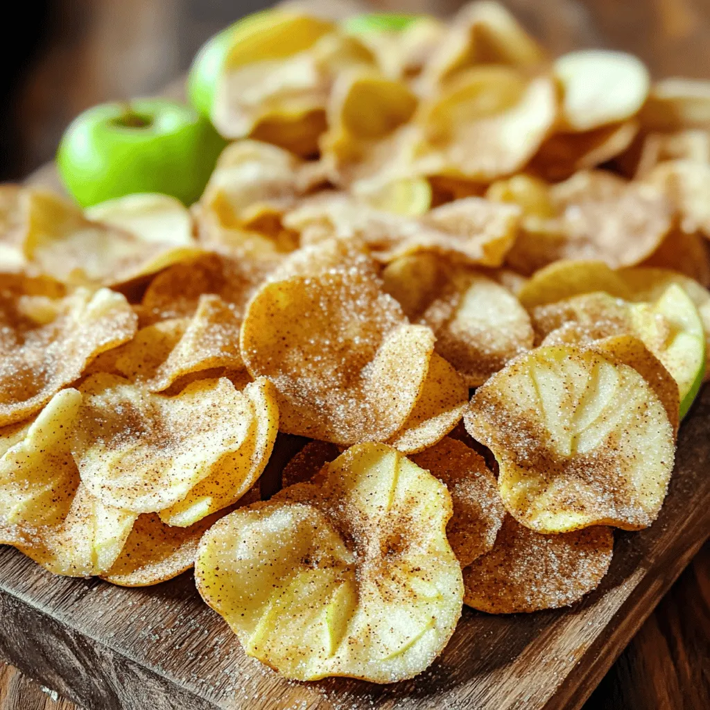 To make tasty cinnamon sugar apple chips, you need: - 2 large apples (such as Honeycrisp or Fuji) - 2 tablespoons granulated sugar - 1 teaspoon ground cinnamon - 1 tablespoon lemon juice - Pinch of salt These simple ingredients blend together to create a sweet, crunchy snack. The apples give you a fresh flavor, while the cinnamon and sugar add sweetness. I suggest using Honeycrisp or Fuji apples. These apples are sweet and crisp, making them perfect for chips. You can also try Gala or Granny Smith for a different taste. Just remember, the best apples yield the best chips! If you want to mix it up, you can try different spices. Nutmeg adds warmth, while allspice gives a unique flavor. You could also use vanilla sugar for a sweet twist. Just make sure to keep the balance, so the apple chips stay delicious! Start by washing the apples well. I like to use Honeycrisp or Fuji because they are sweet and crisp. After washing, remove the core. Slice the apples thinly, about 1/8 inch thick. You can use a mandoline for even slices or a sharp knife. Thin slices help the chips get crispy. In a small bowl, mix together 2 tablespoons of granulated sugar, 1 teaspoon of ground cinnamon, and a pinch of salt. Stir until everything blends well. This mixture gives the chips a sweet and warm flavor. Preheat your oven to 200°F (95°C). Line a baking sheet with parchment paper. Toss the apple slices with 1 tablespoon of lemon juice. This keeps them from turning brown. Sprinkle the cinnamon-sugar mixture over the apple slices. Make sure each slice gets coated. Arrange the slices in a single layer on the baking sheet. Avoid overlapping so they bake evenly. Bake in the oven for about 1.5 to 2 hours. Flip the chips halfway through to ensure they crisp up nicely. When they are golden and crisp, take them out. Let the chips cool on the baking sheet. They will continue to get crisp as they cool. To make great apple chips, slice the apples thin. Aim for about 1/8 inch thick. A mandoline works best for this. It gives even slices quickly. If using a knife, take your time to keep slices uniform. Uneven slices can bake differently. This might lead to some chips being soft. You want all chips crispy and delicious! Baking apple chips at a low temperature is key. Set your oven to 200°F (95°C). This slow bake helps to remove moisture. Lay the apple slices in a single layer on the baking sheet. Avoid stacking or overlapping them. Flip the chips halfway through baking. This ensures both sides get crispy. Let them cool completely before storing. They will crisp up even more as they cool. One mistake is not using fresh apples. Always use firm, crisp apples for the best flavor. Another mistake is skipping the lemon juice. This will prevent browning and keep the apples looking great. Don’t overcrowd the baking sheet. If you do, some chips will steam instead of bake. Lastly, watch the time closely. Baking too long can lead to burnt chips. Keep an eye on them for a perfect crunch! {{image_2}} You can change the flavor by adding new spices. Try using nutmeg for a warm taste. Cloves can add a deeper flavor, too. If you like heat, a little cayenne pepper works well! Mix your chosen spice into the cinnamon-sugar blend. This small change can make your chips unique. Apple chips are great, but you can use other fruits, too. Pears make a sweet and soft chip. Bananas turn crunchy and chewy with cinnamon. You can even try mango for a tropical twist. Slice the fruit thin, just like the apples. Follow the same steps to coat and bake them. You can enjoy these chips in sweet or savory ways. For a sweet treat, add honey or maple syrup before baking. For a savory version, skip the sugar. Instead, sprinkle some sea salt and chili powder. This creates a tasty snack that’s great for parties. You have so many choices! To keep your apple chips fresh, store them in an airtight container. This helps keep them crunchy. You can use glass jars or plastic bags. Make sure to remove as much air as possible before sealing. Homemade apple chips can last for about one week when stored properly. After that, they may lose their crunch. I recommend enjoying them within the first few days for the best taste and texture. You can freeze apple chips for later. Place them in a freezer-safe bag or container. They will stay fresh for about three months. When you want to enjoy them, let them thaw at room temperature. For extra crunch, bake them again for a few minutes. Yes, you can use other sugars. Brown sugar adds a rich flavor. Coconut sugar is another tasty option. Each sugar will change the taste a bit, but it will still be good. The chips are done when they are crisp and slightly golden. They should break easily when you try to bend them. If they are still soft, bake for a bit longer. Flipping them halfway helps with even cooking. To re-crisp apple chips, place them in a warm oven. Set the oven to 200°F (95°C) for about 10 minutes. This will bring back their crunch. Make sure to watch them closely so they don’t burn. Yes, homemade apple chips are usually healthier. You control the sugar and ingredients. Store-bought chips may have added preservatives. Making them at home gives you fresh, tasty snacks without extra junk. You learned about making tasty apple chips. We discussed essential ingredients, spices, and good apple types. You now know how to prep apples, bake until crisp, and store them properly. Remember to slice evenly and avoid common mistakes. Feel free to try different spices or fruits for fun twists. Homemade apple chips give you control over taste and health. Enjoy your crunchy snacks, share with friends, and feel proud of your making skills!