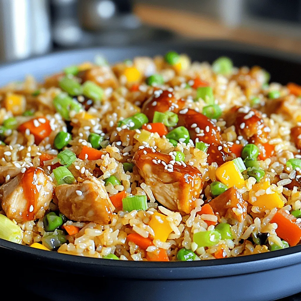 - 2 cups cooked jasmine rice (day-old preferred) - 1 pound diced chicken breast - 1 cup mixed vegetables (peas, carrots, corn) - 3 cloves minced garlic - 1 teaspoon grated ginger - 3 tablespoons soy sauce - 2 tablespoons honey - 2 tablespoons Sriracha sauce (to taste) - 2 chopped green onions - 2 tablespoons vegetable oil - Salt and pepper to taste - Sesame seeds for garnish Gathering the right ingredients is key. I love using day-old jasmine rice. It has the perfect texture for fried rice. The chicken breast adds protein and flavor. Mixed vegetables bring color and nutrients. I often use peas, carrots, and corn, but you can choose your favorites. Minced garlic and grated ginger add a nice kick. For the sauce, soy sauce, honey, and Sriracha create a sweet and spicy blend. Adjust the Sriracha to match your heat level. Fresh chopped green onions make a bright garnish. Vegetable oil helps cook everything evenly. Lastly, sprinkle sesame seeds for a lovely finish. With all these ingredients, you prepare a delicious Sriracha honey chicken fried rice. Each bite is a burst of flavor. Start by combining the diced chicken with soy sauce, honey, and Sriracha. This mix adds great flavor to the chicken. Let it marinate for 15 to 20 minutes. This step helps the chicken absorb all those tasty flavors. Next, heat 1 tablespoon of vegetable oil in a large skillet or wok over medium-high heat. Add the marinated chicken to the skillet. Cook it until it's browned and fully cooked, which takes about 5 to 7 minutes. Once done, remove the chicken from the skillet and set it aside. In the same skillet, add another tablespoon of oil. Sauté the minced garlic and grated ginger for about 30 seconds. You want to smell the garlic and ginger, as that shows they are ready. After that, add your mixed vegetables. Stir-fry them for around 3 to 4 minutes. They should be tender and heated through. Push the vegetables to the side of the skillet. Now, add the cooked rice, making sure to break up any clumps. Stir everything together until it is well combined. Then, return the cooked chicken to the skillet. Mix it thoroughly with the rice and vegetables. Drizzle any remaining marinade over the mixture. Add salt and pepper to taste. Stir-fry everything for another 2 to 3 minutes. This helps all the flavors blend nicely. Finally, sprinkle chopped green onions and sesame seeds on top before serving. Using day-old rice is key for great fried rice. It has less moisture, which helps keep the grains separate. Fresh rice can get mushy when you cook it again. In contrast, day-old rice stays firm and gives a better texture. You can prepare the rice a day before. Just store it in the fridge to cool down. This small step can change your dish's outcome. You control the heat with Sriracha. Start with two tablespoons, then taste it. If you like more spice, add a bit more. If you want it milder, use less. You can also mix in other sauces. For example, mix Sriracha with sweet chili sauce for a different taste. This allows you to make it just how you like it. Adding extra seasonings can boost the taste. Consider using sesame oil for a nutty flavor. You might also try a splash of rice vinegar for brightness. Finishing with fresh herbs, like cilantro, can add freshness. You could even toss in some crushed peanuts for crunch. These ideas help make your fried rice unique and fun. {{image_2}} You can switch up the protein in Sriracha honey chicken fried rice. Shrimp adds a nice touch. It cooks quickly and pairs well with the flavors. Beef also works great if you want something heartier. Just slice it thinly and cook it until brown. For a plant-based option, use tofu. Press it first to remove moisture, then cube and fry until golden. Feel free to customize your fried rice with vegetables you love. Seasonal veggies are a fun choice. Think bell peppers, snap peas, or broccoli. You can also toss in leftover veggies from your fridge. Just make sure to chop them small for even cooking. Experimenting with sauces can make this dish even better. Try adding teriyaki sauce for a sweet twist. Chili garlic sauce gives a spicy kick and depth. You can mix and match these sauces to find your favorite flavor combo. Don’t be afraid to get creative! To keep your Sriracha Honey Chicken Fried Rice fresh, store it in an airtight container. Let it cool to room temperature first. This helps stop moisture from forming inside the container. The rice will last up to four days in the fridge. Make sure to label your container with the date. If you want to save some for later, freezing is a great option. First, let the fried rice cool completely. Then, scoop portions into freezer-safe bags or containers. Try to remove as much air as you can before sealing. Frozen fried rice can last up to three months. When ready to eat, simply thaw it overnight in the fridge. To reheat your fried rice, use a skillet or a microwave. If using a skillet, add a splash of water or broth to keep it moist. Heat it over medium heat until hot. If using a microwave, cover it with a damp paper towel. Heat it in short bursts, stirring in between to ensure even warming. This keeps the texture nice and prevents it from drying out. You can easily make this dish vegan. Replace the chicken with tofu or tempeh. Both options give a nice texture. Use soy sauce or tamari for the marinade. For the honey, substitute with agave syrup or maple syrup. These swaps keep the sweet and spicy flavors. Yes, you can use brown rice. It has a nuttier taste and chewier texture. However, it takes longer to cook. Be sure to adjust the cooking time. This change may also make the dish feel heartier, which some find appealing. This fried rice lasts about 3 to 4 days in the fridge. Store it in an airtight container to keep it fresh. Reheat in a skillet or microwave until warmed through. This dish also tastes great as leftovers! In this post, we explored a tasty Sriracha Honey Chicken Fried Rice recipe. We covered ingredients, cooking steps, and handy tips. I shared ways to customize it with different proteins and veggies. Remember, using day-old rice makes a difference in texture. Be bold in adjusting spices and sauces to fit your taste. With these tips, this meal can be varied and enjoyed many ways. Try it out and make it your own!