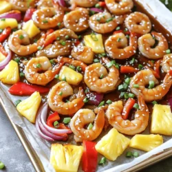 Shrimp Selection: Choose large shrimp for this dish. Look for shrimp that are firm and have a clean smell. If possible, buy wild-caught shrimp. They often have better flavor. Fresh shrimp should look translucent and have a slight sheen. Avoid shrimp with black spots or a strong odor. Fresh Produce: Use ripe pineapple for a sweet burst of flavor. Look for pineapples with a sweet smell at the base. The skin should be golden and slightly soft to touch. For the vegetables, pick bright, firm bell peppers and onions. They add color and crunch to the meal. Store-bought vs. homemade teriyaki sauce: You can use store-bought teriyaki sauce for ease. It saves time and still adds great flavor. However, I love making my own. Combine soy sauce, honey, garlic, and ginger for a richer taste. Variations for adjusting flavor profiles: Want to adjust the flavor? You can add a splash of rice vinegar for tang. A dash of sesame oil adds depth. If you prefer a sweeter sauce, mix in brown sugar or pineapple juice. Choosing the right sesame seeds and green onions: Use toasted sesame seeds for a nutty crunch. Lightly toast them in a pan for extra flavor. For green onions, select fresh stalks that are bright green. Chop them finely for a fresh, sharp contrast. They not only look good but also enhance the taste of your dish. First, you need to preheat your oven to 400°F (200°C). This temperature cooks the shrimp and veggies just right. While the oven heats, line a baking sheet with parchment paper. This makes cleanup easy and helps with sticking. Gather your ingredients: shrimp, pineapple, bell peppers, onion, and the teriyaki sauce mixture. In a large bowl, combine the shrimp, pineapple chunks, chopped red and yellow bell peppers, and onion wedges. The colors will look amazing together! In another bowl, whisk together the teriyaki sauce, olive oil, minced garlic, grated ginger, and red pepper flakes if you like some heat. Pour this sauce over the shrimp and veggies. Toss everything well to coat all of it evenly. This sauce adds sweet and savory flavors. Now, spread the shrimp and veggie mix in an even layer on the prepared baking sheet. This helps everything cook nicely. Bake for 15 to 20 minutes. Keep an eye on it. The shrimp should turn pink and the veggies will get tender. If you want them crispier, leave them in for a few extra minutes. Once done, let it cool for a few minutes. Garnish with sesame seeds and chopped green onions for a tasty finish. Well-cooked shrimp should turn pink and firm. You can tell they are done when they curl into a tight "C" shape. If they form an "O," they are overcooked. Always watch the time closely. Shrimp cooks fast. Bake them for about 15 to 20 minutes. This ensures they stay juicy and tender. When roasting shrimp, you can add many veggies. I love using bell peppers because they add color and crunch. Red and yellow bell peppers work great. You can also add zucchini, asparagus, or snap peas. These vegetables roast well and cook fast. Keep the pieces uniform in size for even cooking. To make your meal even better, think about sides. Steamed rice pairs nicely with the shrimp and pineapple. You can also serve it with a simple green salad. Add some citrus dressing for freshness. For a twist, try coconut rice or quinoa. These options make the meal more filling and fun! {{image_2}} You can switch out shrimp for chicken or tofu. Both options work well with teriyaki sauce. For a veggie boost, try adding broccoli, snap peas, or zucchini. Each swap brings a new flavor. This way, you can cater to different diets. Want to add a twist? Try adding pineapple juice for extra sweetness. It enhances the pineapple flavor. You can also add spices, like curry powder or garlic powder. A splash of lime juice gives a fresh kick. These simple tweaks can make the dish new and exciting each time. If you're short on time, consider using an air fryer. It cooks the shrimp in about 10 minutes. The shrimp gets crispy without losing moisture. You can also use a stovetop method. Simply sauté the shrimp and veggies in a pan. This method allows for quick cooking while keeping everything flavorful. To store leftovers, let the dish cool first. Place the shrimp and pineapple mix in an airtight container. Store it in the fridge for up to three days. If you want to keep it longer, freeze the leftovers. Use a freezer-safe bag and remove as much air as you can. Frozen, it lasts for up to three months. When ready to eat, reheat gently. The best way is in the oven. Preheat to 350°F (175°C). Spread the dish on a baking sheet and heat for about 10-15 minutes. This keeps the shrimp tender and the veggies crisp. You can also use a microwave. Heat in short bursts of 30 seconds. Stir between each burst to keep it even. For quick meals, prep the shrimp and veggies ahead of time. Chop your peppers and onion and store them in the fridge. You can also marinate the shrimp in teriyaki sauce a day early. This adds flavor and saves time. On busy nights, just throw everything on a sheet pan and bake. Dinner will be ready in no time! To make this dish gluten-free, swap out regular teriyaki sauce for a gluten-free version. Many brands offer gluten-free teriyaki sauce, which you can find in stores or online. You can also make your own sauce using tamari, a gluten-free soy sauce. Just mix tamari with honey, garlic, and ginger to keep the flavor while avoiding gluten. Yes, you can use frozen shrimp! Just make sure to thaw them first. To thaw, place the shrimp in the fridge overnight or run them under cold water for about 10-15 minutes. Using frozen shrimp may change the cooking time slightly, so keep an eye on them while baking. They should turn pink when fully cooked. If you want to lower the spice level, simply reduce the amount of red pepper flakes. You can even leave them out altogether. To add flavor without heat, consider adding sweet bell peppers or pineapple chunks. They balance the dish and keep it tasty without the spice. In this article, we covered how to create a delicious shrimp teriyaki dish. We started with choosing the best shrimp and fresh produce. Then, we discussed teriyaki sauce, mixing ingredients, and baking tips. I shared ways to get perfectly cooked shrimp and the best vegetables to use. We also explored variations and easy storage methods. In conclusion, these steps can help you prepare a tasty meal with ease. Enjoy experimenting with flavors and ingredients to make this dish your own. Happy cooking!