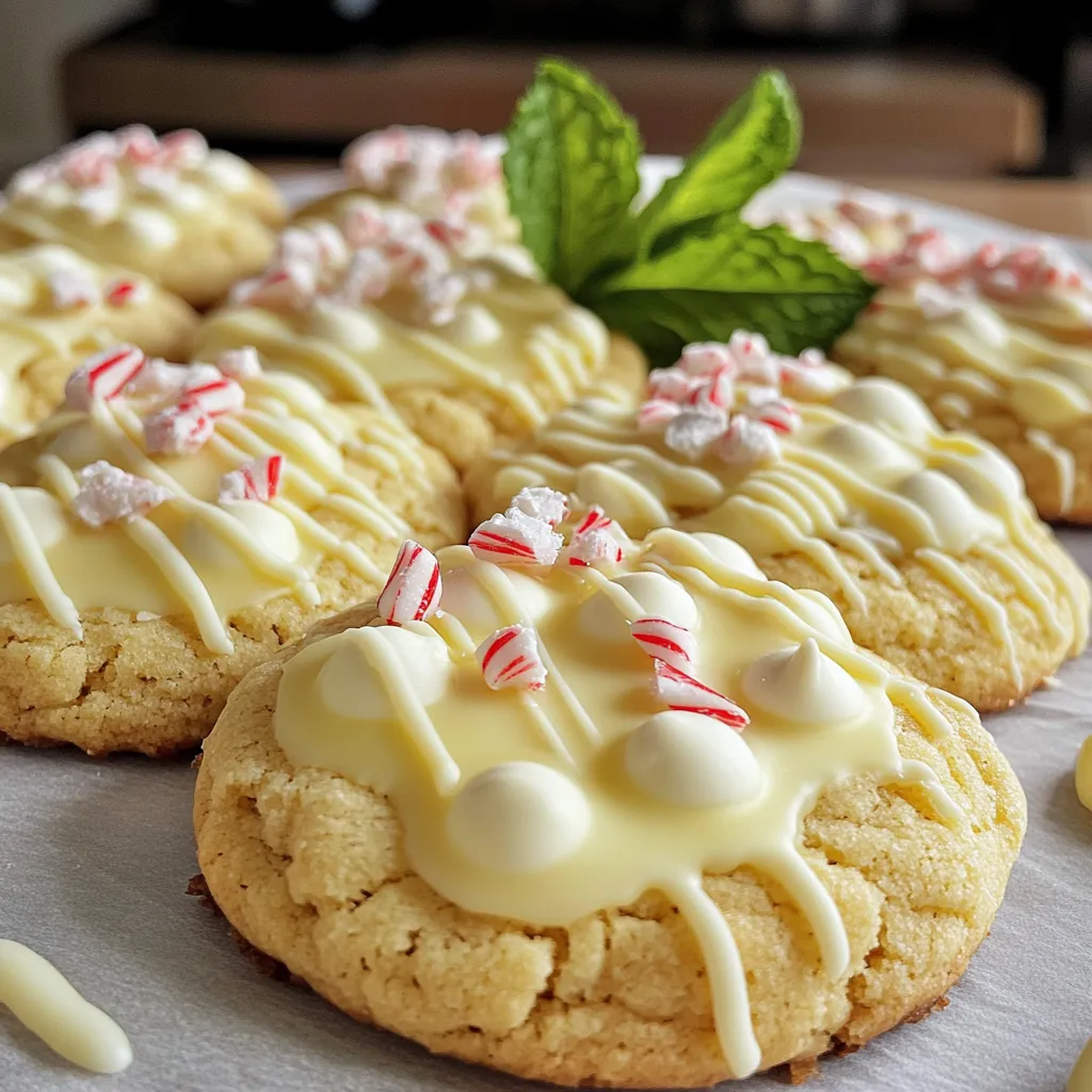 To make White Chocolate Peppermint Bark Cookies, gather these simple ingredients: - 1 cup unsalted butter, softened - 1 cup brown sugar, packed - 1/2 cup granulated sugar - 2 large eggs - 1 teaspoon vanilla extract - 2 1/2 cups all-purpose flour - 1 teaspoon baking soda - 1/2 teaspoon salt - 1 cup white chocolate chips - 1/2 cup crushed peppermint candies - 1/2 teaspoon peppermint extract You can swap some ingredients if needed. Here are a few options: - Use coconut oil instead of butter for a dairy-free version. - Try coconut sugar instead of brown sugar for a healthier option. - Substitute eggs with flaxseed meal (1 tablespoon flaxseed + 3 tablespoons water) for a vegan choice. - Use gluten-free flour in place of all-purpose flour for gluten-free cookies. Selecting good ingredients makes a big difference. Here are my tips: - Choose unsalted butter for better control of salt levels in your cookies. - Look for high-quality white chocolate chips. Check for cocoa butter in the ingredients. - Use fresh peppermint candies for the best flavor and crunch. Old candy can lose its taste. - Always buy organic eggs if possible. They tend to have better flavor and quality. These choices ensure your cookies taste great and look amazing! Start by gathering all your ingredients. You will need: - 1 cup unsalted butter, softened - 1 cup brown sugar, packed - 1/2 cup granulated sugar - 2 large eggs - 1 teaspoon vanilla extract - 2 1/2 cups all-purpose flour - 1 teaspoon baking soda - 1/2 teaspoon salt - 1 cup white chocolate chips - 1/2 cup crushed peppermint candies - 1/2 teaspoon peppermint extract Preheat your oven to 350°F (175°C). Line a baking sheet with parchment paper. This will help your cookies not stick. In a large bowl, cream the softened butter, brown sugar, and granulated sugar. Mix until it is light and fluffy. This step is key for a soft cookie. Next, add the eggs one at a time. Mix well after each egg. Stir in the vanilla extract for a nice flavor. In another bowl, whisk the flour, baking soda, and salt. Slowly add this dry mix to the wet ingredients. Combine until just mixed. Now, fold in the white chocolate chips, crushed peppermint candies, and peppermint extract. This mixture will smell amazing! Use a cookie scoop or a tablespoon to drop dough balls onto the prepared baking sheet. Leave about 2 inches between each ball. Bake in your preheated oven for 10-12 minutes. The edges should be lightly golden, and the centers may look soft. After baking, let the cookies cool on the baking sheet for 5 minutes. Then, transfer them to a wire rack to cool completely. For a fun touch, drizzle extra melted white chocolate on top. Sprinkle more crushed peppermint for a festive look. Arrange your cookies on a pretty platter. You can even place them in cellophane bags tied with a ribbon for gifts. These cookies are sure to delight! When making White Chocolate Peppermint Bark Cookies, avoid overmixing your dough. This can make your cookies tough. Another mistake is not measuring ingredients correctly. Use dry measuring cups for flour and sugar. Too much flour can lead to dry cookies. Make sure your butter is soft, not melted. Melted butter will change the cookie texture. For soft and chewy cookies, do not bake for too long. Pull them out when the edges are golden but the center is soft. Let them cool on the baking sheet for a few minutes. This helps them set while still being soft. Using room temperature eggs will help mix everything smoothly. You can also chill your dough for 30 minutes before baking. This gives the cookies a thicker, chewier bite. To make your cookies look festive, arrange them on a colorful platter. You can drizzle extra white chocolate on top for a beautiful touch. Sprinkle extra crushed peppermint over them for color and crunch. For gifts, put cookies in clear bags tied with red ribbons. This adds a personal touch and makes them look special. You can also serve these cookies with hot cocoa or milk for a cozy treat! {{image_2}} You can spice up these cookies with fun flavors. Try adding orange zest for a citrus twist. Almond extract can replace the vanilla for a nutty taste. You might even add a hint of espresso powder to deepen the flavor. Each option makes your cookies unique and enjoyable. The toppings can change the look and taste of your cookies. Instead of crushed peppermint, you could use crushed nuts like almonds or walnuts. Mini chocolate chips mixed in can add a rich flavor. Sprinkling sea salt on top can provide a nice contrast to the sweet white chocolate. To make these cookies gluten-free, swap all-purpose flour with a gluten-free blend. Make sure it has xanthan gum for the right texture. If you want vegan cookies, use vegan butter and replace eggs with flax eggs. Each option keeps your cookies tasty while meeting dietary needs. To keep your white chocolate peppermint bark cookies fresh, store them in an airtight container. You can layer them with parchment paper to prevent sticking. Keep the container in a cool, dry place. This method helps maintain their soft texture and peppermint flavor. If you want to save some cookies for later, freezing works well. First, let the cookies cool completely. Then, place them in a single layer on a baking sheet. Freeze for about an hour until firm. After that, transfer them to a freezer-safe bag. Be sure to remove as much air as possible before sealing. These cookies last about one week at room temperature. If you freeze them, they can stay good for up to three months. When ready to eat, thaw them at room temperature. Enjoy the rich flavors and soft texture just like when they were fresh! Yes, you can use regular chocolate. Dark or milk chocolate works well. The taste will change. Dark chocolate gives a rich flavor, while milk chocolate adds sweetness. The peppermint flavor will still shine through. To make these cookies without eggs, use a flaxseed or chia seed mix. Mix 1 tablespoon of flaxseed meal with 2.5 tablespoons of water. Let it sit for five minutes. This mix replaces one egg. You could also use applesauce, about 1/4 cup for each egg. The cookies will still turn out soft and tasty. You can use leftover crushed peppermint candies in many ways! Add them to hot chocolate for a fun twist. Sprinkle them on cupcakes or brownies for a festive look. Mix them into ice cream or yogurt. You can even use them to decorate your holiday desserts. They add a nice crunch and flavor! This blog covered essential ingredients, step-by-step baking, and helpful tips. You learned how to pick quality ingredients and avoid common mistakes. We explored fun variations and proper storage too. Remember, great cookies come from quality choices and careful steps. Enjoy making different flavors and sharing your creations. Happy baking, and have fun experimenting in the kitchen!