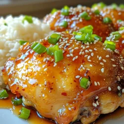 - 4 boneless, skinless chicken thighs - 3 cloves garlic, minced - 1/4 cup honey - 2 tablespoons soy sauce (or coconut aminos) - 1 tablespoon fresh ginger, grated - 1 tablespoon olive oil - 1/2 teaspoon black pepper - 1/2 teaspoon salt - 1/2 teaspoon red pepper flakes (optional, for heat) - Chopped green onions and sesame seeds for garnish When I make Minute Honey Garlic Chicken Thighs, I focus on fresh ingredients. The chicken thighs bring a juicy base. I love using boneless and skinless thighs for quick cooking. Next, garlic adds a wonderful flavor. I use three cloves, minced finely. Honey gives the dish a sweet touch. I prefer local honey for more depth. Soy sauce or coconut aminos adds a savory edge. Fresh ginger offers a nice zing. Grating it brings out its oils and aroma. I use olive oil for cooking. It helps the chicken brown and adds flavor. For seasoning, I use black pepper and salt. These balance the flavors well. If you like heat, add red pepper flakes. Finally, I garnish with green onions and sesame seeds. They add color and crunch. To make the sauce, I start by whisking together the honey, soy sauce, minced garlic, and grated ginger in a bowl. This mix brings together sweet and savory flavors. It is key to balance the flavors. The honey adds sweetness, while the soy sauce adds saltiness. Garlic and ginger give it a nice kick. Make sure these ingredients blend well. Next, I heat olive oil in a large skillet over medium-high heat. I season the chicken thighs with salt and pepper on both sides. When the skillet is hot, I add the chicken thighs. I sear them for about 4-5 minutes until they turn golden brown. This step locks in juices. After that, I flip the chicken over and lower the heat to medium. I pour the honey garlic sauce over the chicken, coating it evenly. I cover the skillet and let the chicken cook for another 5-7 minutes. This ensures the chicken reaches an internal temp of 165°F (75°C). Once cooked, I remove the cover and let the sauce simmer for one more minute. This lets the sauce thicken. Finally, I transfer the chicken to a plate and drizzle the sauce over the top. For a pretty finish, I garnish with chopped green onions and sesame seeds. - Ideal heat levels: Start with medium-high heat. This helps sear the chicken well. After flipping, lower the heat to medium. This cooks the chicken evenly without burning. - Avoiding overcooking: Use a meat thermometer. Check for 165°F (75°C) in the thickest part. This ensures juicy chicken, not dry. - Suggestions for additional spices: Try adding smoked paprika or cumin. These spices give extra depth and warmth. - Using fresh herbs for extra aroma: Fresh thyme or cilantro works great. Add them at the end for a bright touch. - Complementary side dishes: Serve with steamed rice or quinoa. Sautéed veggies like broccoli or bell peppers add color and nutrition. - Beverage pairings for a complete meal: A light white wine, like Sauvignon Blanc, pairs well. For non-alcoholic options, try iced green tea. {{image_2}} You can easily switch the chicken thighs for other meats. Try using pork or beef. Just adjust the cooking time to ensure they cook through. If you want a meatless option, tofu or tempeh work well. Press the tofu to remove extra water, then cut it into thick slices. Marinate it just like the chicken. Cook it for about 6-8 minutes, flipping halfway. Adding citrus flavors can brighten the dish. Squeeze fresh lemon or lime juice into the sauce. You could also add zest from the fruit for extra punch. Want to change up the sauce? Use teriyaki or sweet chili sauce instead of honey. You can even mix in some sriracha for a spicy kick. If you prefer baking, you can make an oven-baked version. Preheat your oven to 400°F (200°C). Place seasoned chicken in a baking dish and pour the sauce over it. Bake for about 25-30 minutes. Grilling adds a nice smoky flavor. Preheat your grill to medium heat. Grill the chicken for about 6-7 minutes on each side. Brush with the sauce while grilling for extra flavor. To keep your Minute Honey Garlic Chicken Thighs fresh, store them in the fridge. Place the chicken in an airtight container. This helps keep the flavors and moisture locked in. You can also use a glass or plastic container with a tight lid. Make sure to eat the leftovers within 3-4 days for the best taste. You can freeze leftover chicken thighs for later use. To do this, place them in a freezer-safe bag. Squeeze out as much air as possible before sealing. This prevents freezer burn. The chicken can stay fresh for up to 3 months in the freezer. When you’re ready to eat, thaw the chicken in the fridge overnight. Reheat your chicken thighs to bring back their tasty flavor. The best way is to use the oven. Preheat it to 350°F (175°C) and place the chicken on a baking dish. Cover it with foil to keep moisture in. Heat for about 10-15 minutes. You can also use a skillet on medium heat. This keeps the chicken juicy and flavorful. Just add a splash of water or leftover sauce to keep it moist. It takes about 20 minutes to cook chicken thighs. Start with 4-5 minutes for searing. Then, cover and cook for another 5-7 minutes. This ensures they reach the safe internal temperature of 165°F (75°C). Cooking time may vary slightly based on the thickness of the thighs. Yes, you can use bone-in chicken thighs. They will take longer to cook. Expect about 30-35 minutes total. Adjust the cooking time to ensure the meat is tender and fully cooked. Absolutely! You can use coconut aminos instead of soy sauce. This swap keeps the dish gluten-free without losing flavor. Always check labels to ensure other ingredients are also gluten-free. Use a meat thermometer to check the internal temperature. The chicken should reach 165°F (75°C). If you don’t have a thermometer, cut into the thickest part. The juices should run clear, and the meat should be no longer pink. I love serving these thighs with steamed rice or quinoa. They pair well with sautéed veggies, like broccoli or bell peppers. You can also add a fresh salad for a balanced meal. Enjoy the mix of flavors and textures! This blog explained how to make a tasty honey garlic chicken dish. You learned about essential ingredients, cooking techniques, and storage tips. I shared ideas for variations, spices, and sides to enhance your meal. Remember, cooking is about enjoying flavors and trying new things. Use this recipe as a base and feel free to make it your own. Enjoy your cooking adventure!
