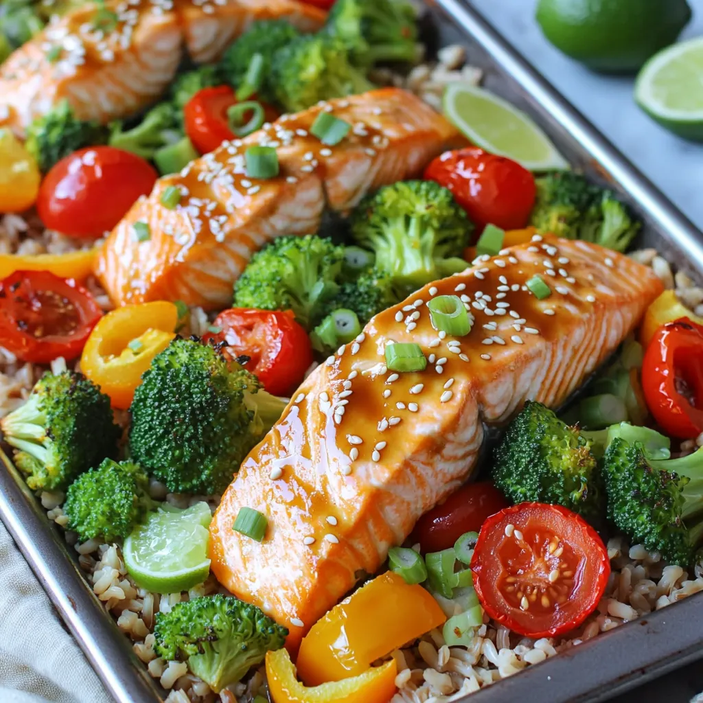 - 4 salmon fillets (6 oz each) - 2 tablespoons sesame oil - 3 tablespoons soy sauce (or tamari for gluten-free) - 1 tablespoon fresh ginger, grated - 2 garlic cloves, minced - 1 tablespoon honey or maple syrup - 1 teaspoon rice vinegar - 1 cup broccoli florets - 1 cup bell peppers, sliced - 1 cup cherry tomatoes, halved - 2 green onions, sliced (for garnish) - 1 tablespoon sesame seeds (for garnish) - 2 cups cooked brown rice (or quinoa) For this recipe, I focus on using fresh and vibrant ingredients. The salmon provides healthy fats and protein. Sesame oil adds a rich, nutty flavor. Soy sauce brings umami, while honey or maple syrup adds a touch of sweetness. Fresh ginger and garlic give it a zesty kick. I love the variety of vegetables in this dish. Broccoli adds crunch and vitamins. Bell peppers bring color and sweetness. Cherry tomatoes are juicy and bright. The green onions and sesame seeds at the end provide a nice touch for garnish and flavor. Lastly, the brown rice or quinoa gives a hearty base. This dish comes together with ease and is perfect for busy nights. You can enjoy a healthy meal without much fuss. It’s a true delight for the senses! - Preheat the oven to 425°F (220°C). - Line a large baking sheet with parchment paper or aluminum foil. - In a medium bowl, whisk together: - 2 tablespoons sesame oil - 3 tablespoons soy sauce - 1 tablespoon fresh ginger, grated - 2 garlic cloves, minced - 1 tablespoon honey or maple syrup - 1 teaspoon rice vinegar This mix adds a sweet and savory taste that makes the salmon shine. - Place the salmon fillets skin-side down on one side of the baking sheet. - Pour half of the marinade over the salmon to coat it well. - On the other side, add: - 1 cup broccoli florets - 1 cup bell peppers, sliced - 1 cup cherry tomatoes, halved - Drizzle the remaining marinade over the veggies and toss them to coat. - Bake in the preheated oven for 15-20 minutes. - Check the salmon for doneness; it should flake easily with a fork. - Ensure the vegetables are tender yet still crisp. - While the salmon and veggies bake, cook 2 cups of rice or quinoa. - Follow the package instructions for best results. - Scoop a generous portion of rice or quinoa into each bowl. - Place a salmon fillet on top and arrange the roasted vegetables beside it. - Garnish with: - 2 green onions, sliced - 1 tablespoon sesame seeds This adds color and crunch, making your meal not just tasty but pretty too! To check if your salmon is done, use a fork. Gently press the thickest part. The fish should flake easily. If it resists, cook for another minute or two. Salmon cooks fast, so watch it closely. Overcooked salmon becomes dry. Aim for a slight pink in the center for perfect moistness. Feel free to experiment with your marinade. Add a splash of lime juice for zest. You can swap honey for maple syrup or agave. Add chili flakes for some heat. Try different herbs like cilantro or basil for unique flavors. You can also include sesame seeds in the marinade for a richer taste. Make your bowls colorful and fun! Use a variety of veggies for a bright look. Arrange the salmon and vegetables neatly. A wedge of lime on the side adds a pop of color. Serve with a sprinkle of green onions and sesame seeds on top. This makes your meal feel gourmet and inviting! {{image_2}} You can easily swap the salmon for other proteins. - Chicken: Use chicken breasts or thighs cut into bite-sized pieces. - Tofu: Firm tofu works great. Press and cut it into cubes. - Shrimp: Toss in shrimp for a quick and tasty option. Each protein pairs well with the sesame ginger marinade. Feel free to change the veggies to your liking. - Carrots: Slice them thin for a sweet crunch. - Zucchini: Cut into half-moons for a soft texture. - Snap Peas: Add these for a fresh and crisp bite. These swaps enhance the dish while keeping that tasty flavor. To make this dish gluten-free, just switch a few items. - Soy Sauce: Use tamari instead of regular soy sauce. - Rice: Stick with brown rice or quinoa, which are gluten-free. These changes keep the flavor intact while ensuring it fits a gluten-free diet. To store leftovers, let the salmon bowls cool first. Place them in an airtight container. They can stay in the fridge for up to three days. Make sure to keep the salmon and veggies separate from the rice or quinoa. This keeps everything fresh and tasty. If you want to freeze the dish, it's best to freeze the salmon and veggies separately from the rice or quinoa. Wrap the salmon and vegetables tightly in plastic wrap or foil. Use freezer-safe bags for the rice or quinoa. You can store them in the freezer for about three months. Remember to label the bags with the date. To reheat, start by thawing the salmon and veggies in the fridge overnight if frozen. For the best texture, heat the salmon in the oven at 350°F (175°C) for about 10 minutes. You can microwave the rice or quinoa for a minute or two. Mix everything together and enjoy your meal! Yes, you can use frozen salmon. It is a great option if you want to save time. When using frozen salmon, thaw it first. You can do this in the fridge overnight or in cold water for about an hour. Once thawed, pat it dry with a paper towel. This helps the marinade stick better. Always check for any ice crystals. They can affect the cooking time. You can serve many tasty sides with these bowls. Here are some ideas: - Steamed asparagus - Roasted sweet potatoes - Cucumber salad - Edamame - Mixed greens with a light dressing These sides can add color and nutrition to your meal. They also complement the flavors of the salmon and veggies. This dish lasts for about 3 to 4 days in the fridge. Make sure to store it in airtight containers. This keeps the salmon and veggies fresh. When you reheat, ensure it reaches 165°F (74°C) to be safe. If you notice any off smells or changes in texture, it’s best to discard them. In this blog post, we explored a simple salmon bowl recipe. We covered the main ingredients, like salmon and vegetables, and the step-by-step process. You learned how to make a tasty marinade and bake everything perfectly. I shared tips for storage and answered common questions. This dish is easy to customize and enjoy. I encourage you to try it out for a healthy meal!