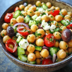 - 1 can (15 oz) chickpeas, drained and rinsed - 1 cup cherry tomatoes, halved - 1 cucumber, diced - 1/2 red onion, finely chopped - 1/2 cup Kalamata olives, pitted and sliced - 1/4 cup feta cheese, crumbled - 1/4 cup fresh parsley, chopped To make this Minute Mediterranean Chickpea Salad, you need fresh and bright ingredients. Chickpeas are the star of this dish. They add protein and fiber. The cherry tomatoes bring sweetness and color. Use firm cucumbers for a crisp bite. Red onion adds a nice kick. Kalamata olives give a salty depth. Feta cheese adds creaminess and tang. Fresh parsley is a must. It brightens the dish and adds a lovely color. - 3 tablespoons olive oil - 2 tablespoons lemon juice - 1 teaspoon dried oregano - Salt and pepper to taste Now, let's talk about the dressing. Olive oil is the base. It gives richness. Lemon juice adds a zesty touch. Dried oregano brings a classic Mediterranean flavor. Don’t forget the salt and pepper! They enhance all the other tastes. You can adjust these to your liking. Together, these ingredients create a simple yet flavorful dressing that ties everything together. First, grab a large mixing bowl. Add the chickpeas, cherry tomatoes, cucumber, red onion, and Kalamata olives. Make sure the chickpeas are drained and rinsed. This keeps the salad fresh and tasty. Next, sprinkle in the crumbled feta cheese and the fresh parsley. This adds a nice touch of color and flavor. Now, let's make the dressing. In a small bowl, whisk together the olive oil, lemon juice, dried oregano, salt, and pepper. Whisking helps mix all the flavors together. Aim for a smooth dressing that coats the salad well. Pour the dressing over your salad mixture. Gently toss everything together. You want to ensure every piece gets some dressing. This step is key for flavor! Taste your salad and adjust the seasoning if needed. If you want it saltier or spicier, add more salt or pepper. Let the salad sit for a minute. This step helps the flavors meld together. The longer the salad sits, the better it tastes. Enjoy the fresh and vibrant flavors in every bite! Using canned chickpeas saves time. They are already cooked and ready to eat. Just drain and rinse them to remove extra salt. This makes your salad quick and easy. Pre-chopping vegetables makes your prep faster. You can chop the cherry tomatoes, cucumber, and red onion ahead of time. Storing them in the fridge helps keep them fresh. This way, you can whip up the salad in no time. This salad tastes best when chilled. Letting it sit in the fridge for a bit helps the flavors mix. Serve it cold for a refreshing bite. Pair this salad with crusty bread for a great meal. You can also add protein like grilled chicken or chickpeas for a fuller dish. It makes a perfect lunch or light dinner. Adding spices or herbs can make your salad pop. Try adding more dried oregano or fresh basil for a twist. A pinch of crushed red pepper gives it a nice kick. You can customize the salad too! Add ingredients like bell peppers or artichokes. These changes keep the salad exciting and fresh each time you make it. {{image_2}} You can switch out chickpeas for other beans. Black beans or white beans work well. They add a different taste and texture. You can also use lentils for a unique twist. If you want to change the cheese, try mozzarella or goat cheese. These cheeses bring new flavors to your salad. If you need a gluten-free meal, this salad is perfect. All the ingredients are naturally gluten-free. You can enjoy it without worry. For vegan options, skip the feta cheese. Instead, use avocado or a vegan cheese. This keeps the salad creamy and tasty. To give your salad a Mediterranean twist, add artichokes. They add a nice texture and earthy flavor. For a spicy kick, throw in jalapeños. Slice them thinly and mix them in for heat. Both options enhance the salad and make it even more delicious. To keep your Minute Mediterranean Chickpea Salad fresh, store it in an airtight container. Place it in the fridge right after serving. This helps keep the flavors intact. You can enjoy it for up to three days. After that, the veggies may get soggy. You can freeze this salad, but it will change the texture. Only freeze the chickpeas and dressing. Avoid freezing fresh veggies and cheese. To freeze, place portions in freezer bags. Squeeze out air and seal tightly. To thaw, put it in the fridge overnight. This salad is best served cold, so no need to reheat. If you want warmth, slightly warm the chickpeas separately. Toss them back into the salad after cooling. This keeps the texture of the fresh ingredients crisp. Enjoy your salad fresh for the best taste! Minute Mediterranean Chickpea Salad lasts about three days in the fridge. To keep it fresh, store it in an airtight container. After three days, the vegetables may get soggy. To enjoy the salad longer, add the dressing just before serving. Yes, you can make this salad ahead of time. Prepare it a few hours before serving. This allows the flavors to blend. If you want to make it a day ahead, that works well too. Just remember to add the dressing right before you eat it. This keeps the salad crisp and tasty. This salad pairs well with many dishes. You can serve it with grilled chicken or fish for a full meal. It also goes great with pita bread or hummus. For a lighter option, serve it with yogurt or a simple soup. The salad can be a side or a main dish, depending on your needs. This blog post covered how to make a delicious Minute Mediterranean Chickpea Salad. We discussed the needed ingredients, how to prepare and assemble the salad, and tips for serving. I shared variations to suit different tastes and dietary needs. Finally, I provided storage tips to keep leftovers fresh. Enjoy your healthy salad, and feel free to customize it to fit your style! Simple, tasty, and packed with flavor, this salad is sure to please anyone.