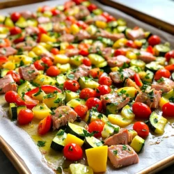 - Tuna and Vegetables - 2 cans of tuna (in water), drained - 1 red bell pepper, sliced - 1 zucchini, sliced - 1 cup cherry tomatoes, halved - 1 red onion, sliced - Aromatics and Seasoning - 4 cloves garlic, minced - 1 lemon (zest and juice) - 1 teaspoon dried oregano - 1 teaspoon smoked paprika - Salt and pepper to taste - Fresh parsley, chopped, for garnish - Pantry Staples - 3 tablespoons olive oil Using fresh, vibrant ingredients makes this dish shine. Tuna is a great source of protein. The red bell pepper adds sweetness and color. Zucchini brings a nice crunch, while cherry tomatoes add juice and tang. The red onion gives a lovely bite, enhancing the whole dish. For flavor, garlic is key. It adds depth and richness. Fresh lemon juice and zest brighten the dish and balance the flavors. Oregano and smoked paprika bring warmth and earthiness. Salt and pepper round out the taste perfectly. Olive oil is a must. It helps everything cook evenly and keeps the dish moist. Using fresh parsley at the end adds a pop of color and freshness. This combination creates a healthy, tasty meal in no time. Get ready to enjoy a colorful and delicious sheet pan dinner! Preparing the Vegetables Start by washing your veggies well. Slice the red bell pepper and zucchini into thin pieces. Cut the cherry tomatoes in half. Slice the red onion into rings. This mix adds color and taste. Combining the Tuna Open the cans of tuna and drain all the water. Place the tuna in a large bowl. Add the sliced bell pepper, zucchini, cherry tomatoes, and red onion. Gently mix them together. This step blends all the flavors. Making the Lemon Garlic Dressing In a small bowl, whisk together minced garlic, lemon juice, and lemon zest. Add olive oil, oregano, smoked paprika, salt, and pepper. Stir this well, ensuring all the ingredients mix. This dressing brings a zesty kick to your dish. Spreading the Mixture Once your mixture is ready, pour the lemon garlic dressing over it. Toss gently until everything is coated with the dressing. Then, spread the mixture evenly on a lined baking sheet. Make sure it is flat for even cooking. Baking Instructions Preheat the oven to 400°F (200°C). Once ready, place the baking sheet inside. Bake for 15 to 20 minutes. You want the veggies to be tender and the edges of the tuna to be slightly crispy. Keep an eye on it to avoid overcooking. Achieving the Perfect Texture To get a great texture, check the veggies after 15 minutes. They should be soft but not mushy. The tuna should have a slight crispness on the edges. This gives a nice contrast to the tender veggies. Garnishing Options After baking, take out the pan and let it cool for a couple of minutes. Garnish with fresh chopped parsley. This adds a pop of color and a hint of freshness. Pairing Ideas Serve your lemon garlic tuna and veggies with a side of rice or quinoa. You can also pair it with a light salad. This makes a complete meal that is both healthy and tasty. To make your dish pop, you can adjust the seasoning. Try adding more salt or pepper to taste. You can also add a splash of soy sauce for a savory kick. If you want a bit more zest, add more lemon juice. For herbs, consider using fresh basil or thyme. These herbs can bring a new twist to your dish. You can also swap out oregano for Italian seasoning. This can enhance the dish's overall flavor and make it more unique. Check your veggies for doneness by piercing them with a fork. They should be soft but not mushy. If you have thicker cuts, they may need extra time. Keep an eye on them to avoid overcooking. When cooking the tuna, make sure to watch the time closely. Tuna cooks fast and can dry out quickly. Remove it from the oven when it’s just cooked through. This keeps it juicy and flavorful. Prep and cleanup can be quick if you plan ahead. Use a large bowl for mixing ingredients. This reduces the number of dishes you will need to clean. Using parchment paper on your baking sheet helps a lot. It makes cleanup a breeze. Foil can also work, but it might not be as easy to clean. Choose what works best for you to make cooking fun and stress-free. {{image_2}} You can swap out vegetables based on what you like. Here are some ideas: - Broccoli florets add crunch. - Carrots bring a touch of sweetness. - Green beans offer a nice snap. - Asparagus gives a fresh taste. Using fresh tuna is great, but canned works well too. Canned tuna is easy and quick. It saves time and keeps the dish simple. Fresh tuna gives a richer flavor but requires more prep. If you go fresh, sear it lightly before baking for a tender bite. Want some heat? Try adding red pepper flakes or diced jalapeños. This adds a spicy kick to the dish. You can also use a spicy sauce to drizzle on top before serving. To switch to a Mediterranean style, use olives and feta cheese. Add some chopped spinach or artichokes for extra flavor. You can also use Italian herbs like basil and thyme to enhance the taste. For a gluten-free option, this recipe is already safe! All the ingredients are gluten-free. To make it low-calorie, use less olive oil. You can also skip the tuna and use chickpeas instead for a plant-based twist. This keeps the dish light and healthy while still being filling. Refrigeration Guidelines You should store any leftovers in an airtight container. Keep the container in the fridge. The dish stays fresh for up to three days. Make sure to let it cool before sealing. Freezing for Later If you want to keep it longer, freezing works well. Place the leftovers in a freezer-safe container. Use plastic wrap or foil to cover it tightly. This way, it can last for up to three months. Remember to label the container with the date. Best Methods for Reheating The best way to reheat your dish is in the oven. Set the oven to 350°F (175°C). Bake for about 10-15 minutes until heated through. You can also use a microwave. Heat in short bursts of one minute. Stir in between for even heating. Avoiding Soggy Vegetables To keep your veggies crisp, avoid reheating too long. If using a microwave, cover loosely with a paper towel. This helps steam escape. For the oven, place on a baking sheet to keep the texture. Enjoy your delicious meal again without losing its charm! Can I use fresh tuna instead of canned? Yes, you can use fresh tuna. Just make sure to sear it first. This gives it a nice flavor. Cut the fresh tuna into chunks. Cook it briefly to keep it tender. How long can I store the leftovers? You can store leftovers in the fridge for up to three days. Place them in an airtight container. When ready to eat, reheat gently to keep the veggies crisp. What can I serve with this dish? This dish pairs well with rice or quinoa. A simple green salad also works great. You can even serve it with crusty bread for a hearty meal. Can I prep the ingredients in advance? Absolutely! You can chop the veggies and store them. Keep the tuna separate until you are ready to cook. This will save you time on busy nights. Is there a recommended side dish for this recipe? A light cucumber salad complements this dish well. It adds freshness and crunch. You could also serve it with a side of roasted potatoes. How can I adjust for smaller or larger servings? To adjust servings, simply scale the ingredients. For fewer servings, use one can of tuna and half the veggies. For more, just double everything and use a bigger pan. This article covered important steps for making a tasty tuna dish. We explored key ingredients, how to prep, and cook everything. I shared flavor tips, storage advice, and fun variations to keep things fresh. Remember, you can adjust the recipe to fit your taste. Enjoy the process and get creative in your kitchen! Simple meals can bring great joy. Happy cooking!