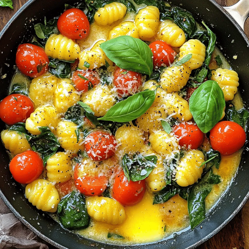 To make Minute Garlic Butter Gnocchi Skillet, you need a few simple items. These ingredients make the dish tasty and quick. Here’s what you’ll need: - 1 package (16 oz) potato gnocchi - 4 tablespoons unsalted butter - 4 cloves garlic, minced - 1 cup cherry tomatoes, halved - 2 cups fresh spinach - Salt and pepper to taste - 1 teaspoon red pepper flakes (optional for heat) - ¼ cup grated Parmesan cheese - Fresh basil leaves for garnish Each ingredient adds a special touch. The potato gnocchi gives a soft texture. The unsalted butter is key for richness. Garlic brings a lovely aroma and flavor. Cherry tomatoes add color and sweetness. Spinach boosts nutrition and freshness. Seasonings like salt, pepper, and red pepper flakes add depth. Parmesan cheese adds a savory finish, and fresh basil makes it pretty. Gather these items before you start. It will help you cook quickly. Enjoy the process as you create this delicious meal! First, fill a large pot with water and add salt. Bring the water to a boil. This usually takes about 5 minutes. Once it boils, add the potato gnocchi. Cook them for about 2-3 minutes. You know they are done when they float to the top. Use a strainer to drain the gnocchi. Set them aside for later. Next, take the same skillet you used for the gnocchi. Add 4 tablespoons of unsalted butter. Heat it on medium heat until it melts. Then, add 4 cloves of minced garlic. Sauté the garlic for about 1 minute. Make sure not to let it burn, as this will change the flavor. Now it’s time to add more flavor. Toss in 1 cup of halved cherry tomatoes. Cook them for another 2-3 minutes until they start to soften. After that, add the drained gnocchi from before. Gently mix them in the garlic butter. Next, add 2 cups of fresh spinach. Let it wilt for 1-2 minutes. Season the mix with salt, pepper, and red pepper flakes if you want some heat. Lastly, sprinkle in ¼ cup of grated Parmesan cheese. Stir lightly so it mixes well. Serve hot, garnished with fresh basil leaves for that special touch. - Avoiding burnt garlic: Cook minced garlic on medium heat. Stir it often. Remove it from heat once it is fragrant. If it turns brown, it will taste bitter. - How to sauté spinach effectively: Add spinach after the gnocchi. Cook it for 1-2 minutes. Stir until it wilts but stays bright green. This keeps the flavor fresh. - Best ways to serve: Dish the gnocchi hot in a bowl. Add a sprinkle of fresh basil. This makes the dish look nice and adds flavor. - Pairing with sides or drinks: Serve with a light salad or crusty bread. Pair with a glass of white wine or sparkling water for a refreshing touch. - Additional spices and herbs: Try adding a pinch of nutmeg for warmth. Fresh thyme or oregano can also boost the taste. - Using different cheeses: Swap Parmesan for feta or goat cheese for a tangy twist. This adds creaminess and depth to your dish. {{image_2}} If you want to switch up the gnocchi, you can use other pasta types. Try small shells or orecchiette for a fun twist. For a gluten-free option, look for gnocchi made from rice or chickpeas. If you need a dairy-free option, use vegan butter instead of unsalted butter. Nutritional yeast can add a cheesy flavor without dairy. Adding protein can make this dish heartier. You can toss in cooked chicken for a juicy bite. Shrimp is another tasty choice; just sauté them until pink and tender. If you prefer sausage, try slicing it and browning it in the skillet before adding the garlic. This adds flavor and makes the meal more filling. Using seasonal veggies makes this dish fresh. In spring, add asparagus or peas for a burst of color. Summer is great for zucchini and bell peppers, which add crunch. In fall, consider roasted butternut squash for sweetness. Winter greens like kale or Swiss chard can also work well. Incorporating seasonal ingredients keeps your meal exciting. To keep your leftovers fresh, use an airtight container. This helps prevent moisture loss and keeps flavors intact. Place the gnocchi in the container and seal it well. If you refrigerate, they will stay good for up to three days. For longer storage, freezing is a great option. Just make sure to freeze them in a single layer first. This way, they don’t stick together. When reheating, you want to keep the gnocchi soft and tender. The best method is to use a skillet over low heat. Add a splash of water or broth to help steam them a bit. Cover the skillet to trap the heat. Stir gently until heated through. You can also microwave them, but the texture may change. If using the microwave, add a few drops of water and cover. The ingredients in this dish have different shelf-lives: - Potato gnocchi: Unopened packages can last up to a year. Opened packages should be used within two weeks. - Unsalted butter: Lasts about 4 months in the fridge and up to a year in the freezer. - Garlic: Fresh garlic can last up to three weeks at room temperature. - Cherry tomatoes: Best used within a week, but can last up to two weeks in the fridge. - Fresh spinach: Should be used within a week for the best flavor and texture. - Parmesan cheese: Can last up to a month in the fridge, longer if frozen. - Basil leaves: Best used fresh, within a week. Proper storage helps you enjoy this tasty meal longer! You know gnocchi is done when it floats to the top of the water. This usually takes about 2-3 minutes. When it rises, it's light and ready to eat. If you taste one, it should be tender but not mushy. Keep an eye on the time to avoid overcooking. Yes, you can use frozen gnocchi! There’s no need to thaw it first. Just drop it straight into boiling water. Follow the cooking time on the package. Frozen gnocchi cooks the same way as fresh. It’s a great time-saver and still tastes amazing. If you want to skip heavy cream, try using half-and-half or whole milk. You can also use coconut milk for a dairy-free option. Another choice is to blend silken tofu with a bit of water. This gives a creamy texture with fewer calories. Yes, you can make this recipe vegan! Use vegan butter instead of regular butter. Skip the cheese or use a plant-based cheese. For cream, replace it with coconut milk or a nut milk. Fresh spinach and tomatoes add great flavor without any animal products. This blog post walks you through making delicious garlic butter gnocchi. We covered the key ingredients, step-by-step cooking instructions, and valuable tips. You learned how to enhance flavors and serve it perfectly. I shared ideas for variations, like adding proteins and seasonal veggies. Finally, storing and reheating tips can help keep leftovers tasty. Enjoy your cooking adventure, and remember, gnocchi is flexible and fun. Just make it your own!