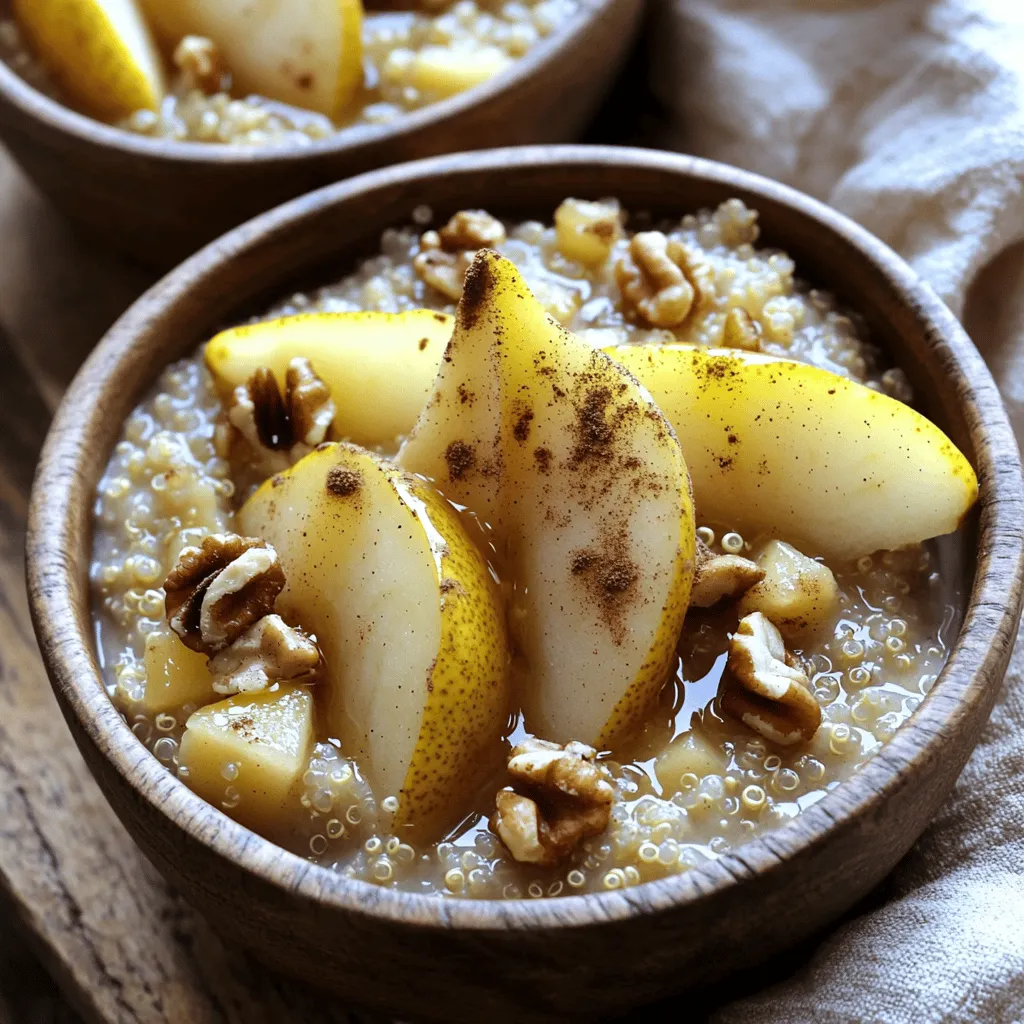 To make this delicious porridge, you need just a few main items: - 1 cup quinoa, rinsed - 2 ripe pears, peeled and diced - 4 cups almond milk (or any milk of choice) Quinoa is our star grain. It cooks up fluffy and adds protein. Ripe pears bring sweetness and creaminess. Almond milk makes it smooth and rich. Next, we add warmth and flavor with spices and sweeteners: - 1 teaspoon cinnamon - 1/2 teaspoon nutmeg - 1 tablespoon maple syrup (adjust based on sweetness preference) Cinnamon gives a cozy taste, while nutmeg adds depth. Maple syrup is the perfect natural sweetener. You can adjust it based on how sweet you like your porridge. For extra flavor and texture, consider these optional ingredients: - 1/4 cup chopped walnuts (optional) - 1/4 cup dried cranberries (or raisins) - Fresh pear slices for topping Chopped walnuts add a nice crunch. Dried cranberries bring a tart note. Fresh pear slices on top make the dish look pretty and fresh. These additions help to make your breakfast porridge unique and delightful. Start by rinsing the quinoa. Rinsing removes the bitter coating. Use a fine mesh strainer for best results. Next, peel the pears. Dicing them into small pieces makes them cook evenly. Aim for bite-sized chunks. You want them to blend well into the porridge. In your slow cooker, combine the rinsed quinoa and diced pears. Add the almond milk, cinnamon, nutmeg, maple syrup, and a pinch of salt. Stir everything together. This helps all the flavors mix. Make sure the quinoa is fully submerged in the milk. Once mixed, cover the slow cooker with its lid. For cooking, you have two options: low heat or high heat. On low heat, cook for 6 to 8 hours. This gives the quinoa a creamy texture. On high heat, it cooks in about 3 to 4 hours. Both methods work well. The quinoa will be fluffy, and the mixture will be creamy. To change the sweetness, use less or more maple syrup. Start with one tablespoon. Taste the porridge after cooking. If you want it sweeter, add more syrup. This lets you control the flavor. You can also use honey or agave if you like. For a creamy porridge, use enough liquid. Almond milk makes it smooth and rich. Make sure to stir the pot halfway through cooking. This helps blend the flavors and keep it fluffy. If it seems too thick, add a splash more milk before serving. Presentation adds joy to breakfast. Serve the porridge in rustic bowls. Top it with fresh pear slices and chopped walnuts. A sprinkle of cinnamon adds warmth. A drizzle of maple syrup makes it look inviting. These touches make each bowl special and tasty. {{image_2}} You can switch out the pears for other fruits. Apples work well, too. You can also try berries. They add a nice burst of flavor. If you prefer, peaches or mangoes can be great choices in summer. For nuts, walnuts are nice, but pecans can add a different taste. You can even use sunflower seeds if you want a nut-free option. This allows you to make it your own! This recipe is easy to make vegan. Just use almond milk or another plant milk. It's also gluten-free since quinoa is naturally gluten-free. If you need nut-free, skip the walnuts and choose seeds. You can still enjoy a creamy texture without nuts. Always check labels for any hidden allergens, though. This way, everyone can enjoy the porridge! Want to add more flavor? Try mixing in vanilla extract. It pairs nicely with the sweet pears. You can also add fresh ginger for a spicy kick. Just a small amount can make a big difference. Both options are simple ways to make your porridge even better. Feel free to experiment with flavors that you love! After enjoying your Slow Cooker Spiced Pear Quinoa Breakfast Porridge, store leftovers in an airtight container. Keep it in the fridge for up to five days. This way, your delicious porridge stays fresh and ready to eat. To keep the flavors intact, avoid using large containers. Smaller portions work best. When you’re ready to enjoy your leftover porridge, reheat it on the stove or in the microwave. If using the stove, add a splash of almond milk for creaminess. Heat it on low, stirring often. If using the microwave, heat in short bursts, about 30 seconds each, stirring between sessions. This keeps it from getting too hot or dry. You can freeze your porridge if you have more than you can eat. Let it cool completely before packing it into freezer-safe bags or containers. Make sure to remove as much air as possible to prevent freezer burn. When you’re ready to eat, thaw it in the fridge overnight. Then reheat as described above for the best results. This method helps keep your meal tasty and enjoyable. Yes, you can use water. It will make the porridge lighter. However, almond milk adds creaminess and flavor. You can try other milks too, like oat or soy. Each will bring a unique taste to the dish. Quinoa is done when it looks fluffy and the grains open. You will see little spirals called germ around the grains. If it feels soft, it's ready. It usually takes about 15 minutes to cook, but in the slow cooker, it will take longer. Remember, the slow cooker makes it creamy. Yes, you can prep this dish ahead of time! You can mix the dry ingredients and store them in a container. When you are ready, just add the wet ingredients and cook. After cooking, store leftovers in the fridge. It stays good for about 4 days. For easy meals, reheat portions in the microwave or on the stove. This blog post showed you how to make a tasty quinoa porridge. You learned about the best ingredients like quinoa, pears, and almond milk. The post covered easy steps for cooking, plus tips for flavor and texture. With options for diet needs and storage advice, you have everything you need. Now, you can enjoy a warm bowl of quinoa porridge any time you like. Happy cooking!