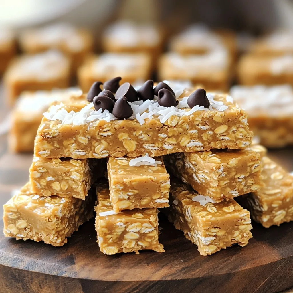 To make these tasty No Bake Almond Butter Oat Bars, you need: - 2 cups rolled oats - 1 cup almond butter - 1/2 cup honey or maple syrup - 1/2 cup shredded coconut - 1/2 cup chopped nuts (e.g., almonds or walnuts) - 1/2 cup dark chocolate chips (dairy-free if needed) - 1 teaspoon vanilla extract - 1/2 teaspoon sea salt You can easily swap ingredients if needed. Try these options: - Peanut butter works well instead of almond butter. - Agave syrup can replace honey or maple syrup. - Use any nuts you like, such as pecans or cashews. - For a nut-free option, use sunflower seed butter. - You can leave out the chocolate chips or replace them with dried fruit. Each ingredient brings health perks to your bars: - Rolled oats are high in fiber and keep you full. - Almond butter provides healthy fats and protein for energy. - Honey or maple syrup adds natural sweetness and antioxidants. - Shredded coconut offers healthy fats and adds texture. - Chopped nuts add crunch and are rich in vitamins and minerals. - Dark chocolate chips have antioxidants and can boost mood. - Vanilla extract adds flavor and can improve cognitive function. - Sea salt helps balance electrolytes and enhances flavor. With these selections, your snack is not only delicious but also packed with nutrients. To make these no bake almond butter oat bars, start with two cups of rolled oats. Place the oats in a large bowl. Add half a cup of shredded coconut and half a cup of chopped nuts. I like to use almonds or walnuts, but you can choose your favorite. Mix these dry ingredients well. This step is key for even flavor in every bite. Next, grab another bowl. Add one cup of almond butter, half a cup of honey or maple syrup, one teaspoon of vanilla extract, and half a teaspoon of sea salt. Stir this mixture until it is smooth. You want it to blend nicely. Now, pour this almond butter mix over the oat mix. Use a spatula or your hands to combine them. Make sure every oat is coated. After that, fold in half a cup of dark chocolate chips. This adds a nice touch of sweetness. Mixing is important. If you don't mix well, some bars may be dry. I recommend using your hands for the best mix. It helps you feel the texture. When you mix, ensure every part gets almond butter and honey. If the mixture feels too dry, you can add a splash of water or more almond butter. If it’s too sticky, add a bit more oats. Adjust until it feels just right! For easy removal, line an 8x8 inch baking dish with parchment paper. This helps keep your bars intact. Once lined, transfer the oat mixture into the dish. Press it down firmly with your hands or a spatula. You want it to be packed evenly. After pressing, place the dish in the fridge. Let it chill for about two hours. This step helps the bars set and hold their shape. Once set, lift the bars out using the parchment paper. Now, you can cut them into squares or rectangles. Enjoy your healthy snack! Store your oat bars in an airtight container. This keeps them fresh and tasty. Place parchment paper between layers to prevent sticking. You can keep them in the fridge for up to one week. For longer storage, freeze them. Wrap each bar in plastic wrap before freezing. This way, they stay moist and delicious for up to three months. Avoid using dry oats; they need to be rolled oats for the best texture. Do not skip the almond butter; it binds the bars. If the mixture feels too dry, add a bit more almond butter or honey. Press the mixture into the dish firmly. This helps the bars hold together when cut. Lastly, don’t rush the chilling time; letting them set is key. To boost the flavor, try adding spices like cinnamon or nutmeg. You can also mix in dried fruits like cranberries or apricots for a sweet twist. If you love crunch, add more nuts or seeds. For a chocolatey kick, top with melted dark chocolate. These small changes can make your bars even more exciting and delicious. {{image_2}} You can easily change the flavor of your oat bars. A pinch of cinnamon adds warmth. Try adding nutmeg for a spicy kick. You can also mix in dried fruits like cranberries or raisins. These give a burst of sweetness and chewiness. Feel free to experiment with your favorite flavors. Just keep the balance in mind. While almond butter is great, other nut butters work well too. Peanut butter gives a classic taste. Cashew butter offers a creamy texture. Sunflower seed butter is an excellent nut-free option. Each nut butter adds its unique flavor and texture. Just make sure to choose a natural version without added sugar. You can make these bars vegan with a few simple swaps. Replace honey with maple syrup or agave nectar. This keeps the sweetness while staying plant-based. Make sure your chocolate chips are dairy-free too. These small changes help everyone enjoy this tasty snack. To keep your bars fresh, store them in an airtight container. Layer parchment paper between bars to prevent sticking. This way, they stay intact and ready to enjoy. Place the container in the refrigerator for the best results. The cool air will keep the bars firm and tasty. You can freeze these bars for longer storage. Wrap each bar in plastic wrap or foil. Then, place them in a freezer-safe bag or container. Make sure to remove as much air as possible. When you want a snack, pull one out and let it thaw for about 15 minutes. In the fridge, these bars last about one week. If you freeze them, they can last for up to three months. Always check for any signs of spoilage, like a strange smell or mold. If stored properly, you'll enjoy a healthy snack anytime! Yes, you can use maple syrup instead of honey. Maple syrup adds a nice sweetness. You can also try agave syrup if you want a vegan option. Just keep the same amount, so it mixes well with the other ingredients. These bars stay fresh in the fridge for about one week. Store them in an airtight container to keep them from drying out. You can cut them into squares or rectangles for easy snacking. Absolutely! Use certified gluten-free rolled oats. Most oats contain gluten from cross-contamination. Always check labels for gluten-free options. This makes the bars safe for those with gluten sensitivities. You can use peanut butter as a great alternative. Sunflower seed butter works well too if you need a nut-free option. Just pick a nut or seed butter you enjoy for the same creamy texture. This article covered how to make tasty no-bake almond butter oat bars. We discussed the ingredients, cooking process, and storage tips. You learned about ingredient swaps and health benefits too. Each step is simple and fun, making it easy for you to try. Remember to avoid common mistakes and find your favorite flavor mix. Enjoy making these bars healthier and more delicious! You will create a snack that everyone can love.