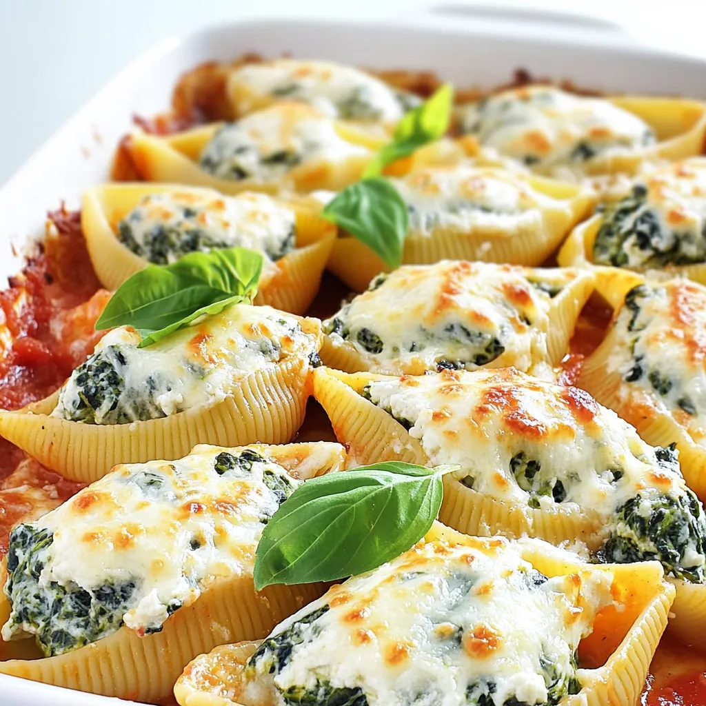To make creamy spinach ricotta stuffed shells, gather these key items: - 1 package (12 oz) jumbo pasta shells - 2 cups fresh spinach, chopped - 1 cup ricotta cheese - 1 cup shredded mozzarella cheese (plus extra for topping) - ½ cup grated Parmesan cheese - 1 egg, beaten - 1 teaspoon garlic powder - 1 teaspoon dried Italian herbs (basil, oregano, thyme) - 1 jar (24 oz) marinara sauce - Salt and pepper to taste - Fresh basil leaves for garnish (optional) These ingredients create a rich and smooth filling that pairs perfectly with marinara sauce. You can add flavors to suit your taste. Here are some optional ingredients: - Cooked ground meat for a heartier filling - Chopped sun-dried tomatoes for extra flavor - A splash of lemon juice for brightness - A pinch of red pepper flakes for heat Feel free to mix and match these options. This way, you can create your own unique dish. Each serving of creamy spinach ricotta stuffed shells is packed with flavor. Here’s the basic nutritional info: - Calories: Approximately 400 - Protein: 20 grams - Fat: 20 grams - Carbohydrates: 40 grams - Fiber: 3 grams This dish gives a good balance of nutrients, making it a delightful meal option. Enjoy! First, I start by boiling water. I use a large pot and add salt. Bring the water to a boil. Next, I add the jumbo pasta shells. I cook them until they are al dente, about 10-12 minutes. After cooking, I drain the shells in a colander. I let them cool slightly so they are easier to handle. In a mixing bowl, I combine the chopped spinach and ricotta cheese. I add 1 cup of shredded mozzarella and half a cup of Parmesan cheese. Next, I crack one egg and beat it before adding it to the bowl. I sprinkle in the garlic powder and dried Italian herbs. Finally, I season the mixture with salt and pepper. I mix it all together until it is well combined and creamy. In a 9x13 inch baking dish, I spread a thin layer of marinara sauce. Then, I carefully fill each pasta shell with the creamy filling using a teaspoon. I place the stuffed shells in a single layer on top of the sauce. After that, I pour the rest of the marinara sauce over the shells, covering them well. I sprinkle the remaining mozzarella cheese on top. I cover the dish with foil and bake it at 375°F for 25 minutes. Then, I remove the foil and bake for another 10-15 minutes. The cheese should be bubbly and golden when done. To make the filling extra creamy, use whole milk ricotta. This cheese has a rich texture that adds depth. Mixing in some cream cheese works too. It brings a smoothness that really shines. You can also blend in a bit of sour cream for a tangy twist. For added flavor, toss in some fresh herbs like parsley or chives. They brighten the filling and enhance the taste. Baking stuffed shells is all about the right temperature and timing. Always preheat your oven to 375°F (190°C). This helps the cheese melt evenly. Cover your dish with foil for the first part of baking. This keeps the moisture in. After 25 minutes, remove the foil to let the cheese brown. Watch closely to avoid burning. If you want extra crispiness, broil for a couple of minutes at the end. Creamy spinach ricotta stuffed shells pair well with a simple salad. A fresh side salad with mixed greens and a light vinaigrette works great. You can also serve garlic bread on the side for a cozy meal. If you love extra veggies, roasted zucchini or asparagus will complement the dish. For wine lovers, a light white wine like Pinot Grigio enhances the flavors nicely. {{image_2}} You can add more veggies to your spinach ricotta stuffed shells. Try adding finely chopped mushrooms, bell peppers, or zucchini. These veggies give extra flavor and texture. Just make sure to sauté them first. This softens them and brings out their taste. You can also use kale instead of spinach for a twist. It’s a great way to sneak in more greens. Switching up the cheeses can change the whole dish. Use goat cheese for a tangy kick. You can mix in feta for a salty flavor. For a richer taste, try using cream cheese. Each cheese brings its unique flavor. Combine two or more types for a creamy filling that stirs your taste buds. If you need a gluten-free option, use gluten-free pasta shells. Many brands offer this now. Be sure to check the package for cooking times. They might need different care than regular pasta. You can also use zucchini or eggplant slices instead of shells. This makes a low-carb option that is just as tasty. Enjoy making this recipe your own! After enjoying your creamy spinach ricotta stuffed shells, store leftovers in an airtight container. Make sure to cool them to room temperature first. Keep them in the fridge for up to three days. If you want to enjoy them later, proper storage is key to keeping the dish fresh. When you're ready to enjoy your leftovers, preheat your oven to 350°F (175°C). Place the stuffed shells in a baking dish and cover with foil. Heat for about 20 minutes until warm. Alternatively, you can microwave them on a plate. Heat for one to two minutes, checking often to avoid overheating. To freeze the stuffed shells, let them cool completely first. Place them in a freezer-safe container or wrap them in plastic wrap and foil. They can last in the freezer for up to three months. When you're ready to eat, thaw in the fridge overnight and follow the reheating instructions above. Enjoying a delicious meal has never been easier! Yes, you can swap cheeses. Try cottage cheese for a lighter option. For a sharper taste, add feta cheese. Goat cheese also works well. Mix cheeses for more flavor. These shells pair well with a fresh salad. A simple green salad adds crunch. Garlic bread complements the meal nicely. You can also serve with steamed veggies. Pairing with a light white wine enhances the flavors. Check for bubbly cheese and a golden top. The sauce should be hot and steaming. If you poke a shell, it should feel warm inside. Let it cool for a few minutes before serving. Enjoy your tasty delight! You’ve learned about making creamy spinach ricotta stuffed shells, from choosing ingredients to baking. We explored main and optional ingredients, emphasized tips for creamy filling, and discussed fun variations. You can now customize your dish for taste and dietary needs. Remember to store leftovers properly for later meals. Enjoy your cooking! Try new flavors, and make this dish your own. Happy eating!